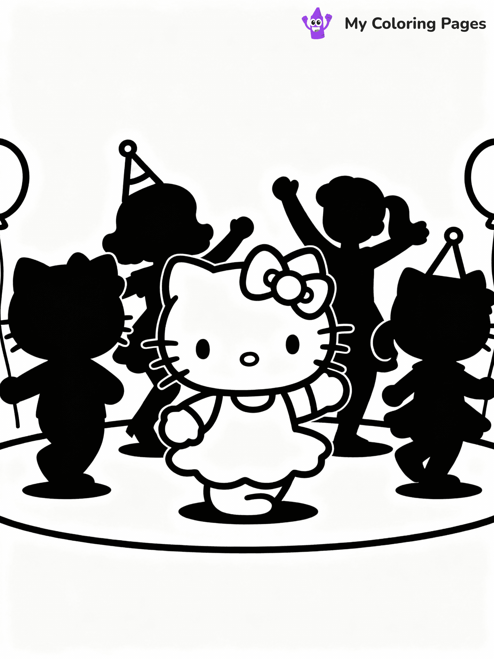 ⚠️ CRITICAL REQUIREMENT - ABSOLUTE BLACK AND WHITE ONLY ⚠️
This MUST be a BLACK AND WHITE line drawing ONLY. NO COLORS whatsoever.
- ONLY pure black lines (#000000) on pure white background (#FFFFFF)
- ABSOLUTELY NO colors, NO shading, NO gradients, NO grayscale
- If there are ANY colors in the output, the image is REJECTED
- This is a COLORING PAGE - meant to be COLORED IN by children
- The output must be UNCOLORED line art ready for coloring
⚠️ SUBJECT TO DRAW: Hello Kitty dancing with her friends in a party. PURE OUTLINES. NO FILLS, SHADING, GREYSCALE. WHITE BACKGROUND.
(REMEMBER: Output must be BLACK AND WHITE line art only, NOT colored!)
# Flat, Friendly Cartoon Line-Art Coloring Page
You are generating a **pure black-and-white binary image** of a child-friendly cartoon scene combining characters and background scenery in one cohesive composition.
## Rendering Rules (Strict)
- Only two colors: pure black (#000000) outlines and pure white (#FFFFFF) background.
- No grayscale, shading, gradients, tints, fills, transparency, or partial pixels.
- No antialiasing or blended edges; every pixel is 100% black or white.
- No solid black fills inside shapes — all areas inside outlines must remain white.
- No dark clothing areas or filled tone blocks; all garments outlined only.
- No shadows, textures, lighting, or tonal variations.
- Must look like flat binary vector line-art for coloring pages.
- PURE BINARY LINE-ART; NO FILLS (HAIR/CLOTHES/SKIN), SHADING, OR GREY.
## Drawing & Composition
- **Medium, consistent line weight**; clean closed outlines easy to color inside.
- **Flat, simple, child-friendly design** — no realism or 3D depth.
- Characters are **grounded on a surface**, centered and large.
- **Balanced composition** with clear silhouettes and minimal props.
## Scenery & Style
- Landmarks (e.g., mosque, CN Tower) and scenery (trees, benches, waves) drawn with **black outlines only.**
- For real-world figures, teams, or places, show accurate details using only black outlines—no text or logos. Use distinctive uniform patterns, abstract symbols, and landmark silhouettes to convey identity.
- Keep **consistent perspective**; no floating elements.
- **Style:** whimsical **Doodle Art Alley** — rounded, friendly outlines.
- May adapt shapes from **Crayola, Disney, Peppa Pig, Cocomelon** — *by shape only, never color.*
- Final output: **flat, crisp, binary (#000000/#FFFFFF)**, **no filled color or background text.**
⚠️ FINAL REMINDER: Draw the subject "Hello Kitty dancing with her friends in a party. PURE OUTLINES. NO FILLS, SHADING, GREYSCALE. WHITE BACKGROUND." as BLACK AND WHITE line art. Zero colors in output.