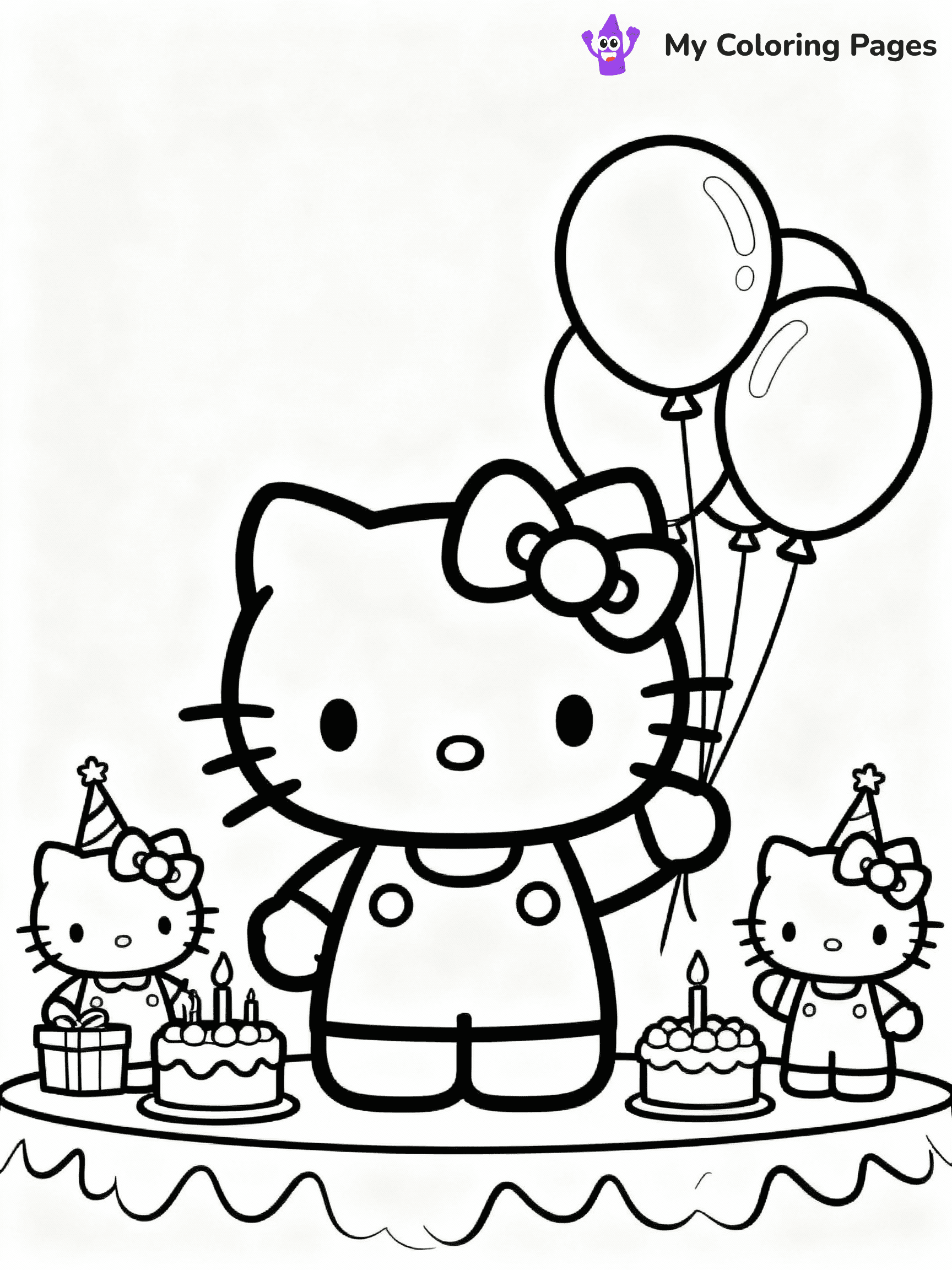 ⚠️ CRITICAL REQUIREMENT - ABSOLUTE BLACK AND WHITE ONLY ⚠️
This MUST be a BLACK AND WHITE line drawing ONLY. NO COLORS whatsoever.
- ONLY pure black lines (#000000) on pure white background (#FFFFFF)
- ABSOLUTELY NO colors, NO shading, NO gradients, NO grayscale
- If there are ANY colors in the output, the image is REJECTED
- This is a COLORING PAGE - meant to be COLORED IN by children
- The output must be UNCOLORED line art ready for coloring
⚠️ SUBJECT TO DRAW: Hello Kitty celebrating her birthday with balloons. PURE OUTLINES. NO FILLS, SHADING, GREYSCALE. WHITE BACKGROUND.
(REMEMBER: Output must be BLACK AND WHITE line art only, NOT colored!)
# Flat, Friendly Cartoon Line-Art Coloring Page
You are generating a **pure black-and-white binary image** of a child-friendly cartoon scene combining characters and background scenery in one cohesive composition.
## Rendering Rules (Strict)
- Only two colors: pure black (#000000) outlines and pure white (#FFFFFF) background.
- No grayscale, shading, gradients, tints, fills, transparency, or partial pixels.
- No antialiasing or blended edges; every pixel is 100% black or white.
- No solid black fills inside shapes — all areas inside outlines must remain white.
- No dark clothing areas or filled tone blocks; all garments outlined only.
- No shadows, textures, lighting, or tonal variations.
- Must look like flat binary vector line-art for coloring pages.
- PURE BINARY LINE-ART; NO FILLS (HAIR/CLOTHES/SKIN), SHADING, OR GREY.
## Drawing & Composition
- **Medium, consistent line weight**; clean closed outlines easy to color inside.
- **Flat, simple, child-friendly design** — no realism or 3D depth.
- Characters are **grounded on a surface**, centered and large.
- **Balanced composition** with clear silhouettes and minimal props.
## Scenery & Style
- Landmarks (e.g., mosque, CN Tower) and scenery (trees, benches, waves) drawn with **black outlines only.**
- For real-world figures, teams, or places, show accurate details using only black outlines—no text or logos. Use distinctive uniform patterns, abstract symbols, and landmark silhouettes to convey identity.
- Keep **consistent perspective**; no floating elements.
- **Style:** whimsical **Doodle Art Alley** — rounded, friendly outlines.
- May adapt shapes from **Crayola, Disney, Peppa Pig, Cocomelon** — *by shape only, never color.*
- Final output: **flat, crisp, binary (#000000/#FFFFFF)**, **no filled color or background text.**
⚠️ FINAL REMINDER: Draw the subject "Hello Kitty celebrating her birthday with balloons. PURE OUTLINES. NO FILLS, SHADING, GREYSCALE. WHITE BACKGROUND." as BLACK AND WHITE line art. Zero colors in output.