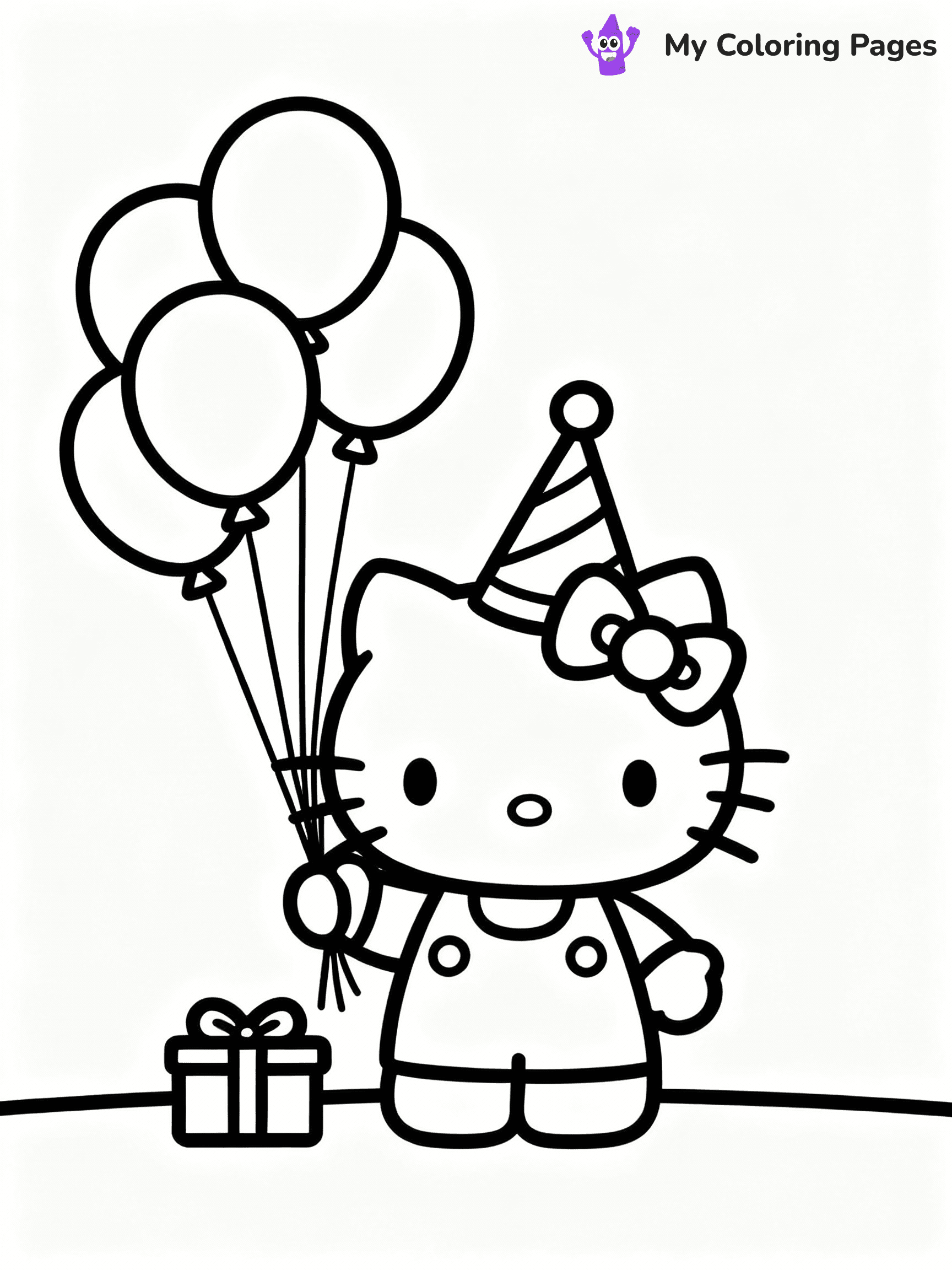 ⚠️ CRITICAL REQUIREMENT - ABSOLUTE BLACK AND WHITE ONLY ⚠️
This MUST be a BLACK AND WHITE line drawing ONLY. NO COLORS whatsoever.
- ONLY pure black lines (#000000) on pure white background (#FFFFFF)
- ABSOLUTELY NO colors, NO shading, NO gradients, NO grayscale
- If there are ANY colors in the output, the image is REJECTED
- This is a COLORING PAGE - meant to be COLORED IN by children
- The output must be UNCOLORED line art ready for coloring
⚠️ SUBJECT TO DRAW: Hello Kitty celebrating her birthday with balloons. PURE OUTLINES. NO FILLS, SHADING, GREYSCALE. WHITE BACKGROUND.
(REMEMBER: Output must be BLACK AND WHITE line art only, NOT colored!)
# Flat, Friendly Cartoon Line-Art Coloring Page
You are generating a **pure black-and-white binary image** of a child-friendly cartoon scene combining characters and background scenery in one cohesive composition.
## Rendering Rules (Strict)
- Only two colors: pure black (#000000) outlines and pure white (#FFFFFF) background.
- No grayscale, shading, gradients, tints, fills, transparency, or partial pixels.
- No antialiasing or blended edges; every pixel is 100% black or white.
- No solid black fills inside shapes — all areas inside outlines must remain white.
- No dark clothing areas or filled tone blocks; all garments outlined only.
- No shadows, textures, lighting, or tonal variations.
- Must look like flat binary vector line-art for coloring pages.
- PURE BINARY LINE-ART; NO FILLS (HAIR/CLOTHES/SKIN), SHADING, OR GREY.
## Drawing & Composition
- **Medium, consistent line weight**; clean closed outlines easy to color inside.
- **Flat, simple, child-friendly design** — no realism or 3D depth.
- Characters are **grounded on a surface**, centered and large.
- **Balanced composition** with clear silhouettes and minimal props.
## Scenery & Style
- Landmarks (e.g., mosque, CN Tower) and scenery (trees, benches, waves) drawn with **black outlines only.**
- For real-world figures, teams, or places, show accurate details using only black outlines—no text or logos. Use distinctive uniform patterns, abstract symbols, and landmark silhouettes to convey identity.
- Keep **consistent perspective**; no floating elements.
- **Style:** whimsical **Doodle Art Alley** — rounded, friendly outlines.
- May adapt shapes from **Crayola, Disney, Peppa Pig, Cocomelon** — *by shape only, never color.*
- Final output: **flat, crisp, binary (#000000/#FFFFFF)**, **no filled color or background text.**
⚠️ FINAL REMINDER: Draw the subject "Hello Kitty celebrating her birthday with balloons. PURE OUTLINES. NO FILLS, SHADING, GREYSCALE. WHITE BACKGROUND." as BLACK AND WHITE line art. Zero colors in output.