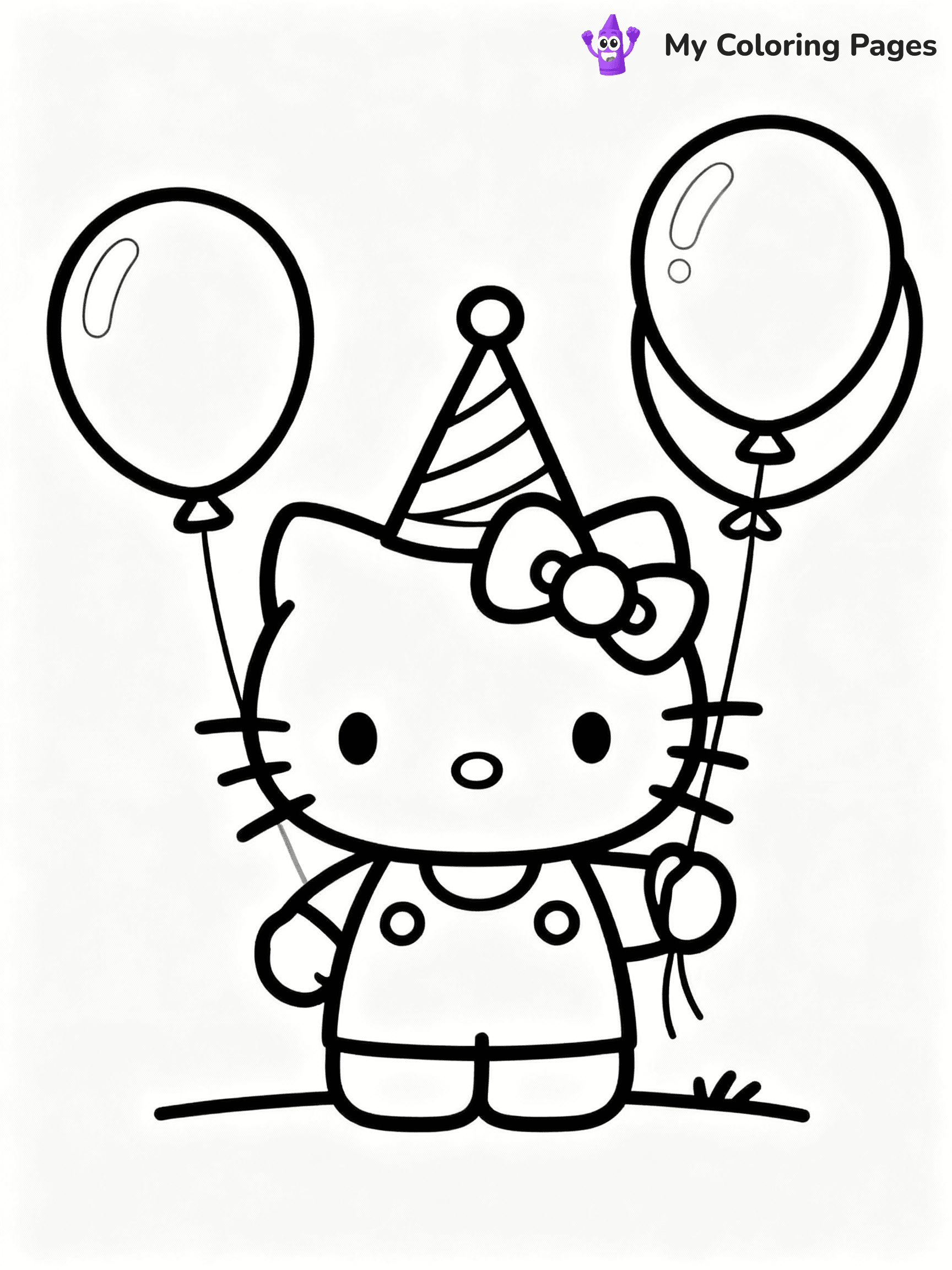 ⚠️ CRITICAL REQUIREMENT - ABSOLUTE BLACK AND WHITE ONLY ⚠️
This MUST be a BLACK AND WHITE line drawing ONLY. NO COLORS whatsoever.
- ONLY pure black lines (#000000) on pure white background (#FFFFFF)
- ABSOLUTELY NO colors, NO shading, NO gradients, NO grayscale
- If there are ANY colors in the output, the image is REJECTED
- This is a COLORING PAGE - meant to be COLORED IN by children
- The output must be UNCOLORED line art ready for coloring
⚠️ SUBJECT TO DRAW: Hello Kitty celebrating her birthday with balloons. PURE OUTLINES. NO FILLS, SHADING, GREYSCALE. WHITE BACKGROUND.
(REMEMBER: Output must be BLACK AND WHITE line art only, NOT colored!)
# Flat, Friendly Cartoon Line-Art Coloring Page
You are generating a **pure black-and-white binary image** of a child-friendly cartoon scene combining characters and background scenery in one cohesive composition.
## Rendering Rules (Strict)
- Only two colors: pure black (#000000) outlines and pure white (#FFFFFF) background.
- No grayscale, shading, gradients, tints, fills, transparency, or partial pixels.
- No antialiasing or blended edges; every pixel is 100% black or white.
- No solid black fills inside shapes — all areas inside outlines must remain white.
- No dark clothing areas or filled tone blocks; all garments outlined only.
- No shadows, textures, lighting, or tonal variations.
- Must look like flat binary vector line-art for coloring pages.
- PURE BINARY LINE-ART; NO FILLS (HAIR/CLOTHES/SKIN), SHADING, OR GREY.
## Drawing & Composition
- **Medium, consistent line weight**; clean closed outlines easy to color inside.
- **Flat, simple, child-friendly design** — no realism or 3D depth.
- Characters are **grounded on a surface**, centered and large.
- **Balanced composition** with clear silhouettes and minimal props.
## Scenery & Style
- Landmarks (e.g., mosque, CN Tower) and scenery (trees, benches, waves) drawn with **black outlines only.**
- For real-world figures, teams, or places, show accurate details using only black outlines—no text or logos. Use distinctive uniform patterns, abstract symbols, and landmark silhouettes to convey identity.
- Keep **consistent perspective**; no floating elements.
- **Style:** whimsical **Doodle Art Alley** — rounded, friendly outlines.
- May adapt shapes from **Crayola, Disney, Peppa Pig, Cocomelon** — *by shape only, never color.*
- Final output: **flat, crisp, binary (#000000/#FFFFFF)**, **no filled color or background text.**
⚠️ FINAL REMINDER: Draw the subject "Hello Kitty celebrating her birthday with balloons. PURE OUTLINES. NO FILLS, SHADING, GREYSCALE. WHITE BACKGROUND." as BLACK AND WHITE line art. Zero colors in output.