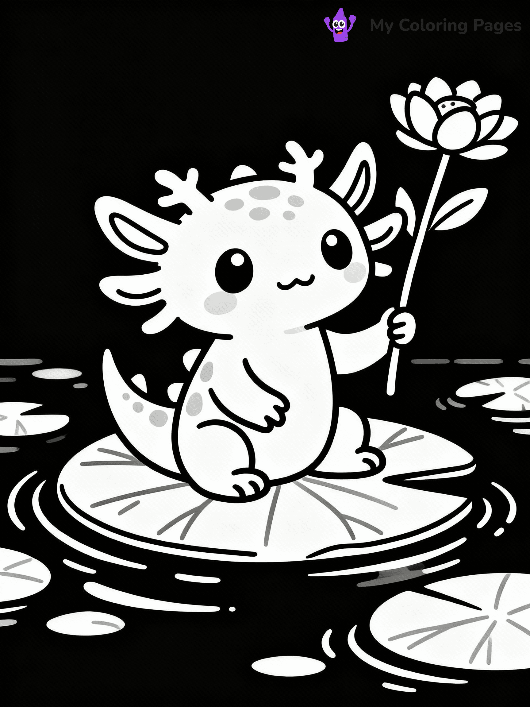 ⚠️ CRITICAL REQUIREMENT - ABSOLUTE BLACK AND WHITE ONLY ⚠️
This MUST be a BLACK AND WHITE line drawing ONLY. NO COLORS whatsoever.
- ONLY pure black lines (#000000) on pure white background (#FFFFFF)
- ABSOLUTELY NO colors, NO shading, NO gradients, NO grayscale
- If there are ANY colors in the output, the image is REJECTED
- This is a COLORING PAGE - meant to be COLORED IN by children
- The output must be UNCOLORED line art ready for coloring
⚠️ SUBJECT TO DRAW: Kawaii axolotl sitting on a lily pad, holding a flower, cute facial expression, simple outline style
(REMEMBER: Output must be BLACK AND WHITE line art only, NOT colored!)
# COLORING PAGE: BLACK OUTLINES ONLY - WHITE BACKGROUND MANDATORY
Create a **coloring book page** using EXACTLY two values: black lines, white space.
## NON-NEGOTIABLE BINARY RULES
- **ONLY #000000 (black) and #FFFFFF (white)** - NO other values exist
- **EVERY PIXEL = BLACK OR WHITE** - no gray/shading/antialiasing
- **WHITE BACKGROUND MANDATORY** - entire canvas stays white
- **ALL SHAPES HOLLOW** - everything is empty outlines waiting to be colored
- **FORBIDDEN:** fills, shading, gradients, patterns, textures, colors
- **NO SOLID REGIONS** - if it's not a thin line, it's wrong
## Universal Line Standards
- Black outlines ONLY - thin, uniform weight
- Every shape completely empty inside
- Closed contours suitable for coloring
- Simple flat illustration - zero depth/3D/realism
- **Style:** Whimsical Doodle Art Alley - rounded, friendly outlines (unless specified)
## Everything = Outline Only
- Characters/animals: hollow shapes
- Objects/clothing: empty contours
- Backgrounds/scenery: line work only
- Natural elements: outlined forms
- Dark/night areas: don't exist (use outlined symbols)
- Textures/patterns: convert to simple lines
## The Test
Can a child color EVERY white space with crayons? If any area is pre-filled/shaded/gray or colored in, it FAILS. Every shape must be waiting to receive color.
**FINAL OUTPUT**: Binary coloring page. Black lines define shapes. White spaces ready for coloring. Nothing else exists. No exceptions. Print-ready.
⚠️ FINAL REMINDER: Draw the subject "Kawaii axolotl sitting on a lily pad, holding a flower, cute facial expression, simple outline style" as BLACK AND WHITE line art. Zero colors in output.