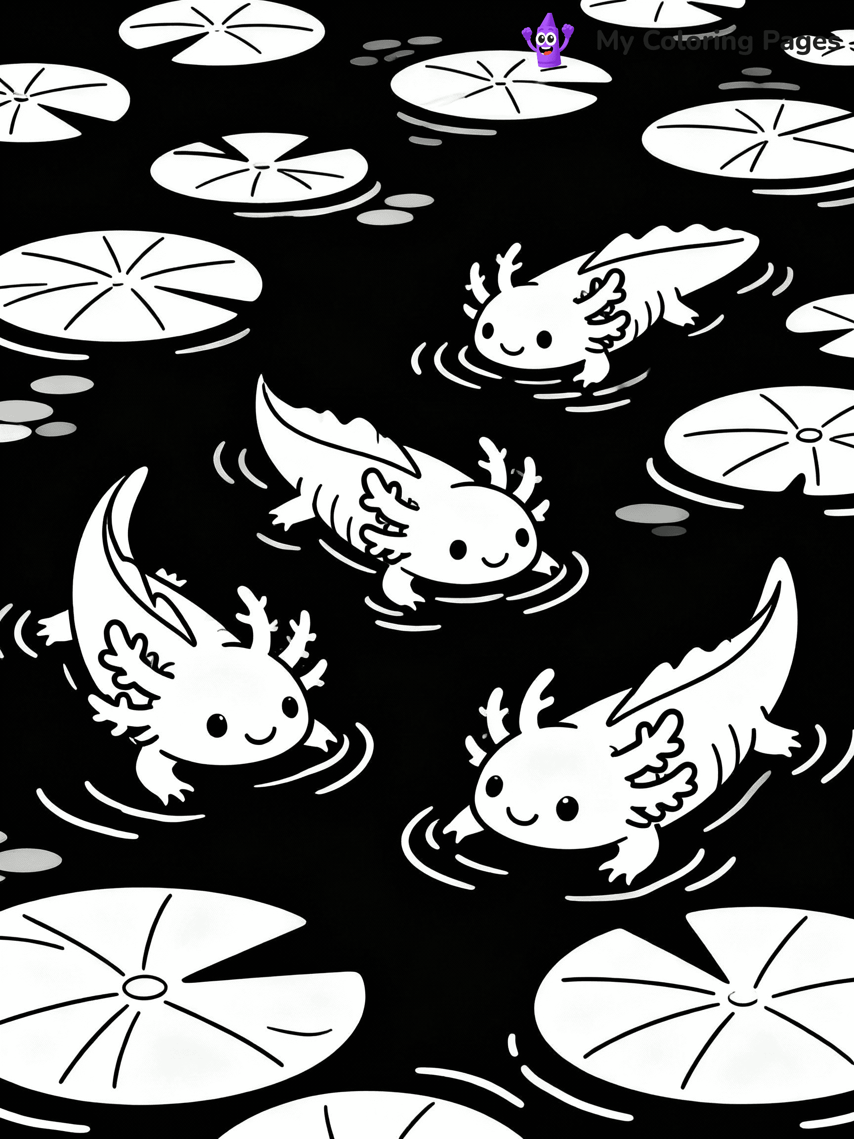 ⚠️ CRITICAL REQUIREMENT - ABSOLUTE BLACK AND WHITE ONLY ⚠️
This MUST be a BLACK AND WHITE line drawing ONLY. NO COLORS whatsoever.
- ONLY pure black lines (#000000) on pure white background (#FFFFFF)
- ABSOLUTELY NO colors, NO shading, NO gradients, NO grayscale
- If there are ANY colors in the output, the image is REJECTED
- This is a COLORING PAGE - meant to be COLORED IN by children
- The output must be UNCOLORED line art ready for coloring
⚠️ SUBJECT TO DRAW: Axolotl family playing together in a pond, smiling faces, lily pads floating, cheerful outline style
(REMEMBER: Output must be BLACK AND WHITE line art only, NOT colored!)
# COLORING PAGE: BLACK OUTLINES ONLY - WHITE BACKGROUND MANDATORY
Create a **coloring book page** using EXACTLY two values: black lines, white space.
## NON-NEGOTIABLE BINARY RULES
- **ONLY #000000 (black) and #FFFFFF (white)** - NO other values exist
- **EVERY PIXEL = BLACK OR WHITE** - no gray/shading/antialiasing
- **WHITE BACKGROUND MANDATORY** - entire canvas stays white
- **ALL SHAPES HOLLOW** - everything is empty outlines waiting to be colored
- **FORBIDDEN:** fills, shading, gradients, patterns, textures, colors
- **NO SOLID REGIONS** - if it's not a thin line, it's wrong
## Universal Line Standards
- Black outlines ONLY - thin, uniform weight
- Every shape completely empty inside
- Closed contours suitable for coloring
- Simple flat illustration - zero depth/3D/realism
- **Style:** Whimsical Doodle Art Alley - rounded, friendly outlines (unless specified)
## Everything = Outline Only
- Characters/animals: hollow shapes
- Objects/clothing: empty contours
- Backgrounds/scenery: line work only
- Natural elements: outlined forms
- Dark/night areas: don't exist (use outlined symbols)
- Textures/patterns: convert to simple lines
## The Test
Can a child color EVERY white space with crayons? If any area is pre-filled/shaded/gray or colored in, it FAILS. Every shape must be waiting to receive color.
**FINAL OUTPUT**: Binary coloring page. Black lines define shapes. White spaces ready for coloring. Nothing else exists. No exceptions. Print-ready.
⚠️ FINAL REMINDER: Draw the subject "Axolotl family playing together in a pond, smiling faces, lily pads floating, cheerful outline style" as BLACK AND WHITE line art. Zero colors in output.