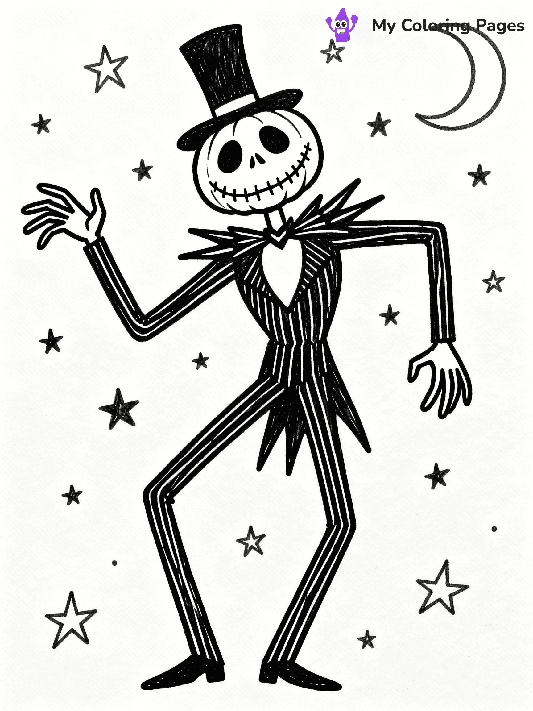 ⚠️ CRITICAL REQUIREMENT - ABSOLUTE BLACK AND WHITE ONLY ⚠️
This MUST be a BLACK AND WHITE line drawing ONLY. NO COLORS whatsoever.
- ONLY pure black lines (#000000) on pure white background (#FFFFFF)
- ABSOLUTELY NO colors, NO shading, NO gradients, NO grayscale
- If there are ANY colors in the output, the image is REJECTED
- This is a COLORING PAGE - meant to be COLORED IN by children
- The output must be UNCOLORED line art ready for coloring
⚠️ SUBJECT TO DRAW: Jack Skellington
(REMEMBER: Output must be BLACK AND WHITE line art only, NOT colored!)
# COLORING PAGE: BLACK OUTLINES ONLY - WHITE BACKGROUND MANDATORY
Create a **coloring book page** using EXACTLY two values: black lines, white space.
## NON-NEGOTIABLE BINARY RULES
- **ONLY #000000 (black) and #FFFFFF (white)** - NO other values exist
- **EVERY PIXEL = BLACK OR WHITE** - no gray/shading/antialiasing
- **WHITE BACKGROUND MANDATORY** - entire canvas stays white
- **ALL SHAPES HOLLOW** - everything is empty outlines waiting to be colored
- **FORBIDDEN:** fills, shading, gradients, patterns, textures, colors
- **NO SOLID REGIONS** - if it's not a thin line, it's wrong
## Universal Line Standards
- Black outlines ONLY - thin, uniform weight
- Every shape completely empty inside
- Closed contours suitable for coloring
- Simple flat illustration - zero depth/3D/realism
- **Style:** Whimsical Doodle Art Alley - rounded, friendly outlines (unless specified)
## Everything = Outline Only
- Characters/animals: hollow shapes
- Objects/clothing: empty contours
- Backgrounds/scenery: line work only
- Natural elements: outlined forms
- Dark/night areas: don't exist (use outlined symbols)
- Textures/patterns: convert to simple lines
## The Test
Can a child color EVERY white space with crayons? If any area is pre-filled/shaded/gray or colored in, it FAILS. Every shape must be waiting to receive color.
**FINAL OUTPUT**: Binary coloring page. Black lines define shapes. White spaces ready for coloring. Nothing else exists. No exceptions. Print-ready.
⚠️ FINAL REMINDER: Draw the subject "Jack Skellington" as BLACK AND WHITE line art. Zero colors in output.