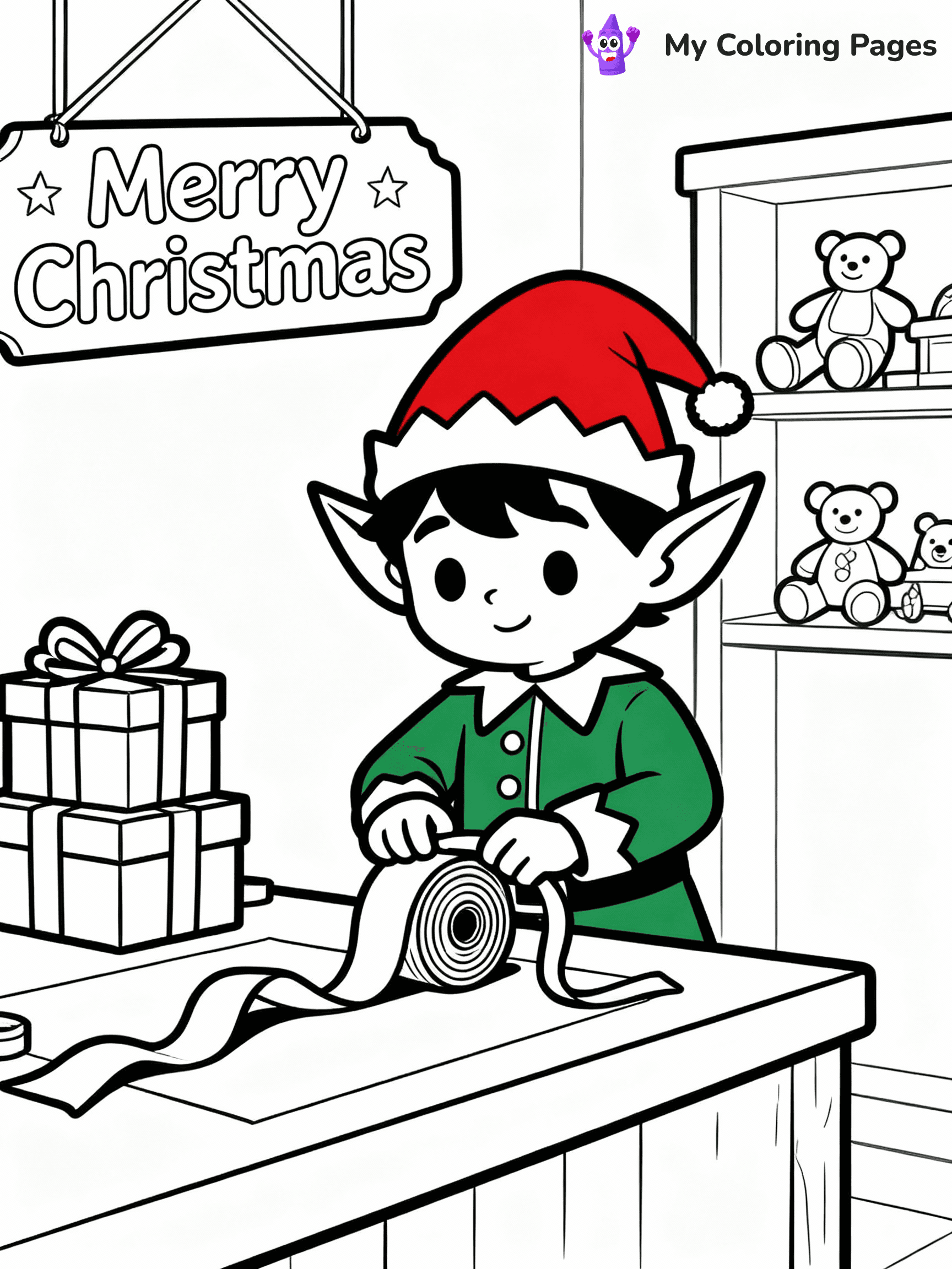 ⚠️ CRITICAL REQUIREMENT - ABSOLUTE BLACK AND WHITE ONLY ⚠️
This MUST be a BLACK AND WHITE line drawing ONLY. NO COLORS whatsoever.
- ONLY pure black lines (#000000) on pure white background (#FFFFFF)
- ABSOLUTELY NO colors, NO shading, NO gradients, NO grayscale
- If there are ANY colors in the output, the image is REJECTED
- This is a COLORING PAGE - meant to be COLORED IN by children
- The output must be UNCOLORED line art ready for coloring
⚠️ SUBJECT TO DRAW: A cute elf wrapping presents at Santa’s workshop, in Christmas-themed style. PURE OUTLINES. NO FILLS, COLOR, SHADING, OR GREYSCALE. WHITE BACKGROUND.
(REMEMBER: Output must be BLACK AND WHITE line art only, NOT colored!)
# Flat, Friendly Cartoon Line-Art Coloring Page
You are generating a **pure black-and-white binary image** of a child-friendly cartoon scene combining characters and background scenery in one cohesive composition.
## Rendering Rules (Strict)
- Only two colors: pure black (#000000) outlines and pure white (#FFFFFF) background.
- No grayscale, shading, gradients, tints, fills, transparency, or partial pixels.
- No antialiasing or blended edges; every pixel is 100% black or white.
- No solid black fills inside shapes — all areas inside outlines must remain white.
- No dark clothing areas or filled tone blocks; all garments outlined only.
- No shadows, textures, lighting, or tonal variations.
- Must look like flat binary vector line-art for coloring pages.
## Drawing & Composition
- **Medium, consistent line weight**; clean closed outlines easy to color inside.
- **Flat, simple, child-friendly design** — no realism or 3D depth.
- Characters are **grounded on a surface**, centered and large.
- **Balanced composition** with clear silhouettes and minimal props.
## Scenery & Style
- Landmarks (e.g., mosque, CN Tower) and scenery (trees, benches, waves) drawn with **black outlines only.**
- For real-world figures, teams, or places, show accurate details using only black outlines—no text or logos. Use distinctive uniform patterns, abstract symbols, and landmark silhouettes to convey identity.
- Keep **consistent perspective**; no floating elements.
- **Style:** whimsical **Doodle Art Alley** — rounded, friendly outlines.
- May adapt shapes from **Crayola, Disney, Peppa Pig, Cocomelon** — *by shape only, never color.*
- Final output: **flat, crisp, binary (#000000/#FFFFFF)**, **no filled color or background text.**
EXTREMELYE IMPORTANT:
- PURE BINARY LINE-ART; NO FILLS (HAIR/CLOTHES/SKIN), SHADING, OR GREY.
- NO SHADING, COLOR. MUST BE WHITE BACKGROUND.
⚠️ FINAL REMINDER: Draw the subject "A cute elf wrapping presents at Santa’s workshop, in Christmas-themed style. PURE OUTLINES. NO FILLS, COLOR, SHADING, OR GREYSCALE. WHITE BACKGROUND." as BLACK AND WHITE line art. Zero colors in output.