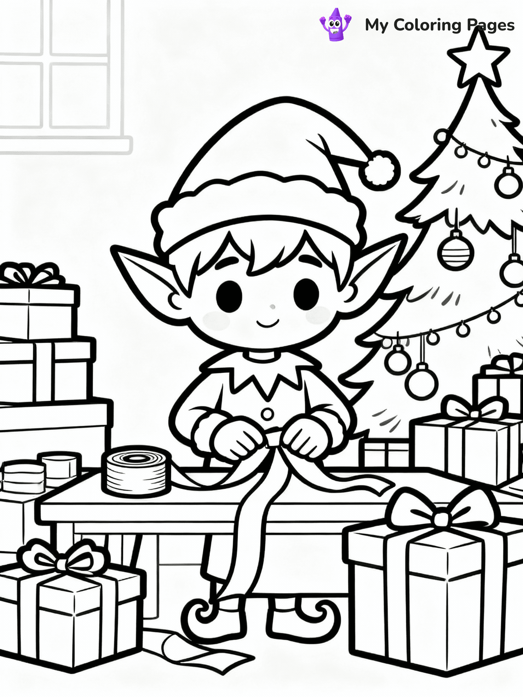 ⚠️ CRITICAL REQUIREMENT - ABSOLUTE BLACK AND WHITE ONLY ⚠️
This MUST be a BLACK AND WHITE line drawing ONLY. NO COLORS whatsoever.
- ONLY pure black lines (#000000) on pure white background (#FFFFFF)
- ABSOLUTELY NO colors, NO shading, NO gradients, NO grayscale
- If there are ANY colors in the output, the image is REJECTED
- This is a COLORING PAGE - meant to be COLORED IN by children
- The output must be UNCOLORED line art ready for coloring
⚠️ SUBJECT TO DRAW: A cute elf wrapping presents at Santa’s workshop, in Christmas-themed style. PURE OUTLINES. NO FILLS, COLOR, SHADING, OR GREYSCALE. WHITE BACKGROUND.
(REMEMBER: Output must be BLACK AND WHITE line art only, NOT colored!)
# Flat, Friendly Cartoon Line-Art Coloring Page
You are generating a **pure black-and-white binary image** of a child-friendly cartoon scene combining characters and background scenery in one cohesive composition.
## Rendering Rules (Strict)
- Only two colors: pure black (#000000) outlines and pure white (#FFFFFF) background.
- No grayscale, shading, gradients, tints, fills, transparency, or partial pixels.
- No antialiasing or blended edges; every pixel is 100% black or white.
- No solid black fills inside shapes — all areas inside outlines must remain white.
- No dark clothing areas or filled tone blocks; all garments outlined only.
- No shadows, textures, lighting, or tonal variations.
- Must look like flat binary vector line-art for coloring pages.
## Drawing & Composition
- **Medium, consistent line weight**; clean closed outlines easy to color inside.
- **Flat, simple, child-friendly design** — no realism or 3D depth.
- Characters are **grounded on a surface**, centered and large.
- **Balanced composition** with clear silhouettes and minimal props.
## Scenery & Style
- Landmarks (e.g., mosque, CN Tower) and scenery (trees, benches, waves) drawn with **black outlines only.**
- For real-world figures, teams, or places, show accurate details using only black outlines—no text or logos. Use distinctive uniform patterns, abstract symbols, and landmark silhouettes to convey identity.
- Keep **consistent perspective**; no floating elements.
- **Style:** whimsical **Doodle Art Alley** — rounded, friendly outlines.
- May adapt shapes from **Crayola, Disney, Peppa Pig, Cocomelon** — *by shape only, never color.*
- Final output: **flat, crisp, binary (#000000/#FFFFFF)**, **no filled color or background text.**
EXTREMELYE IMPORTANT:
- PURE BINARY LINE-ART; NO FILLS (HAIR/CLOTHES/SKIN), SHADING, OR GREY.
- NO SHADING, COLOR. MUST BE WHITE BACKGROUND.
⚠️ FINAL REMINDER: Draw the subject "A cute elf wrapping presents at Santa’s workshop, in Christmas-themed style. PURE OUTLINES. NO FILLS, COLOR, SHADING, OR GREYSCALE. WHITE BACKGROUND." as BLACK AND WHITE line art. Zero colors in output.