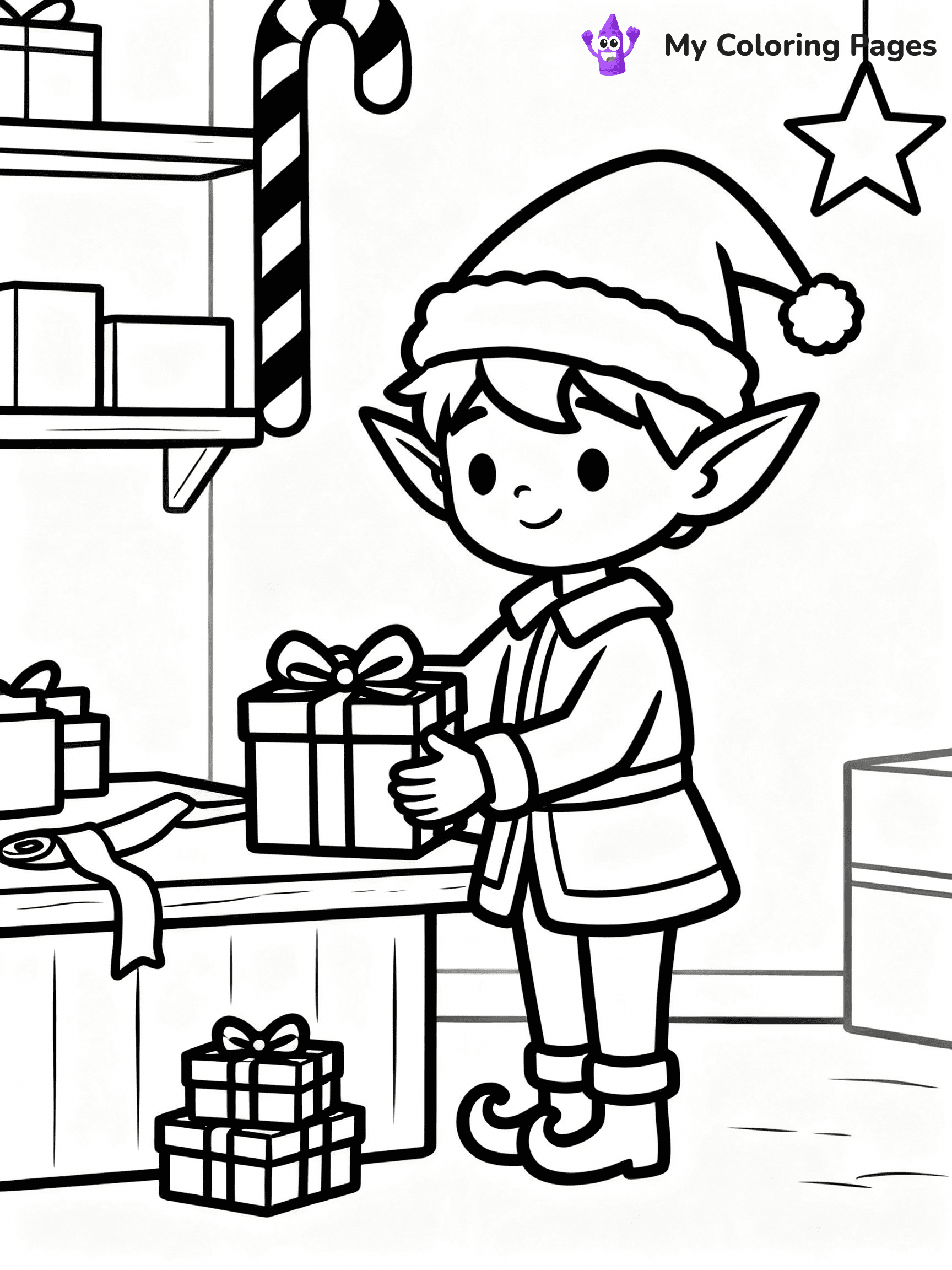 ⚠️ CRITICAL REQUIREMENT - ABSOLUTE BLACK AND WHITE ONLY ⚠️
This MUST be a BLACK AND WHITE line drawing ONLY. NO COLORS whatsoever.
- ONLY pure black lines (#000000) on pure white background (#FFFFFF)
- ABSOLUTELY NO colors, NO shading, NO gradients, NO grayscale
- If there are ANY colors in the output, the image is REJECTED
- This is a COLORING PAGE - meant to be COLORED IN by children
- The output must be UNCOLORED line art ready for coloring
⚠️ SUBJECT TO DRAW: A cute elf wrapping presents at Santa’s workshop, in Christmas-themed style. PURE OUTLINES. NO FILLS, COLOR, SHADING, OR GREYSCALE. WHITE BACKGROUND.
(REMEMBER: Output must be BLACK AND WHITE line art only, NOT colored!)
# Flat, Friendly Cartoon Line-Art Coloring Page
You are generating a **pure black-and-white binary image** of a child-friendly cartoon scene combining characters and background scenery in one cohesive composition.
## Rendering Rules (Strict)
- Only two colors: pure black (#000000) outlines and pure white (#FFFFFF) background.
- No grayscale, shading, gradients, tints, fills, transparency, or partial pixels.
- No antialiasing or blended edges; every pixel is 100% black or white.
- No solid black fills inside shapes — all areas inside outlines must remain white.
- No dark clothing areas or filled tone blocks; all garments outlined only.
- No shadows, textures, lighting, or tonal variations.
- Must look like flat binary vector line-art for coloring pages.
## Drawing & Composition
- **Medium, consistent line weight**; clean closed outlines easy to color inside.
- **Flat, simple, child-friendly design** — no realism or 3D depth.
- Characters are **grounded on a surface**, centered and large.
- **Balanced composition** with clear silhouettes and minimal props.
## Scenery & Style
- Landmarks (e.g., mosque, CN Tower) and scenery (trees, benches, waves) drawn with **black outlines only.**
- For real-world figures, teams, or places, show accurate details using only black outlines—no text or logos. Use distinctive uniform patterns, abstract symbols, and landmark silhouettes to convey identity.
- Keep **consistent perspective**; no floating elements.
- **Style:** whimsical **Doodle Art Alley** — rounded, friendly outlines.
- May adapt shapes from **Crayola, Disney, Peppa Pig, Cocomelon** — *by shape only, never color.*
- Final output: **flat, crisp, binary (#000000/#FFFFFF)**, **no filled color or background text.**
EXTREMELYE IMPORTANT:
- PURE BINARY LINE-ART; NO FILLS (HAIR/CLOTHES/SKIN), SHADING, OR GREY.
- NO SHADING, COLOR. MUST BE WHITE BACKGROUND.
⚠️ FINAL REMINDER: Draw the subject "A cute elf wrapping presents at Santa’s workshop, in Christmas-themed style. PURE OUTLINES. NO FILLS, COLOR, SHADING, OR GREYSCALE. WHITE BACKGROUND." as BLACK AND WHITE line art. Zero colors in output.