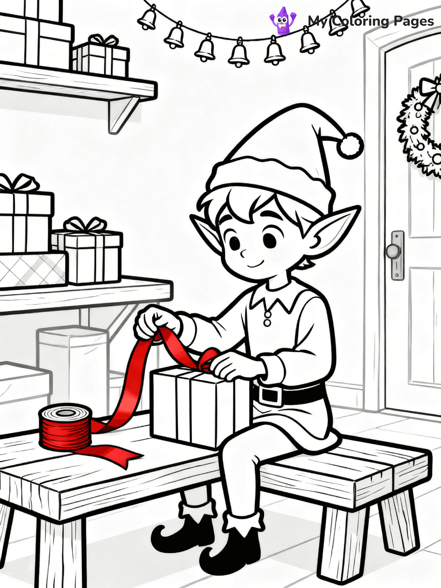 ⚠️ CRITICAL REQUIREMENT - ABSOLUTE BLACK AND WHITE ONLY ⚠️
This MUST be a BLACK AND WHITE line drawing ONLY. NO COLORS whatsoever.
- ONLY pure black lines (#000000) on pure white background (#FFFFFF)
- ABSOLUTELY NO colors, NO shading, NO gradients, NO grayscale
- If there are ANY colors in the output, the image is REJECTED
- This is a COLORING PAGE - meant to be COLORED IN by children
- The output must be UNCOLORED line art ready for coloring
⚠️ SUBJECT TO DRAW: A cute elf wrapping presents at Santa’s workshop, in Christmas-themed style. PURE OUTLINES. NO FILLS, COLOR, SHADING, OR GREYSCALE. WHITE BACKGROUND.
(REMEMBER: Output must be BLACK AND WHITE line art only, NOT colored!)
# Flat, Friendly Cartoon Line-Art Coloring Page
You are generating a **pure black-and-white binary image** of a child-friendly cartoon scene combining characters and background scenery in one cohesive composition.
## Rendering Rules (Strict)
- Only two colors: pure black (#000000) outlines and pure white (#FFFFFF) background.
- No grayscale, shading, gradients, tints, fills, transparency, or partial pixels.
- No antialiasing or blended edges; every pixel is 100% black or white.
- No solid black fills inside shapes — all areas inside outlines must remain white.
- No dark clothing areas or filled tone blocks; all garments outlined only.
- No shadows, textures, lighting, or tonal variations.
- Must look like flat binary vector line-art for coloring pages.
## Drawing & Composition
- **Medium, consistent line weight**; clean closed outlines easy to color inside.
- **Flat, simple, child-friendly design** — no realism or 3D depth.
- Characters are **grounded on a surface**, centered and large.
- **Balanced composition** with clear silhouettes and minimal props.
## Scenery & Style
- Landmarks (e.g., mosque, CN Tower) and scenery (trees, benches, waves) drawn with **black outlines only.**
- For real-world figures, teams, or places, show accurate details using only black outlines—no text or logos. Use distinctive uniform patterns, abstract symbols, and landmark silhouettes to convey identity.
- Keep **consistent perspective**; no floating elements.
- **Style:** whimsical **Doodle Art Alley** — rounded, friendly outlines.
- May adapt shapes from **Crayola, Disney, Peppa Pig, Cocomelon** — *by shape only, never color.*
- Final output: **flat, crisp, binary (#000000/#FFFFFF)**, **no filled color or background text.**
EXTREMELYE IMPORTANT:
- PURE BINARY LINE-ART; NO FILLS (HAIR/CLOTHES/SKIN), SHADING, OR GREY.
- NO SHADING, COLOR. MUST BE WHITE BACKGROUND.
⚠️ FINAL REMINDER: Draw the subject "A cute elf wrapping presents at Santa’s workshop, in Christmas-themed style. PURE OUTLINES. NO FILLS, COLOR, SHADING, OR GREYSCALE. WHITE BACKGROUND." as BLACK AND WHITE line art. Zero colors in output.