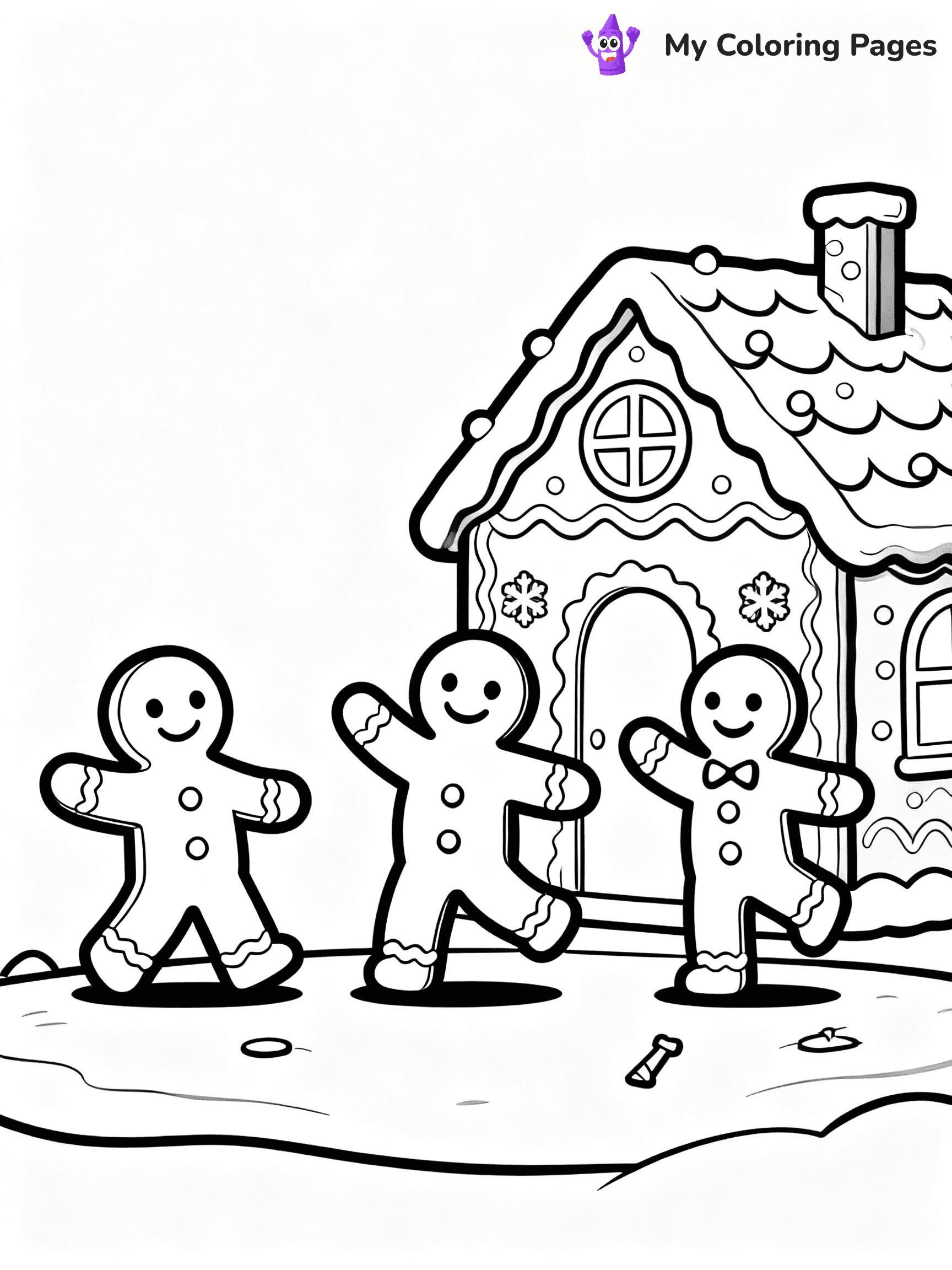 ⚠️ CRITICAL REQUIREMENT - ABSOLUTE BLACK AND WHITE ONLY ⚠️
This MUST be a BLACK AND WHITE line drawing ONLY. NO COLORS whatsoever.
- ONLY pure black lines (#000000) on pure white background (#FFFFFF)
- ABSOLUTELY NO colors, NO shading, NO gradients, NO grayscale
- If there are ANY colors in the output, the image is REJECTED
- This is a COLORING PAGE - meant to be COLORED IN by children
- The output must be UNCOLORED line art ready for coloring
⚠️ SUBJECT TO DRAW: Gingerbread men dancing near a gingerbread house, in Christmas-themed style. PURE OUTLINES. NO FILLS, COLOR, SHADING, OR GREYSCALE. WHITE BACKGROUND.
(REMEMBER: Output must be BLACK AND WHITE line art only, NOT colored!)
# Flat, Friendly Cartoon Line-Art Coloring Page
You are generating a **pure black-and-white binary image** of a child-friendly cartoon scene combining characters and background scenery in one cohesive composition.
## Rendering Rules (Strict)
- Only two colors: pure black (#000000) outlines and pure white (#FFFFFF) background.
- No grayscale, shading, gradients, tints, fills, transparency, or partial pixels.
- No antialiasing or blended edges; every pixel is 100% black or white.
- No solid black fills inside shapes — all areas inside outlines must remain white.
- No dark clothing areas or filled tone blocks; all garments outlined only.
- No shadows, textures, lighting, or tonal variations.
- Must look like flat binary vector line-art for coloring pages.
## Drawing & Composition
- **Medium, consistent line weight**; clean closed outlines easy to color inside.
- **Flat, simple, child-friendly design** — no realism or 3D depth.
- Characters are **grounded on a surface**, centered and large.
- **Balanced composition** with clear silhouettes and minimal props.
## Scenery & Style
- Landmarks (e.g., mosque, CN Tower) and scenery (trees, benches, waves) drawn with **black outlines only.**
- For real-world figures, teams, or places, show accurate details using only black outlines—no text or logos. Use distinctive uniform patterns, abstract symbols, and landmark silhouettes to convey identity.
- Keep **consistent perspective**; no floating elements.
- **Style:** whimsical **Doodle Art Alley** — rounded, friendly outlines.
- May adapt shapes from **Crayola, Disney, Peppa Pig, Cocomelon** — *by shape only, never color.*
- Final output: **flat, crisp, binary (#000000/#FFFFFF)**, **no filled color or background text.**
EXTREMELYE IMPORTANT:
- PURE BINARY LINE-ART; NO FILLS (HAIR/CLOTHES/SKIN), SHADING, OR GREY.
- NO SHADING, COLOR. MUST BE WHITE BACKGROUND.
⚠️ FINAL REMINDER: Draw the subject "Gingerbread men dancing near a gingerbread house, in Christmas-themed style. PURE OUTLINES. NO FILLS, COLOR, SHADING, OR GREYSCALE. WHITE BACKGROUND." as BLACK AND WHITE line art. Zero colors in output.