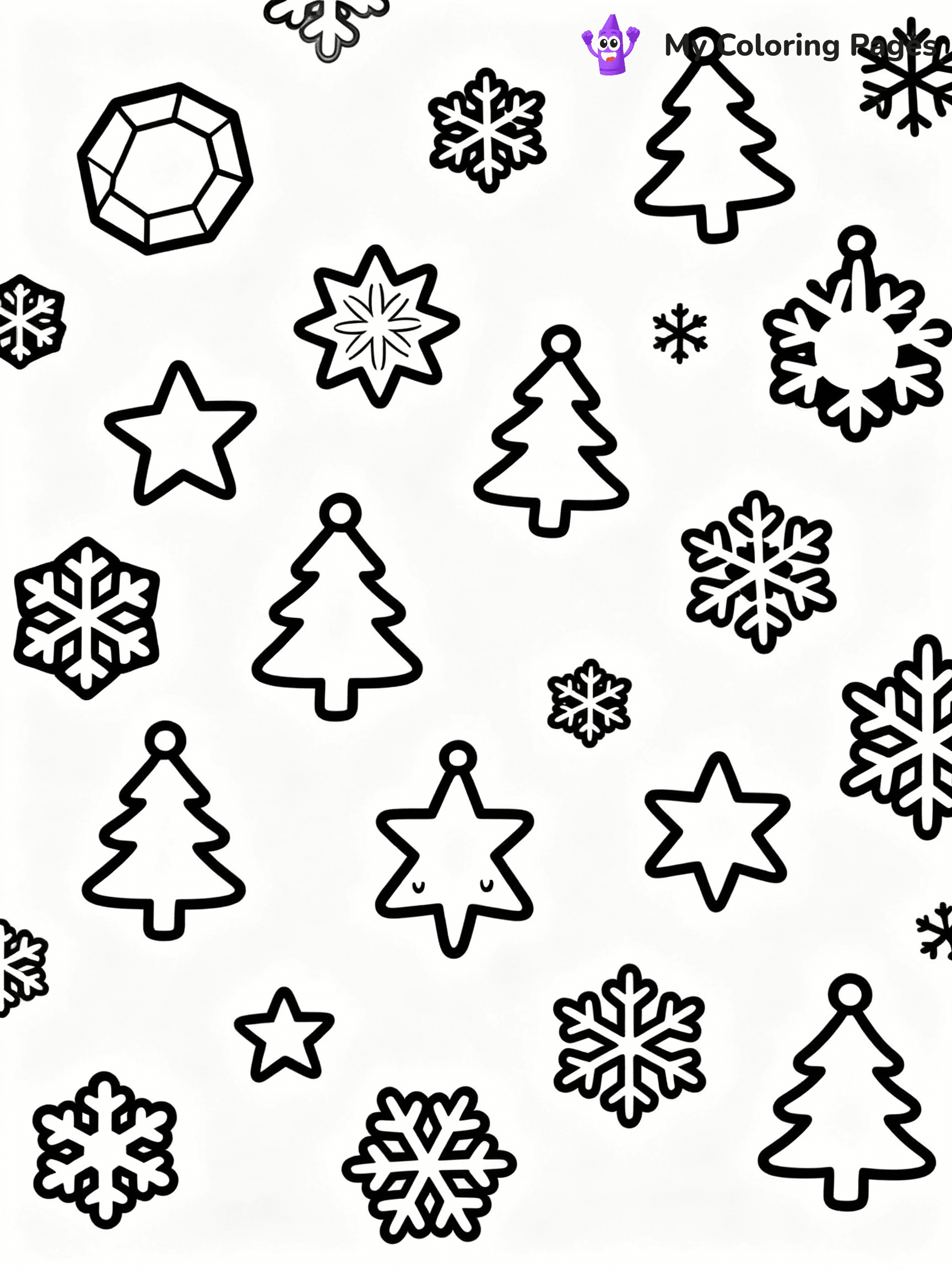 ⚠️ CRITICAL REQUIREMENT - ABSOLUTE BLACK AND WHITE ONLY ⚠️
This MUST be a BLACK AND WHITE line drawing ONLY. NO COLORS whatsoever.
- ONLY pure black lines (#000000) on pure white background (#FFFFFF)
- ABSOLUTELY NO colors, NO shading, NO gradients, NO grayscale
- If there are ANY colors in the output, the image is REJECTED
- This is a COLORING PAGE - meant to be COLORED IN by children
- The output must be UNCOLORED line art ready for coloring
⚠️ SUBJECT TO DRAW: Snowflakes of various shapes falling from the sky, in Christmas-themed style. PURE OUTLINES. NO FILLS, COLOR, SHADING, OR GREYSCALE. WHITE BACKGROUND.
(REMEMBER: Output must be BLACK AND WHITE line art only, NOT colored!)
# Flat, Friendly Cartoon Line-Art Coloring Page
You are generating a **pure black-and-white binary image** of a child-friendly cartoon scene combining characters and background scenery in one cohesive composition.
## Rendering Rules (Strict)
- Only two colors: pure black (#000000) outlines and pure white (#FFFFFF) background.
- No grayscale, shading, gradients, tints, fills, transparency, or partial pixels.
- No antialiasing or blended edges; every pixel is 100% black or white.
- No solid black fills inside shapes — all areas inside outlines must remain white.
- No dark clothing areas or filled tone blocks; all garments outlined only.
- No shadows, textures, lighting, or tonal variations.
- Must look like flat binary vector line-art for coloring pages.
## Drawing & Composition
- **Medium, consistent line weight**; clean closed outlines easy to color inside.
- **Flat, simple, child-friendly design** — no realism or 3D depth.
- Characters are **grounded on a surface**, centered and large.
- **Balanced composition** with clear silhouettes and minimal props.
## Scenery & Style
- Landmarks (e.g., mosque, CN Tower) and scenery (trees, benches, waves) drawn with **black outlines only.**
- For real-world figures, teams, or places, show accurate details using only black outlines—no text or logos. Use distinctive uniform patterns, abstract symbols, and landmark silhouettes to convey identity.
- Keep **consistent perspective**; no floating elements.
- **Style:** whimsical **Doodle Art Alley** — rounded, friendly outlines.
- May adapt shapes from **Crayola, Disney, Peppa Pig, Cocomelon** — *by shape only, never color.*
- Final output: **flat, crisp, binary (#000000/#FFFFFF)**, **no filled color or background text.**
EXTREMELYE IMPORTANT:
- PURE BINARY LINE-ART; NO FILLS (HAIR/CLOTHES/SKIN), SHADING, OR GREY.
- NO SHADING, COLOR. MUST BE WHITE BACKGROUND.
⚠️ FINAL REMINDER: Draw the subject "Snowflakes of various shapes falling from the sky, in Christmas-themed style. PURE OUTLINES. NO FILLS, COLOR, SHADING, OR GREYSCALE. WHITE BACKGROUND." as BLACK AND WHITE line art. Zero colors in output.