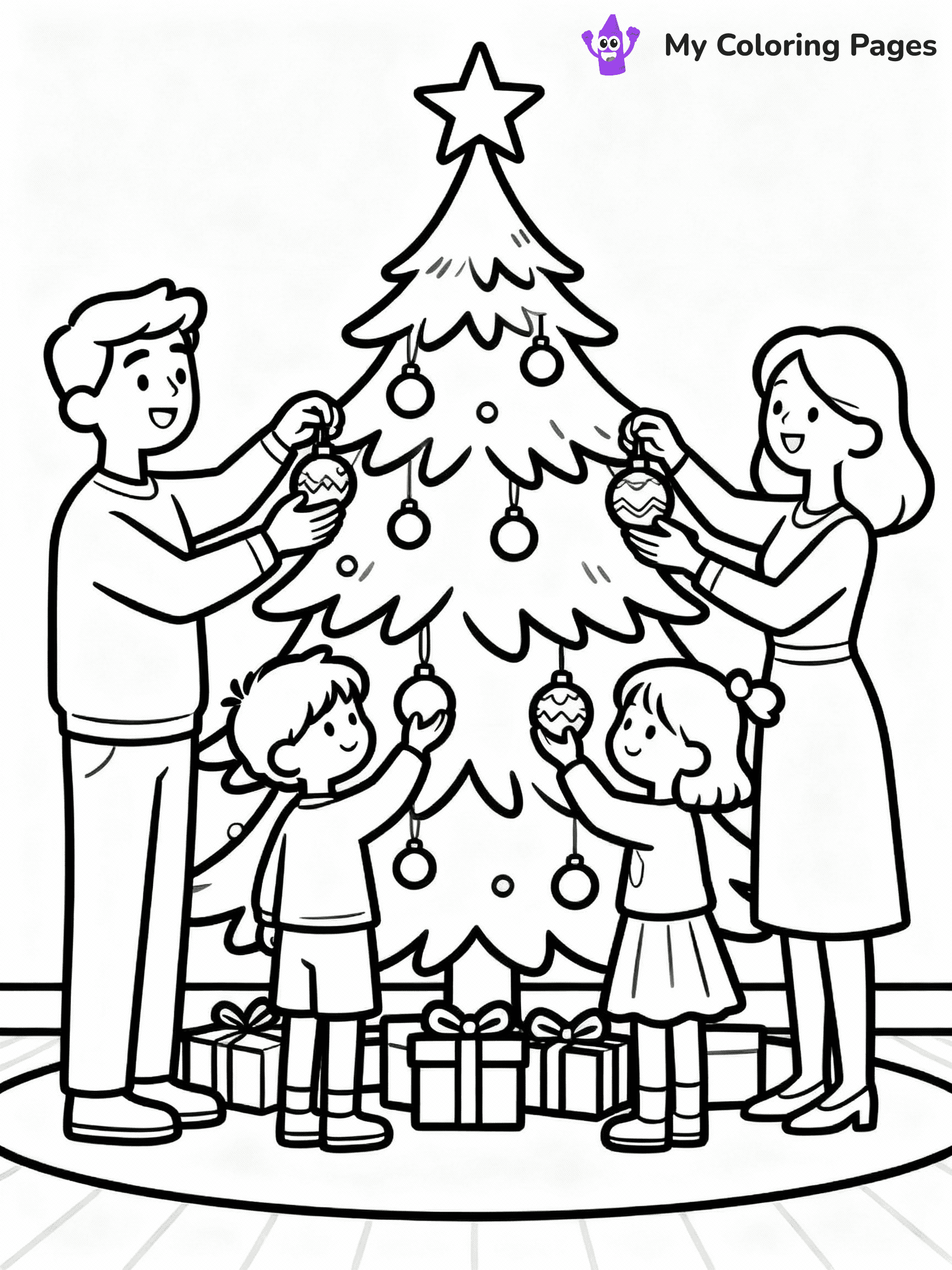 ⚠️ CRITICAL REQUIREMENT - ABSOLUTE BLACK AND WHITE ONLY ⚠️
This MUST be a BLACK AND WHITE line drawing ONLY. NO COLORS whatsoever.
- ONLY pure black lines (#000000) on pure white background (#FFFFFF)
- ABSOLUTELY NO colors, NO shading, NO gradients, NO grayscale
- If there are ANY colors in the output, the image is REJECTED
- This is a COLORING PAGE - meant to be COLORED IN by children
- The output must be UNCOLORED line art ready for coloring
⚠️ SUBJECT TO DRAW: A family decorating their Christmas tree together, in Christmas-themed style. PURE OUTLINES. NO FILLS, COLOR, SHADING, OR GREYSCALE. WHITE BACKGROUND.
(REMEMBER: Output must be BLACK AND WHITE line art only, NOT colored!)
# Flat, Friendly Cartoon Line-Art Coloring Page
You are generating a **pure black-and-white binary image** of a child-friendly cartoon scene combining characters and background scenery in one cohesive composition.
## Rendering Rules (Strict)
- Only two colors: pure black (#000000) outlines and pure white (#FFFFFF) background.
- No grayscale, shading, gradients, tints, fills, transparency, or partial pixels.
- No antialiasing or blended edges; every pixel is 100% black or white.
- No solid black fills inside shapes — all areas inside outlines must remain white.
- No dark clothing areas or filled tone blocks; all garments outlined only.
- No shadows, textures, lighting, or tonal variations.
- Must look like flat binary vector line-art for coloring pages.
## Drawing & Composition
- **Medium, consistent line weight**; clean closed outlines easy to color inside.
- **Flat, simple, child-friendly design** — no realism or 3D depth.
- Characters are **grounded on a surface**, centered and large.
- **Balanced composition** with clear silhouettes and minimal props.
## Scenery & Style
- Landmarks (e.g., mosque, CN Tower) and scenery (trees, benches, waves) drawn with **black outlines only.**
- For real-world figures, teams, or places, show accurate details using only black outlines—no text or logos. Use distinctive uniform patterns, abstract symbols, and landmark silhouettes to convey identity.
- Keep **consistent perspective**; no floating elements.
- **Style:** whimsical **Doodle Art Alley** — rounded, friendly outlines.
- May adapt shapes from **Crayola, Disney, Peppa Pig, Cocomelon** — *by shape only, never color.*
- Final output: **flat, crisp, binary (#000000/#FFFFFF)**, **no filled color or background text.**
EXTREMELYE IMPORTANT:
- PURE BINARY LINE-ART; NO FILLS (HAIR/CLOTHES/SKIN), SHADING, OR GREY.
- NO SHADING, COLOR. MUST BE WHITE BACKGROUND.
⚠️ FINAL REMINDER: Draw the subject "A family decorating their Christmas tree together, in Christmas-themed style. PURE OUTLINES. NO FILLS, COLOR, SHADING, OR GREYSCALE. WHITE BACKGROUND." as BLACK AND WHITE line art. Zero colors in output.