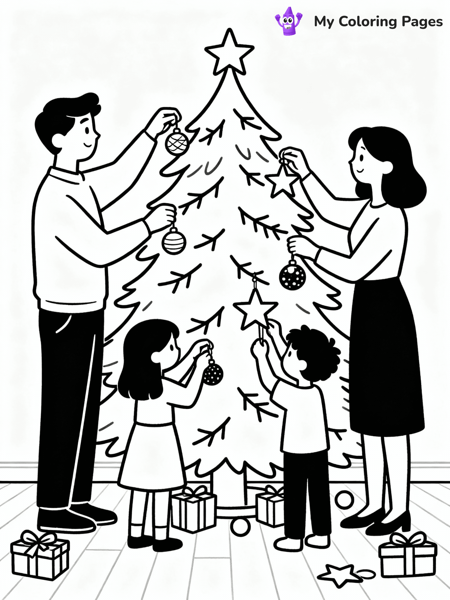 ⚠️ CRITICAL REQUIREMENT - ABSOLUTE BLACK AND WHITE ONLY ⚠️
This MUST be a BLACK AND WHITE line drawing ONLY. NO COLORS whatsoever.
- ONLY pure black lines (#000000) on pure white background (#FFFFFF)
- ABSOLUTELY NO colors, NO shading, NO gradients, NO grayscale
- If there are ANY colors in the output, the image is REJECTED
- This is a COLORING PAGE - meant to be COLORED IN by children
- The output must be UNCOLORED line art ready for coloring
⚠️ SUBJECT TO DRAW: A family decorating their Christmas tree together, in Christmas-themed style. PURE OUTLINES. NO FILLS, COLOR, SHADING, OR GREYSCALE. WHITE BACKGROUND.
(REMEMBER: Output must be BLACK AND WHITE line art only, NOT colored!)
# Flat, Friendly Cartoon Line-Art Coloring Page
You are generating a **pure black-and-white binary image** of a child-friendly cartoon scene combining characters and background scenery in one cohesive composition.
## Rendering Rules (Strict)
- Only two colors: pure black (#000000) outlines and pure white (#FFFFFF) background.
- No grayscale, shading, gradients, tints, fills, transparency, or partial pixels.
- No antialiasing or blended edges; every pixel is 100% black or white.
- No solid black fills inside shapes — all areas inside outlines must remain white.
- No dark clothing areas or filled tone blocks; all garments outlined only.
- No shadows, textures, lighting, or tonal variations.
- Must look like flat binary vector line-art for coloring pages.
## Drawing & Composition
- **Medium, consistent line weight**; clean closed outlines easy to color inside.
- **Flat, simple, child-friendly design** — no realism or 3D depth.
- Characters are **grounded on a surface**, centered and large.
- **Balanced composition** with clear silhouettes and minimal props.
## Scenery & Style
- Landmarks (e.g., mosque, CN Tower) and scenery (trees, benches, waves) drawn with **black outlines only.**
- For real-world figures, teams, or places, show accurate details using only black outlines—no text or logos. Use distinctive uniform patterns, abstract symbols, and landmark silhouettes to convey identity.
- Keep **consistent perspective**; no floating elements.
- **Style:** whimsical **Doodle Art Alley** — rounded, friendly outlines.
- May adapt shapes from **Crayola, Disney, Peppa Pig, Cocomelon** — *by shape only, never color.*
- Final output: **flat, crisp, binary (#000000/#FFFFFF)**, **no filled color or background text.**
EXTREMELYE IMPORTANT:
- PURE BINARY LINE-ART; NO FILLS (HAIR/CLOTHES/SKIN), SHADING, OR GREY.
- NO SHADING, COLOR. MUST BE WHITE BACKGROUND.
⚠️ FINAL REMINDER: Draw the subject "A family decorating their Christmas tree together, in Christmas-themed style. PURE OUTLINES. NO FILLS, COLOR, SHADING, OR GREYSCALE. WHITE BACKGROUND." as BLACK AND WHITE line art. Zero colors in output.