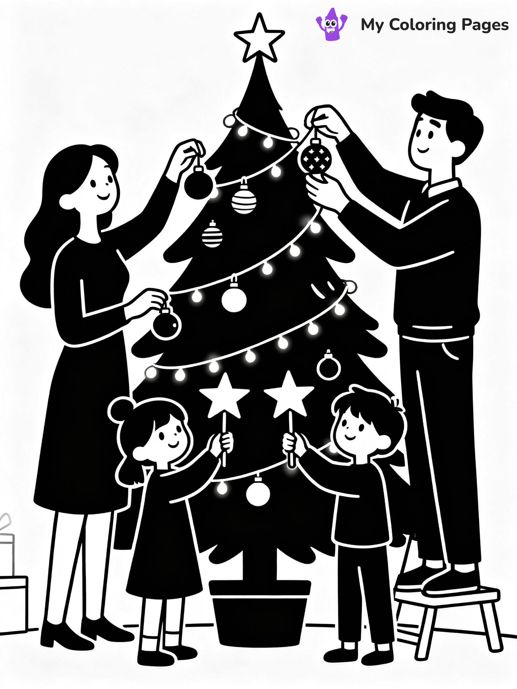 ⚠️ CRITICAL REQUIREMENT - ABSOLUTE BLACK AND WHITE ONLY ⚠️
This MUST be a BLACK AND WHITE line drawing ONLY. NO COLORS whatsoever.
- ONLY pure black lines (#000000) on pure white background (#FFFFFF)
- ABSOLUTELY NO colors, NO shading, NO gradients, NO grayscale
- If there are ANY colors in the output, the image is REJECTED
- This is a COLORING PAGE - meant to be COLORED IN by children
- The output must be UNCOLORED line art ready for coloring
⚠️ SUBJECT TO DRAW: A family decorating their Christmas tree together, in Christmas-themed style. PURE OUTLINES. NO FILLS, COLOR, SHADING, OR GREYSCALE. WHITE BACKGROUND.
(REMEMBER: Output must be BLACK AND WHITE line art only, NOT colored!)
# Flat, Friendly Cartoon Line-Art Coloring Page
You are generating a **pure black-and-white binary image** of a child-friendly cartoon scene combining characters and background scenery in one cohesive composition.
## Rendering Rules (Strict)
- Only two colors: pure black (#000000) outlines and pure white (#FFFFFF) background.
- No grayscale, shading, gradients, tints, fills, transparency, or partial pixels.
- No antialiasing or blended edges; every pixel is 100% black or white.
- No solid black fills inside shapes — all areas inside outlines must remain white.
- No dark clothing areas or filled tone blocks; all garments outlined only.
- No shadows, textures, lighting, or tonal variations.
- Must look like flat binary vector line-art for coloring pages.
## Drawing & Composition
- **Medium, consistent line weight**; clean closed outlines easy to color inside.
- **Flat, simple, child-friendly design** — no realism or 3D depth.
- Characters are **grounded on a surface**, centered and large.
- **Balanced composition** with clear silhouettes and minimal props.
## Scenery & Style
- Landmarks (e.g., mosque, CN Tower) and scenery (trees, benches, waves) drawn with **black outlines only.**
- For real-world figures, teams, or places, show accurate details using only black outlines—no text or logos. Use distinctive uniform patterns, abstract symbols, and landmark silhouettes to convey identity.
- Keep **consistent perspective**; no floating elements.
- **Style:** whimsical **Doodle Art Alley** — rounded, friendly outlines.
- May adapt shapes from **Crayola, Disney, Peppa Pig, Cocomelon** — *by shape only, never color.*
- Final output: **flat, crisp, binary (#000000/#FFFFFF)**, **no filled color or background text.**
EXTREMELYE IMPORTANT:
- PURE BINARY LINE-ART; NO FILLS (HAIR/CLOTHES/SKIN), SHADING, OR GREY.
- NO SHADING, COLOR. MUST BE WHITE BACKGROUND.
⚠️ FINAL REMINDER: Draw the subject "A family decorating their Christmas tree together, in Christmas-themed style. PURE OUTLINES. NO FILLS, COLOR, SHADING, OR GREYSCALE. WHITE BACKGROUND." as BLACK AND WHITE line art. Zero colors in output.