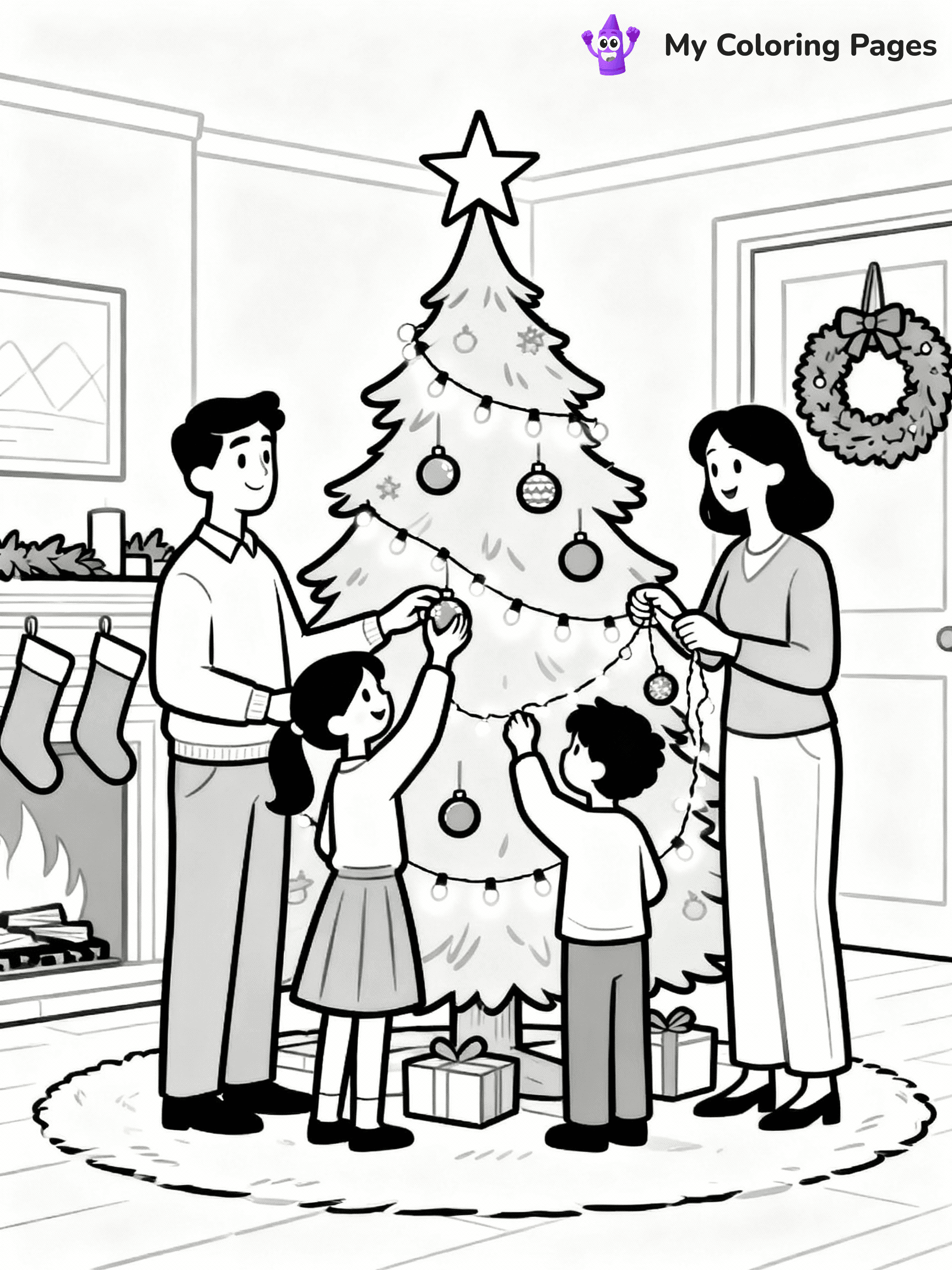 ⚠️ CRITICAL REQUIREMENT - ABSOLUTE BLACK AND WHITE ONLY ⚠️
This MUST be a BLACK AND WHITE line drawing ONLY. NO COLORS whatsoever.
- ONLY pure black lines (#000000) on pure white background (#FFFFFF)
- ABSOLUTELY NO colors, NO shading, NO gradients, NO grayscale
- If there are ANY colors in the output, the image is REJECTED
- This is a COLORING PAGE - meant to be COLORED IN by children
- The output must be UNCOLORED line art ready for coloring
⚠️ SUBJECT TO DRAW: A family decorating their Christmas tree together, in Christmas-themed style. PURE OUTLINES. NO FILLS, COLOR, SHADING, OR GREYSCALE. WHITE BACKGROUND.
(REMEMBER: Output must be BLACK AND WHITE line art only, NOT colored!)
# Flat, Friendly Cartoon Line-Art Coloring Page
You are generating a **pure black-and-white binary image** of a child-friendly cartoon scene combining characters and background scenery in one cohesive composition.
## Rendering Rules (Strict)
- Only two colors: pure black (#000000) outlines and pure white (#FFFFFF) background.
- No grayscale, shading, gradients, tints, fills, transparency, or partial pixels.
- No antialiasing or blended edges; every pixel is 100% black or white.
- No solid black fills inside shapes — all areas inside outlines must remain white.
- No dark clothing areas or filled tone blocks; all garments outlined only.
- No shadows, textures, lighting, or tonal variations.
- Must look like flat binary vector line-art for coloring pages.
## Drawing & Composition
- **Medium, consistent line weight**; clean closed outlines easy to color inside.
- **Flat, simple, child-friendly design** — no realism or 3D depth.
- Characters are **grounded on a surface**, centered and large.
- **Balanced composition** with clear silhouettes and minimal props.
## Scenery & Style
- Landmarks (e.g., mosque, CN Tower) and scenery (trees, benches, waves) drawn with **black outlines only.**
- For real-world figures, teams, or places, show accurate details using only black outlines—no text or logos. Use distinctive uniform patterns, abstract symbols, and landmark silhouettes to convey identity.
- Keep **consistent perspective**; no floating elements.
- **Style:** whimsical **Doodle Art Alley** — rounded, friendly outlines.
- May adapt shapes from **Crayola, Disney, Peppa Pig, Cocomelon** — *by shape only, never color.*
- Final output: **flat, crisp, binary (#000000/#FFFFFF)**, **no filled color or background text.**
EXTREMELYE IMPORTANT:
- PURE BINARY LINE-ART; NO FILLS (HAIR/CLOTHES/SKIN), SHADING, OR GREY.
- NO SHADING, COLOR. MUST BE WHITE BACKGROUND.
⚠️ FINAL REMINDER: Draw the subject "A family decorating their Christmas tree together, in Christmas-themed style. PURE OUTLINES. NO FILLS, COLOR, SHADING, OR GREYSCALE. WHITE BACKGROUND." as BLACK AND WHITE line art. Zero colors in output.