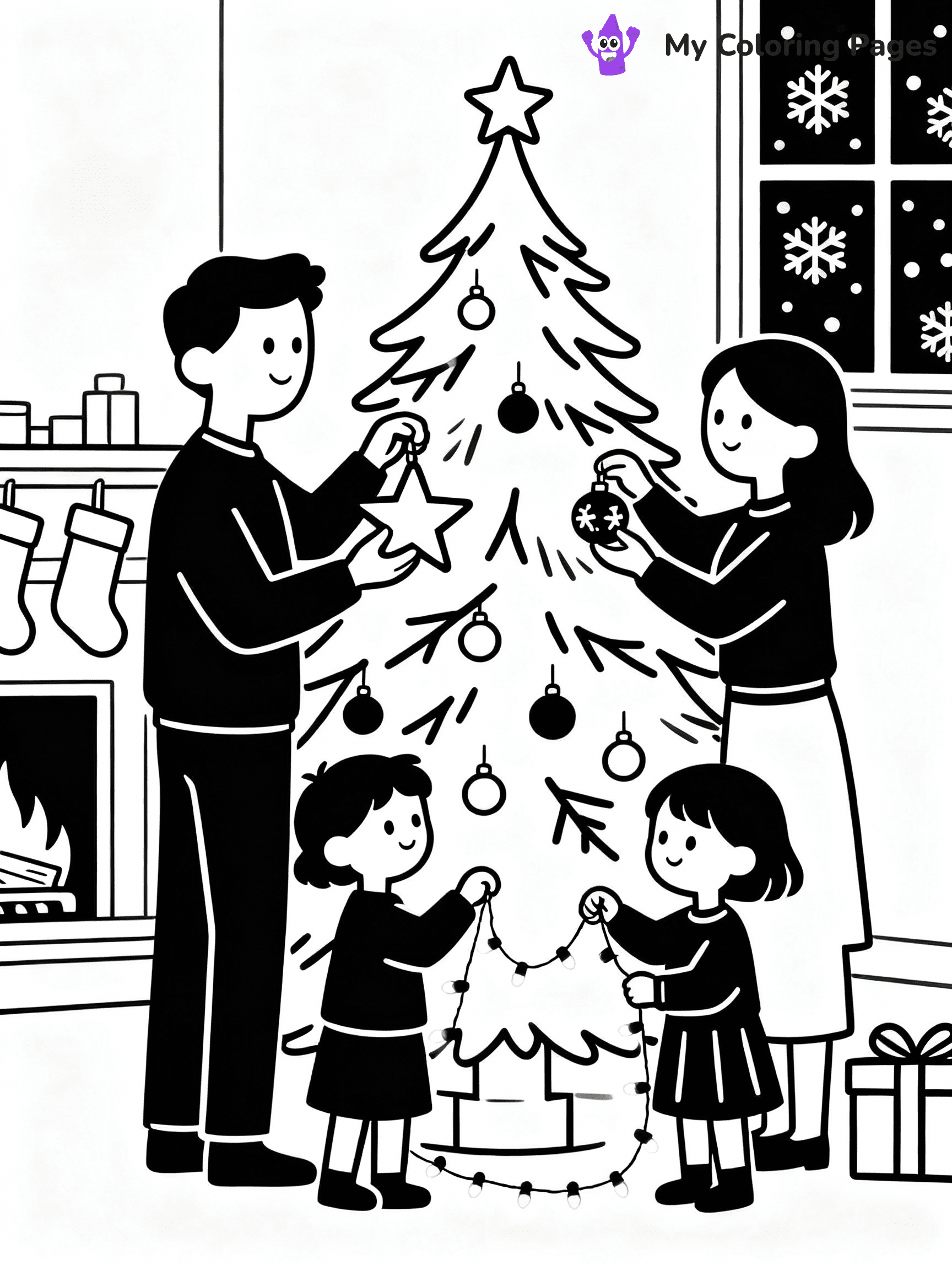 ⚠️ CRITICAL REQUIREMENT - ABSOLUTE BLACK AND WHITE ONLY ⚠️
This MUST be a BLACK AND WHITE line drawing ONLY. NO COLORS whatsoever.
- ONLY pure black lines (#000000) on pure white background (#FFFFFF)
- ABSOLUTELY NO colors, NO shading, NO gradients, NO grayscale
- If there are ANY colors in the output, the image is REJECTED
- This is a COLORING PAGE - meant to be COLORED IN by children
- The output must be UNCOLORED line art ready for coloring
⚠️ SUBJECT TO DRAW: A family decorating their Christmas tree together, in Christmas-themed style. PURE OUTLINES. NO FILLS, COLOR, SHADING, OR GREYSCALE. WHITE BACKGROUND.
(REMEMBER: Output must be BLACK AND WHITE line art only, NOT colored!)
# Flat, Friendly Cartoon Line-Art Coloring Page
You are generating a **pure black-and-white binary image** of a child-friendly cartoon scene combining characters and background scenery in one cohesive composition.
## Rendering Rules (Strict)
- Only two colors: pure black (#000000) outlines and pure white (#FFFFFF) background.
- No grayscale, shading, gradients, tints, fills, transparency, or partial pixels.
- No antialiasing or blended edges; every pixel is 100% black or white.
- No solid black fills inside shapes — all areas inside outlines must remain white.
- No dark clothing areas or filled tone blocks; all garments outlined only.
- No shadows, textures, lighting, or tonal variations.
- Must look like flat binary vector line-art for coloring pages.
## Drawing & Composition
- **Medium, consistent line weight**; clean closed outlines easy to color inside.
- **Flat, simple, child-friendly design** — no realism or 3D depth.
- Characters are **grounded on a surface**, centered and large.
- **Balanced composition** with clear silhouettes and minimal props.
## Scenery & Style
- Landmarks (e.g., mosque, CN Tower) and scenery (trees, benches, waves) drawn with **black outlines only.**
- For real-world figures, teams, or places, show accurate details using only black outlines—no text or logos. Use distinctive uniform patterns, abstract symbols, and landmark silhouettes to convey identity.
- Keep **consistent perspective**; no floating elements.
- **Style:** whimsical **Doodle Art Alley** — rounded, friendly outlines.
- May adapt shapes from **Crayola, Disney, Peppa Pig, Cocomelon** — *by shape only, never color.*
- Final output: **flat, crisp, binary (#000000/#FFFFFF)**, **no filled color or background text.**
EXTREMELYE IMPORTANT:
- PURE BINARY LINE-ART; NO FILLS (HAIR/CLOTHES/SKIN), SHADING, OR GREY.
- NO SHADING, COLOR. MUST BE WHITE BACKGROUND.
⚠️ FINAL REMINDER: Draw the subject "A family decorating their Christmas tree together, in Christmas-themed style. PURE OUTLINES. NO FILLS, COLOR, SHADING, OR GREYSCALE. WHITE BACKGROUND." as BLACK AND WHITE line art. Zero colors in output.