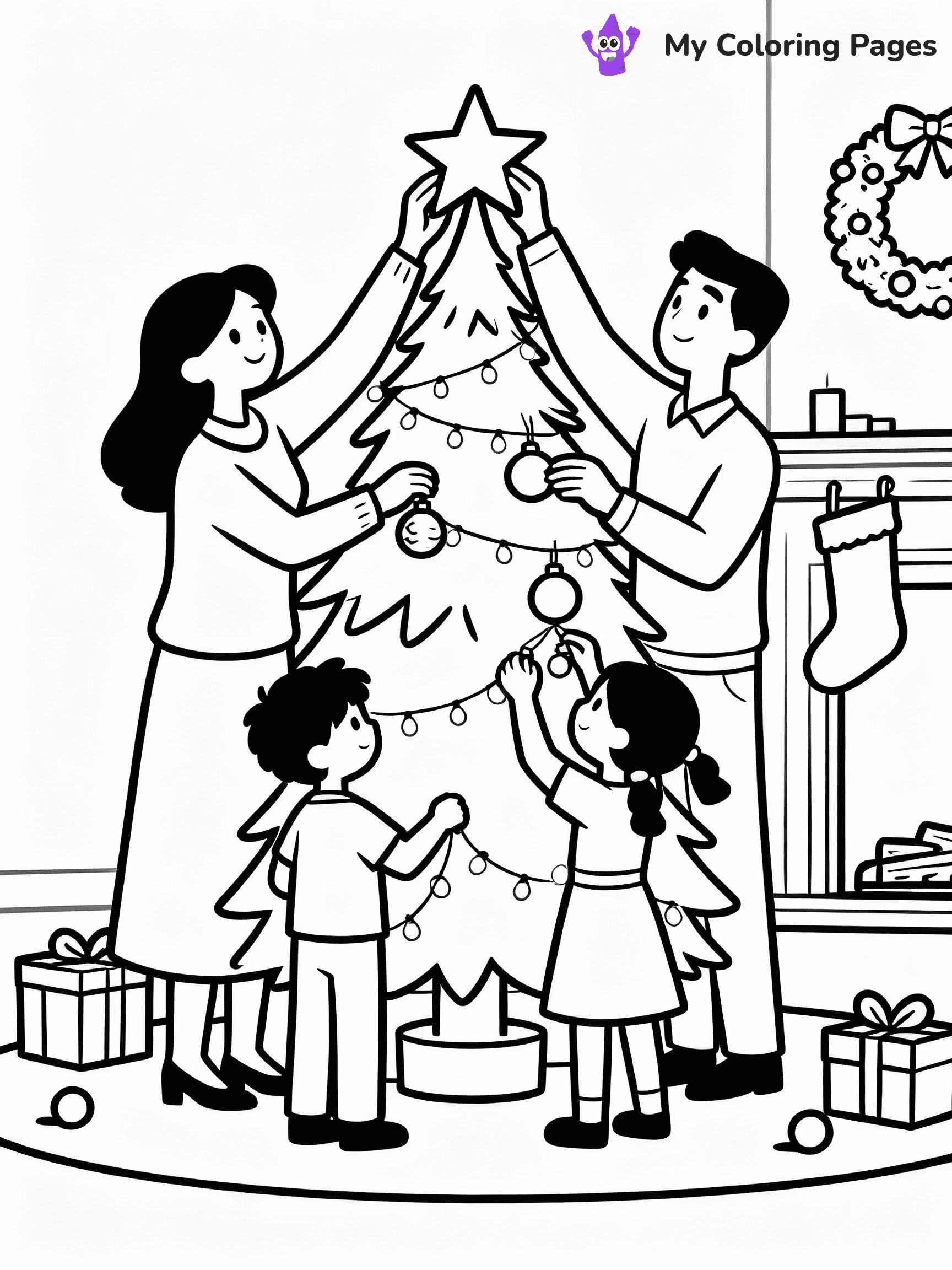 ⚠️ CRITICAL REQUIREMENT - ABSOLUTE BLACK AND WHITE ONLY ⚠️
This MUST be a BLACK AND WHITE line drawing ONLY. NO COLORS whatsoever.
- ONLY pure black lines (#000000) on pure white background (#FFFFFF)
- ABSOLUTELY NO colors, NO shading, NO gradients, NO grayscale
- If there are ANY colors in the output, the image is REJECTED
- This is a COLORING PAGE - meant to be COLORED IN by children
- The output must be UNCOLORED line art ready for coloring
⚠️ SUBJECT TO DRAW: A family decorating their Christmas tree together, in Christmas-themed style. PURE OUTLINES. NO FILLS, COLOR, SHADING, OR GREYSCALE. WHITE BACKGROUND.
(REMEMBER: Output must be BLACK AND WHITE line art only, NOT colored!)
# Flat, Friendly Cartoon Line-Art Coloring Page
You are generating a **pure black-and-white binary image** of a child-friendly cartoon scene combining characters and background scenery in one cohesive composition.
## Rendering Rules (Strict)
- Only two colors: pure black (#000000) outlines and pure white (#FFFFFF) background.
- No grayscale, shading, gradients, tints, fills, transparency, or partial pixels.
- No antialiasing or blended edges; every pixel is 100% black or white.
- No solid black fills inside shapes — all areas inside outlines must remain white.
- No dark clothing areas or filled tone blocks; all garments outlined only.
- No shadows, textures, lighting, or tonal variations.
- Must look like flat binary vector line-art for coloring pages.
## Drawing & Composition
- **Medium, consistent line weight**; clean closed outlines easy to color inside.
- **Flat, simple, child-friendly design** — no realism or 3D depth.
- Characters are **grounded on a surface**, centered and large.
- **Balanced composition** with clear silhouettes and minimal props.
## Scenery & Style
- Landmarks (e.g., mosque, CN Tower) and scenery (trees, benches, waves) drawn with **black outlines only.**
- For real-world figures, teams, or places, show accurate details using only black outlines—no text or logos. Use distinctive uniform patterns, abstract symbols, and landmark silhouettes to convey identity.
- Keep **consistent perspective**; no floating elements.
- **Style:** whimsical **Doodle Art Alley** — rounded, friendly outlines.
- May adapt shapes from **Crayola, Disney, Peppa Pig, Cocomelon** — *by shape only, never color.*
- Final output: **flat, crisp, binary (#000000/#FFFFFF)**, **no filled color or background text.**
EXTREMELYE IMPORTANT:
- PURE BINARY LINE-ART; NO FILLS (HAIR/CLOTHES/SKIN), SHADING, OR GREY.
- NO SHADING, COLOR. MUST BE WHITE BACKGROUND.
⚠️ FINAL REMINDER: Draw the subject "A family decorating their Christmas tree together, in Christmas-themed style. PURE OUTLINES. NO FILLS, COLOR, SHADING, OR GREYSCALE. WHITE BACKGROUND." as BLACK AND WHITE line art. Zero colors in output.