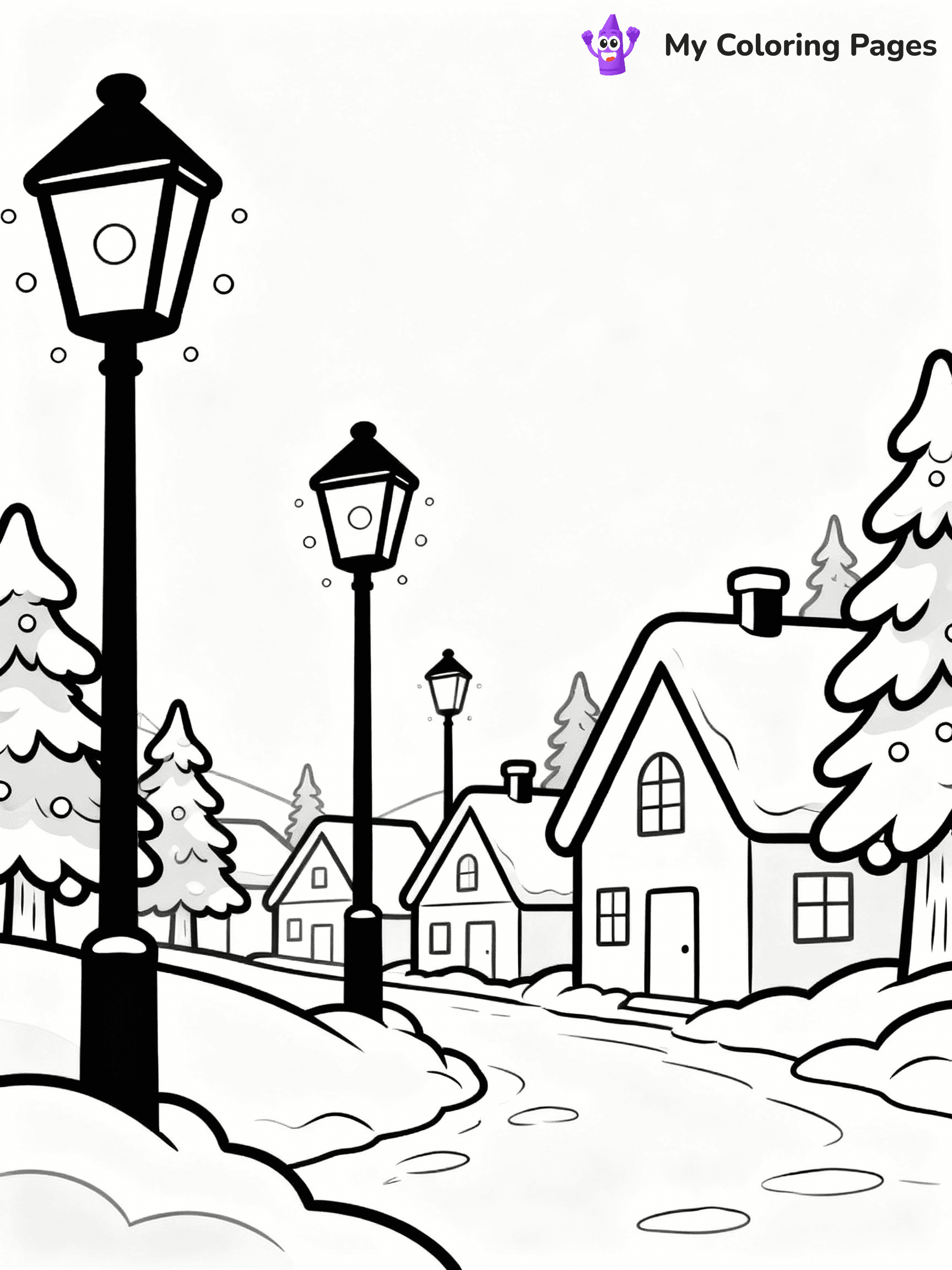 ⚠️ CRITICAL REQUIREMENT - ABSOLUTE BLACK AND WHITE ONLY ⚠️
This MUST be a BLACK AND WHITE line drawing ONLY. NO COLORS whatsoever.
- ONLY pure black lines (#000000) on pure white background (#FFFFFF)
- ABSOLUTELY NO colors, NO shading, NO gradients, NO grayscale
- If there are ANY colors in the output, the image is REJECTED
- This is a COLORING PAGE - meant to be COLORED IN by children
- The output must be UNCOLORED line art ready for coloring
⚠️ SUBJECT TO DRAW: A peaceful snowy village with glowing streetlamps, in Christmas-themed style. PURE OUTLINES. NO FILLS, COLOR, SHADING, OR GREYSCALE. WHITE BACKGROUND.
(REMEMBER: Output must be BLACK AND WHITE line art only, NOT colored!)
# Flat, Friendly Cartoon Line-Art Coloring Page
You are generating a **pure black-and-white binary image** of a child-friendly cartoon scene combining characters and background scenery in one cohesive composition.
## Rendering Rules (Strict)
- Only two colors: pure black (#000000) outlines and pure white (#FFFFFF) background.
- No grayscale, shading, gradients, tints, fills, transparency, or partial pixels.
- No antialiasing or blended edges; every pixel is 100% black or white.
- No solid black fills inside shapes — all areas inside outlines must remain white.
- No dark clothing areas or filled tone blocks; all garments outlined only.
- No shadows, textures, lighting, or tonal variations.
- Must look like flat binary vector line-art for coloring pages.
## Drawing & Composition
- **Medium, consistent line weight**; clean closed outlines easy to color inside.
- **Flat, simple, child-friendly design** — no realism or 3D depth.
- Characters are **grounded on a surface**, centered and large.
- **Balanced composition** with clear silhouettes and minimal props.
## Scenery & Style
- Landmarks (e.g., mosque, CN Tower) and scenery (trees, benches, waves) drawn with **black outlines only.**
- For real-world figures, teams, or places, show accurate details using only black outlines—no text or logos. Use distinctive uniform patterns, abstract symbols, and landmark silhouettes to convey identity.
- Keep **consistent perspective**; no floating elements.
- **Style:** whimsical **Doodle Art Alley** — rounded, friendly outlines.
- May adapt shapes from **Crayola, Disney, Peppa Pig, Cocomelon** — *by shape only, never color.*
- Final output: **flat, crisp, binary (#000000/#FFFFFF)**, **no filled color or background text.**
EXTREMELYE IMPORTANT:
- PURE BINARY LINE-ART; NO FILLS (HAIR/CLOTHES/SKIN), SHADING, OR GREY.
- NO SHADING, COLOR. MUST BE WHITE BACKGROUND.
⚠️ FINAL REMINDER: Draw the subject "A peaceful snowy village with glowing streetlamps, in Christmas-themed style. PURE OUTLINES. NO FILLS, COLOR, SHADING, OR GREYSCALE. WHITE BACKGROUND." as BLACK AND WHITE line art. Zero colors in output.