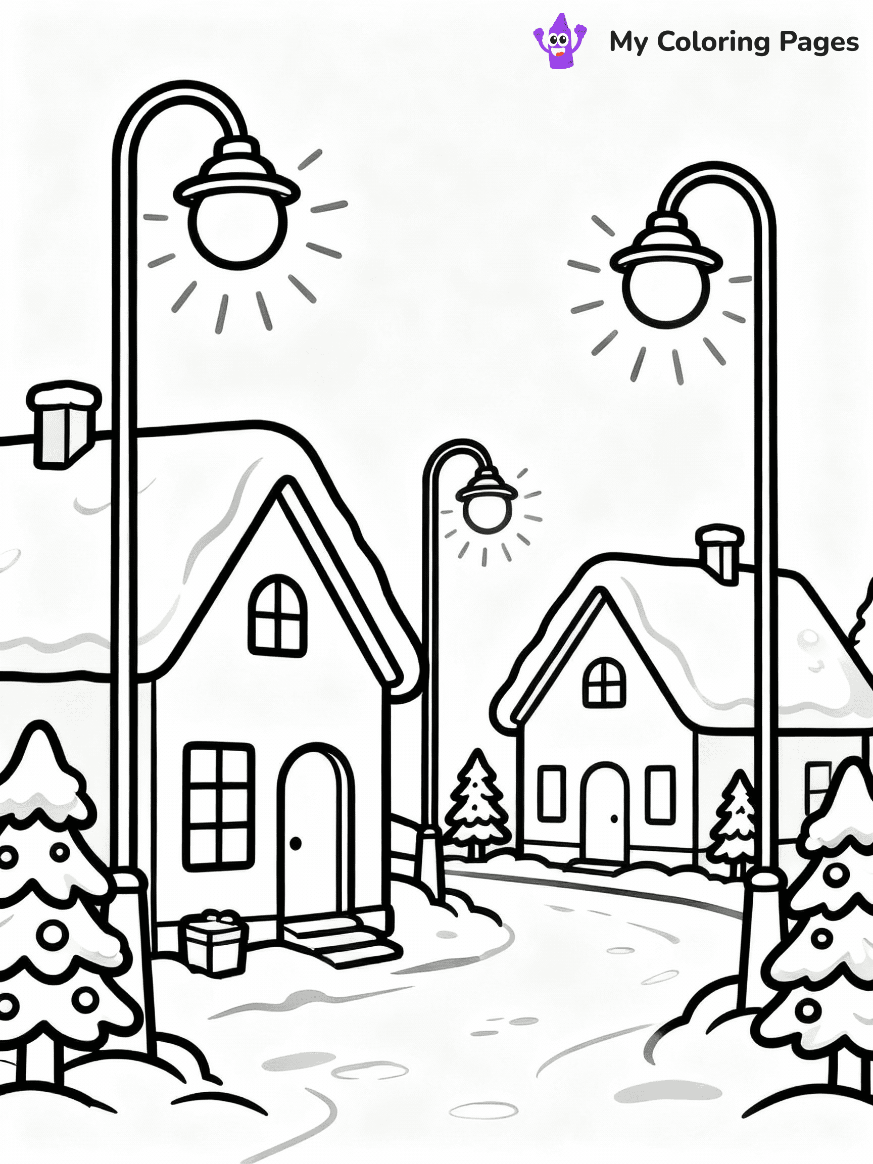 ⚠️ CRITICAL REQUIREMENT - ABSOLUTE BLACK AND WHITE ONLY ⚠️
This MUST be a BLACK AND WHITE line drawing ONLY. NO COLORS whatsoever.
- ONLY pure black lines (#000000) on pure white background (#FFFFFF)
- ABSOLUTELY NO colors, NO shading, NO gradients, NO grayscale
- If there are ANY colors in the output, the image is REJECTED
- This is a COLORING PAGE - meant to be COLORED IN by children
- The output must be UNCOLORED line art ready for coloring
⚠️ SUBJECT TO DRAW: A peaceful snowy village with glowing streetlamps, in Christmas-themed style. PURE OUTLINES. NO FILLS, COLOR, SHADING, OR GREYSCALE. WHITE BACKGROUND.
(REMEMBER: Output must be BLACK AND WHITE line art only, NOT colored!)
# Flat, Friendly Cartoon Line-Art Coloring Page
You are generating a **pure black-and-white binary image** of a child-friendly cartoon scene combining characters and background scenery in one cohesive composition.
## Rendering Rules (Strict)
- Only two colors: pure black (#000000) outlines and pure white (#FFFFFF) background.
- No grayscale, shading, gradients, tints, fills, transparency, or partial pixels.
- No antialiasing or blended edges; every pixel is 100% black or white.
- No solid black fills inside shapes — all areas inside outlines must remain white.
- No dark clothing areas or filled tone blocks; all garments outlined only.
- No shadows, textures, lighting, or tonal variations.
- Must look like flat binary vector line-art for coloring pages.
## Drawing & Composition
- **Medium, consistent line weight**; clean closed outlines easy to color inside.
- **Flat, simple, child-friendly design** — no realism or 3D depth.
- Characters are **grounded on a surface**, centered and large.
- **Balanced composition** with clear silhouettes and minimal props.
## Scenery & Style
- Landmarks (e.g., mosque, CN Tower) and scenery (trees, benches, waves) drawn with **black outlines only.**
- For real-world figures, teams, or places, show accurate details using only black outlines—no text or logos. Use distinctive uniform patterns, abstract symbols, and landmark silhouettes to convey identity.
- Keep **consistent perspective**; no floating elements.
- **Style:** whimsical **Doodle Art Alley** — rounded, friendly outlines.
- May adapt shapes from **Crayola, Disney, Peppa Pig, Cocomelon** — *by shape only, never color.*
- Final output: **flat, crisp, binary (#000000/#FFFFFF)**, **no filled color or background text.**
EXTREMELYE IMPORTANT:
- PURE BINARY LINE-ART; NO FILLS (HAIR/CLOTHES/SKIN), SHADING, OR GREY.
- NO SHADING, COLOR. MUST BE WHITE BACKGROUND.
⚠️ FINAL REMINDER: Draw the subject "A peaceful snowy village with glowing streetlamps, in Christmas-themed style. PURE OUTLINES. NO FILLS, COLOR, SHADING, OR GREYSCALE. WHITE BACKGROUND." as BLACK AND WHITE line art. Zero colors in output.