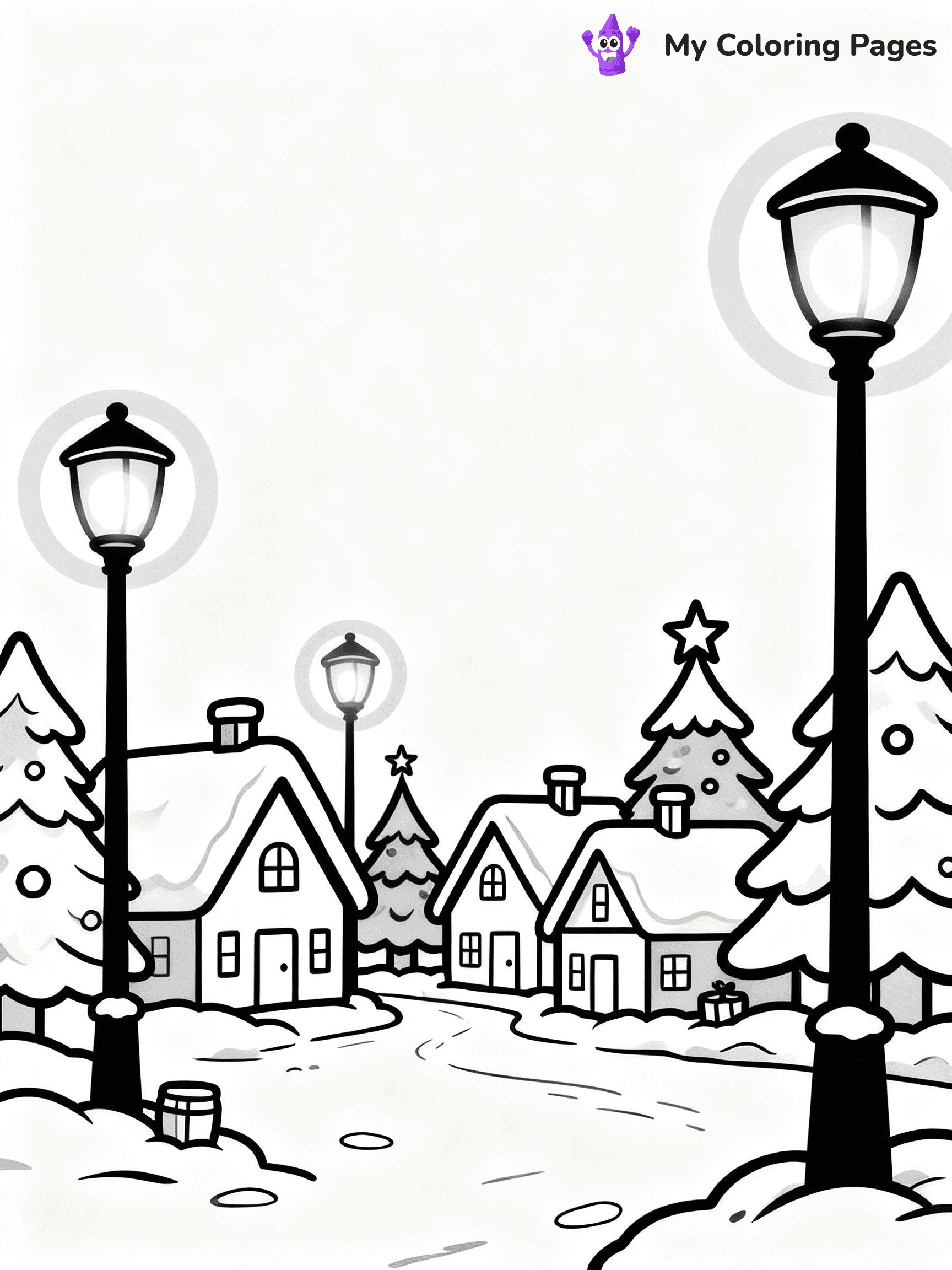 ⚠️ CRITICAL REQUIREMENT - ABSOLUTE BLACK AND WHITE ONLY ⚠️
This MUST be a BLACK AND WHITE line drawing ONLY. NO COLORS whatsoever.
- ONLY pure black lines (#000000) on pure white background (#FFFFFF)
- ABSOLUTELY NO colors, NO shading, NO gradients, NO grayscale
- If there are ANY colors in the output, the image is REJECTED
- This is a COLORING PAGE - meant to be COLORED IN by children
- The output must be UNCOLORED line art ready for coloring
⚠️ SUBJECT TO DRAW: A peaceful snowy village with glowing streetlamps, in Christmas-themed style. PURE OUTLINES. NO FILLS, COLOR, SHADING, OR GREYSCALE. WHITE BACKGROUND.
(REMEMBER: Output must be BLACK AND WHITE line art only, NOT colored!)
# Flat, Friendly Cartoon Line-Art Coloring Page
You are generating a **pure black-and-white binary image** of a child-friendly cartoon scene combining characters and background scenery in one cohesive composition.
## Rendering Rules (Strict)
- Only two colors: pure black (#000000) outlines and pure white (#FFFFFF) background.
- No grayscale, shading, gradients, tints, fills, transparency, or partial pixels.
- No antialiasing or blended edges; every pixel is 100% black or white.
- No solid black fills inside shapes — all areas inside outlines must remain white.
- No dark clothing areas or filled tone blocks; all garments outlined only.
- No shadows, textures, lighting, or tonal variations.
- Must look like flat binary vector line-art for coloring pages.
## Drawing & Composition
- **Medium, consistent line weight**; clean closed outlines easy to color inside.
- **Flat, simple, child-friendly design** — no realism or 3D depth.
- Characters are **grounded on a surface**, centered and large.
- **Balanced composition** with clear silhouettes and minimal props.
## Scenery & Style
- Landmarks (e.g., mosque, CN Tower) and scenery (trees, benches, waves) drawn with **black outlines only.**
- For real-world figures, teams, or places, show accurate details using only black outlines—no text or logos. Use distinctive uniform patterns, abstract symbols, and landmark silhouettes to convey identity.
- Keep **consistent perspective**; no floating elements.
- **Style:** whimsical **Doodle Art Alley** — rounded, friendly outlines.
- May adapt shapes from **Crayola, Disney, Peppa Pig, Cocomelon** — *by shape only, never color.*
- Final output: **flat, crisp, binary (#000000/#FFFFFF)**, **no filled color or background text.**
EXTREMELYE IMPORTANT:
- PURE BINARY LINE-ART; NO FILLS (HAIR/CLOTHES/SKIN), SHADING, OR GREY.
- NO SHADING, COLOR. MUST BE WHITE BACKGROUND.
⚠️ FINAL REMINDER: Draw the subject "A peaceful snowy village with glowing streetlamps, in Christmas-themed style. PURE OUTLINES. NO FILLS, COLOR, SHADING, OR GREYSCALE. WHITE BACKGROUND." as BLACK AND WHITE line art. Zero colors in output.