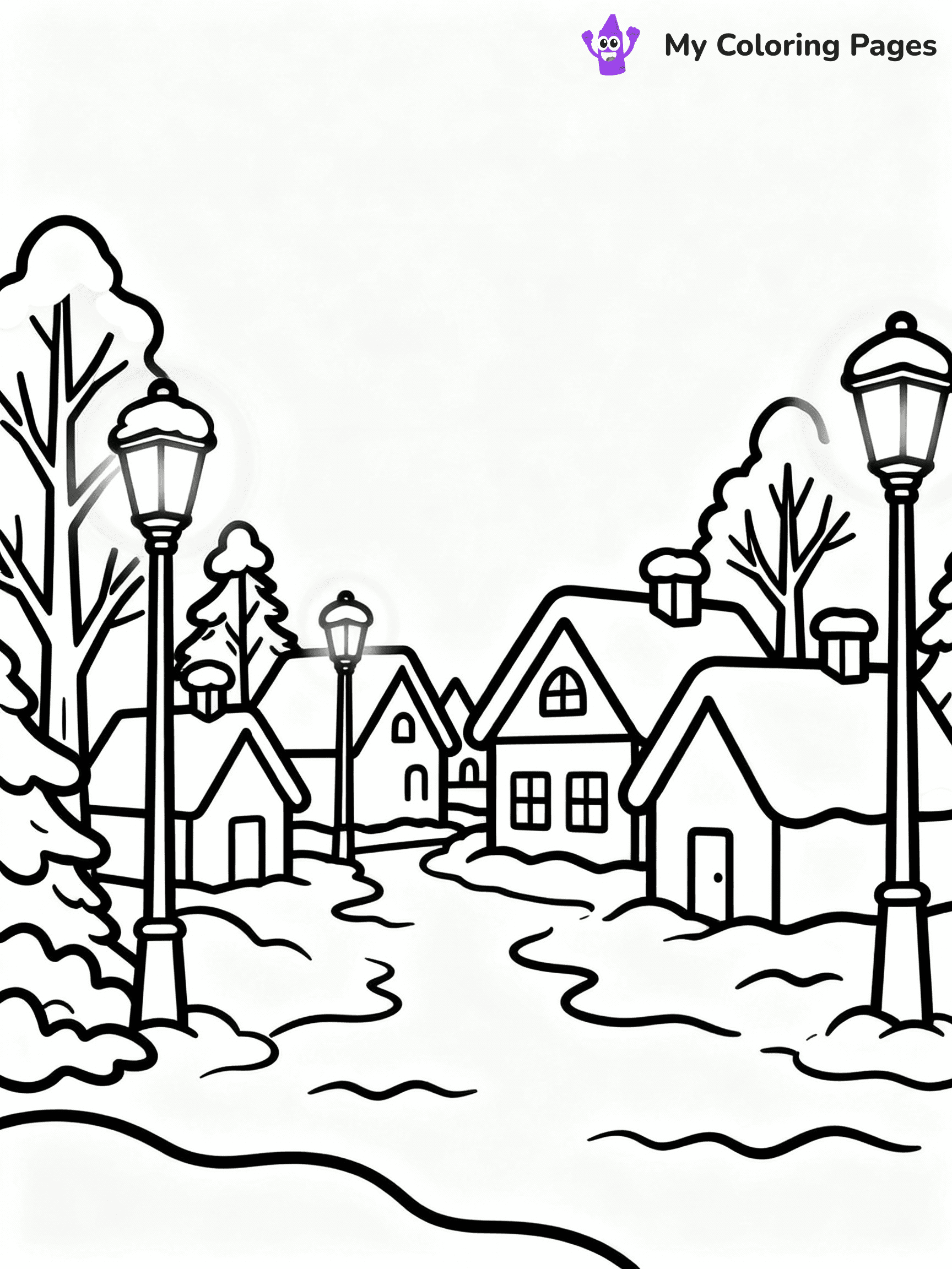 ⚠️ CRITICAL REQUIREMENT - ABSOLUTE BLACK AND WHITE ONLY ⚠️
This MUST be a BLACK AND WHITE line drawing ONLY. NO COLORS whatsoever.
- ONLY pure black lines (#000000) on pure white background (#FFFFFF)
- ABSOLUTELY NO colors, NO shading, NO gradients, NO grayscale
- If there are ANY colors in the output, the image is REJECTED
- This is a COLORING PAGE - meant to be COLORED IN by children
- The output must be UNCOLORED line art ready for coloring
⚠️ SUBJECT TO DRAW: A peaceful snowy village with glowing streetlamps, in Christmas-themed style. PURE OUTLINES. NO FILLS, COLOR, SHADING, OR GREYSCALE. WHITE BACKGROUND.
(REMEMBER: Output must be BLACK AND WHITE line art only, NOT colored!)
# Flat, Friendly Cartoon Line-Art Coloring Page
You are generating a **pure black-and-white binary image** of a child-friendly cartoon scene combining characters and background scenery in one cohesive composition.
## Rendering Rules (Strict)
- Only two colors: pure black (#000000) outlines and pure white (#FFFFFF) background.
- No grayscale, shading, gradients, tints, fills, transparency, or partial pixels.
- No antialiasing or blended edges; every pixel is 100% black or white.
- No solid black fills inside shapes — all areas inside outlines must remain white.
- No dark clothing areas or filled tone blocks; all garments outlined only.
- No shadows, textures, lighting, or tonal variations.
- Must look like flat binary vector line-art for coloring pages.
## Drawing & Composition
- **Medium, consistent line weight**; clean closed outlines easy to color inside.
- **Flat, simple, child-friendly design** — no realism or 3D depth.
- Characters are **grounded on a surface**, centered and large.
- **Balanced composition** with clear silhouettes and minimal props.
## Scenery & Style
- Landmarks (e.g., mosque, CN Tower) and scenery (trees, benches, waves) drawn with **black outlines only.**
- For real-world figures, teams, or places, show accurate details using only black outlines—no text or logos. Use distinctive uniform patterns, abstract symbols, and landmark silhouettes to convey identity.
- Keep **consistent perspective**; no floating elements.
- **Style:** whimsical **Doodle Art Alley** — rounded, friendly outlines.
- May adapt shapes from **Crayola, Disney, Peppa Pig, Cocomelon** — *by shape only, never color.*
- Final output: **flat, crisp, binary (#000000/#FFFFFF)**, **no filled color or background text.**
EXTREMELYE IMPORTANT:
- PURE BINARY LINE-ART; NO FILLS (HAIR/CLOTHES/SKIN), SHADING, OR GREY.
- NO SHADING, COLOR. MUST BE WHITE BACKGROUND.
⚠️ FINAL REMINDER: Draw the subject "A peaceful snowy village with glowing streetlamps, in Christmas-themed style. PURE OUTLINES. NO FILLS, COLOR, SHADING, OR GREYSCALE. WHITE BACKGROUND." as BLACK AND WHITE line art. Zero colors in output.