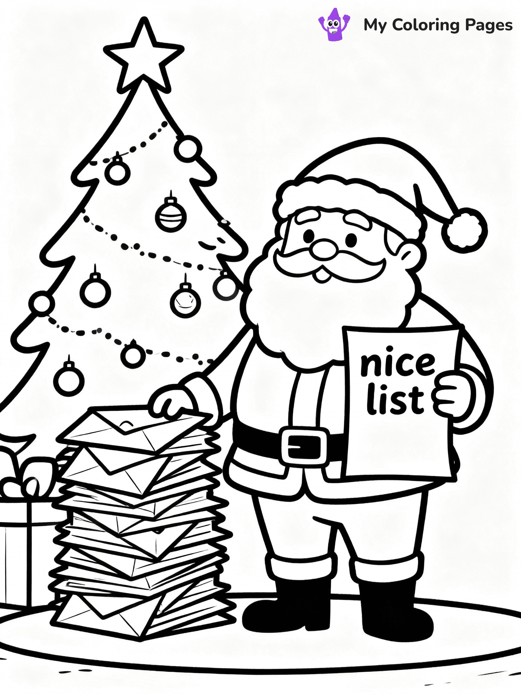 ⚠️ CRITICAL REQUIREMENT - ABSOLUTE BLACK AND WHITE ONLY ⚠️
This MUST be a BLACK AND WHITE line drawing ONLY. NO COLORS whatsoever.
- ONLY pure black lines (#000000) on pure white background (#FFFFFF)
- ABSOLUTELY NO colors, NO shading, NO gradients, NO grayscale
- If there are ANY colors in the output, the image is REJECTED
- This is a COLORING PAGE - meant to be COLORED IN by children
- The output must be UNCOLORED line art ready for coloring
⚠️ SUBJECT TO DRAW: Santa checking his nice list beside a stack of letters, in Christmas-themed style. PURE OUTLINES. NO FILLS, COLOR, SHADING, OR GREYSCALE. WHITE BACKGROUND.
(REMEMBER: Output must be BLACK AND WHITE line art only, NOT colored!)
# Flat, Friendly Cartoon Line-Art Coloring Page
You are generating a **pure black-and-white binary image** of a child-friendly cartoon scene combining characters and background scenery in one cohesive composition.
## Rendering Rules (Strict)
- Only two colors: pure black (#000000) outlines and pure white (#FFFFFF) background.
- No grayscale, shading, gradients, tints, fills, transparency, or partial pixels.
- No antialiasing or blended edges; every pixel is 100% black or white.
- No solid black fills inside shapes — all areas inside outlines must remain white.
- No dark clothing areas or filled tone blocks; all garments outlined only.
- No shadows, textures, lighting, or tonal variations.
- Must look like flat binary vector line-art for coloring pages.
## Drawing & Composition
- **Medium, consistent line weight**; clean closed outlines easy to color inside.
- **Flat, simple, child-friendly design** — no realism or 3D depth.
- Characters are **grounded on a surface**, centered and large.
- **Balanced composition** with clear silhouettes and minimal props.
## Scenery & Style
- Landmarks (e.g., mosque, CN Tower) and scenery (trees, benches, waves) drawn with **black outlines only.**
- For real-world figures, teams, or places, show accurate details using only black outlines—no text or logos. Use distinctive uniform patterns, abstract symbols, and landmark silhouettes to convey identity.
- Keep **consistent perspective**; no floating elements.
- **Style:** whimsical **Doodle Art Alley** — rounded, friendly outlines.
- May adapt shapes from **Crayola, Disney, Peppa Pig, Cocomelon** — *by shape only, never color.*
- Final output: **flat, crisp, binary (#000000/#FFFFFF)**, **no filled color or background text.**
EXTREMELYE IMPORTANT:
- PURE BINARY LINE-ART; NO FILLS (HAIR/CLOTHES/SKIN), SHADING, OR GREY.
- NO SHADING, COLOR. MUST BE WHITE BACKGROUND.
⚠️ FINAL REMINDER: Draw the subject "Santa checking his nice list beside a stack of letters, in Christmas-themed style. PURE OUTLINES. NO FILLS, COLOR, SHADING, OR GREYSCALE. WHITE BACKGROUND." as BLACK AND WHITE line art. Zero colors in output.