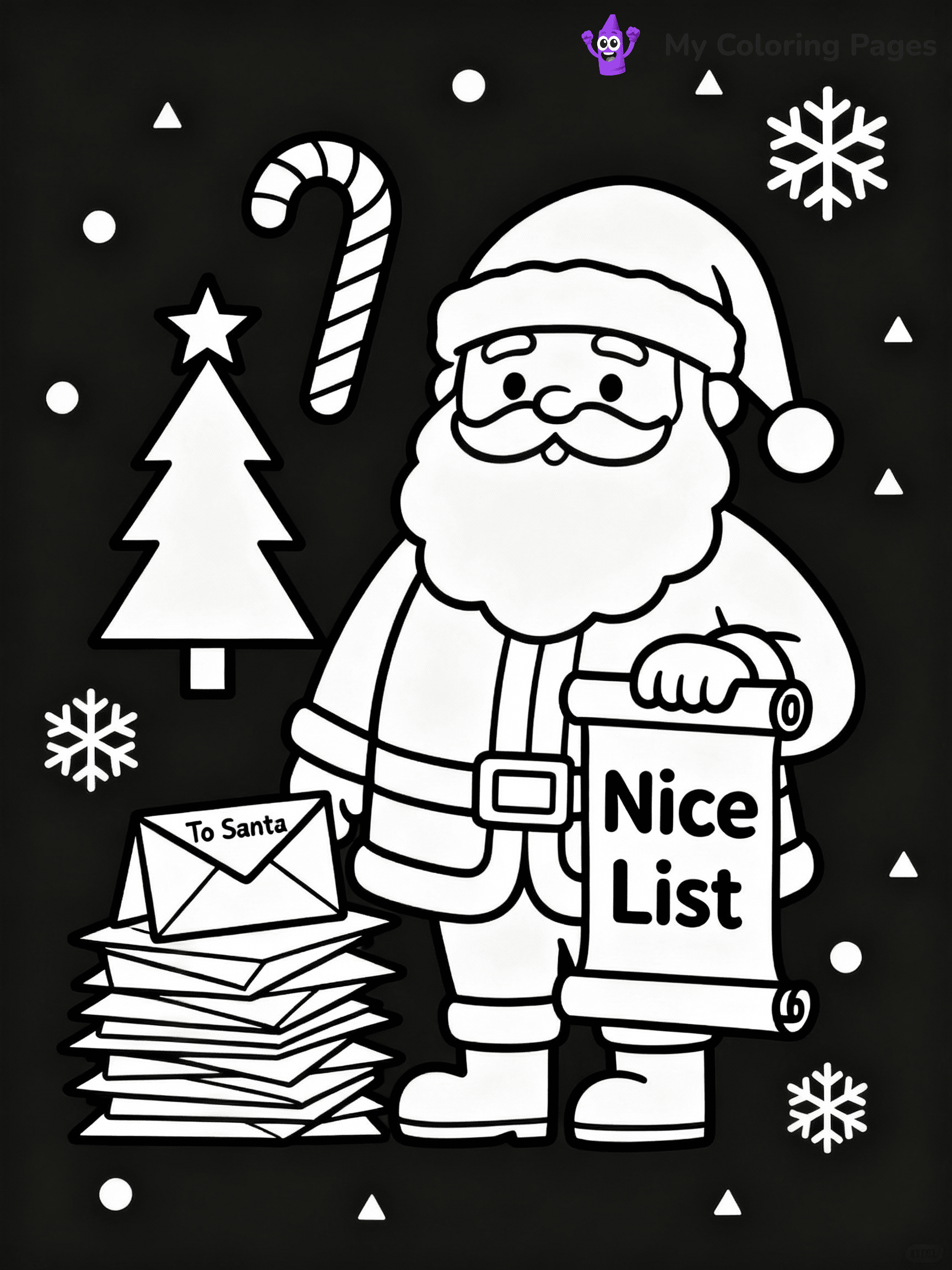 ⚠️ CRITICAL REQUIREMENT - ABSOLUTE BLACK AND WHITE ONLY ⚠️
This MUST be a BLACK AND WHITE line drawing ONLY. NO COLORS whatsoever.
- ONLY pure black lines (#000000) on pure white background (#FFFFFF)
- ABSOLUTELY NO colors, NO shading, NO gradients, NO grayscale
- If there are ANY colors in the output, the image is REJECTED
- This is a COLORING PAGE - meant to be COLORED IN by children
- The output must be UNCOLORED line art ready for coloring
⚠️ SUBJECT TO DRAW: Santa checking his nice list beside a stack of letters, in Christmas-themed style. PURE OUTLINES. NO FILLS, COLOR, SHADING, OR GREYSCALE. WHITE BACKGROUND.
(REMEMBER: Output must be BLACK AND WHITE line art only, NOT colored!)
# Flat, Friendly Cartoon Line-Art Coloring Page
You are generating a **pure black-and-white binary image** of a child-friendly cartoon scene combining characters and background scenery in one cohesive composition.
## Rendering Rules (Strict)
- Only two colors: pure black (#000000) outlines and pure white (#FFFFFF) background.
- No grayscale, shading, gradients, tints, fills, transparency, or partial pixels.
- No antialiasing or blended edges; every pixel is 100% black or white.
- No solid black fills inside shapes — all areas inside outlines must remain white.
- No dark clothing areas or filled tone blocks; all garments outlined only.
- No shadows, textures, lighting, or tonal variations.
- Must look like flat binary vector line-art for coloring pages.
## Drawing & Composition
- **Medium, consistent line weight**; clean closed outlines easy to color inside.
- **Flat, simple, child-friendly design** — no realism or 3D depth.
- Characters are **grounded on a surface**, centered and large.
- **Balanced composition** with clear silhouettes and minimal props.
## Scenery & Style
- Landmarks (e.g., mosque, CN Tower) and scenery (trees, benches, waves) drawn with **black outlines only.**
- For real-world figures, teams, or places, show accurate details using only black outlines—no text or logos. Use distinctive uniform patterns, abstract symbols, and landmark silhouettes to convey identity.
- Keep **consistent perspective**; no floating elements.
- **Style:** whimsical **Doodle Art Alley** — rounded, friendly outlines.
- May adapt shapes from **Crayola, Disney, Peppa Pig, Cocomelon** — *by shape only, never color.*
- Final output: **flat, crisp, binary (#000000/#FFFFFF)**, **no filled color or background text.**
EXTREMELYE IMPORTANT:
- PURE BINARY LINE-ART; NO FILLS (HAIR/CLOTHES/SKIN), SHADING, OR GREY.
- NO SHADING, COLOR. MUST BE WHITE BACKGROUND.
⚠️ FINAL REMINDER: Draw the subject "Santa checking his nice list beside a stack of letters, in Christmas-themed style. PURE OUTLINES. NO FILLS, COLOR, SHADING, OR GREYSCALE. WHITE BACKGROUND." as BLACK AND WHITE line art. Zero colors in output.