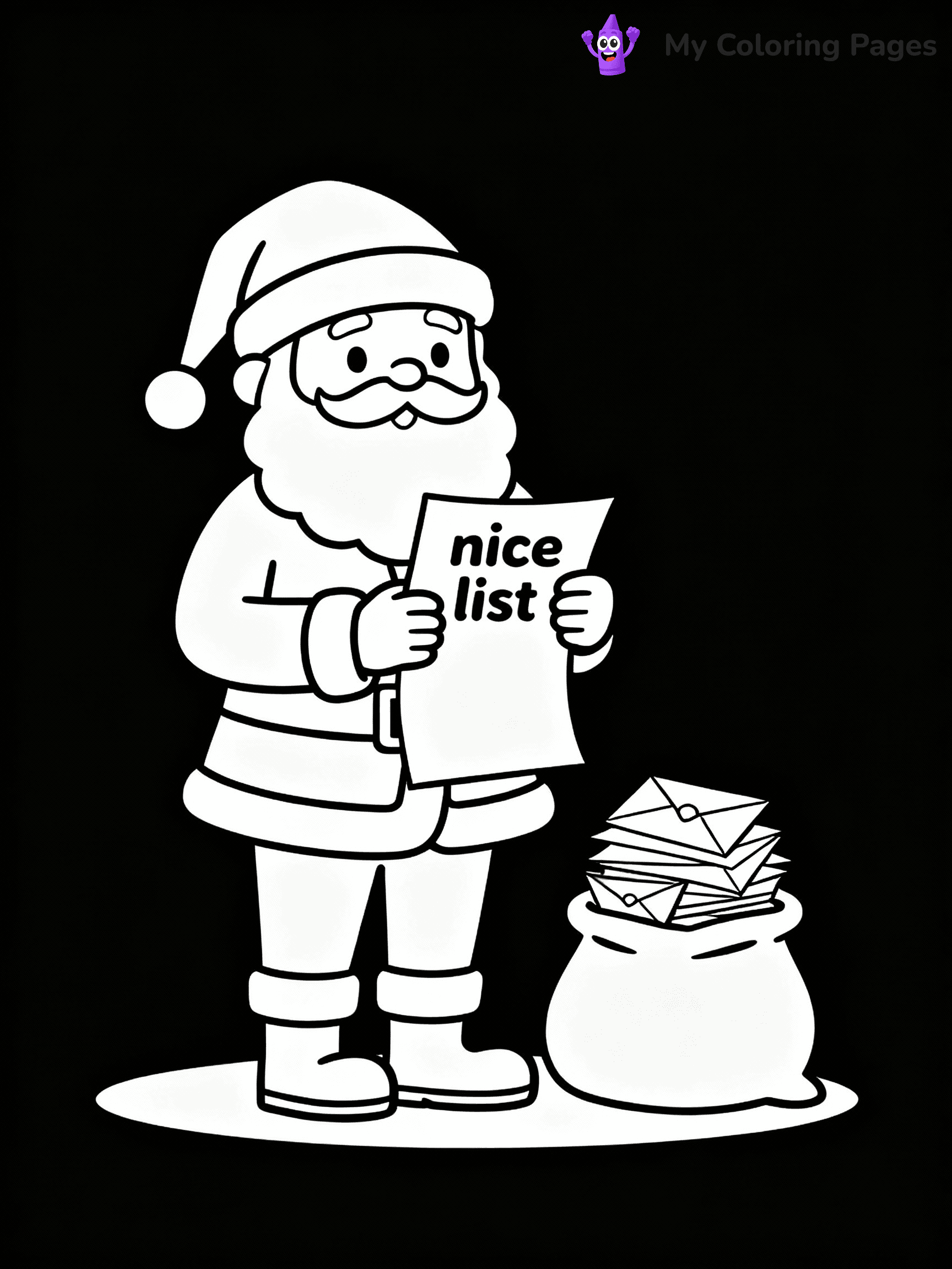 ⚠️ CRITICAL REQUIREMENT - ABSOLUTE BLACK AND WHITE ONLY ⚠️
This MUST be a BLACK AND WHITE line drawing ONLY. NO COLORS whatsoever.
- ONLY pure black lines (#000000) on pure white background (#FFFFFF)
- ABSOLUTELY NO colors, NO shading, NO gradients, NO grayscale
- If there are ANY colors in the output, the image is REJECTED
- This is a COLORING PAGE - meant to be COLORED IN by children
- The output must be UNCOLORED line art ready for coloring
⚠️ SUBJECT TO DRAW: Santa checking his nice list beside a stack of letters, in Christmas-themed style. PURE OUTLINES. NO FILLS, COLOR, SHADING, OR GREYSCALE. WHITE BACKGROUND.
(REMEMBER: Output must be BLACK AND WHITE line art only, NOT colored!)
# Flat, Friendly Cartoon Line-Art Coloring Page
You are generating a **pure black-and-white binary image** of a child-friendly cartoon scene combining characters and background scenery in one cohesive composition.
## Rendering Rules (Strict)
- Only two colors: pure black (#000000) outlines and pure white (#FFFFFF) background.
- No grayscale, shading, gradients, tints, fills, transparency, or partial pixels.
- No antialiasing or blended edges; every pixel is 100% black or white.
- No solid black fills inside shapes — all areas inside outlines must remain white.
- No dark clothing areas or filled tone blocks; all garments outlined only.
- No shadows, textures, lighting, or tonal variations.
- Must look like flat binary vector line-art for coloring pages.
## Drawing & Composition
- **Medium, consistent line weight**; clean closed outlines easy to color inside.
- **Flat, simple, child-friendly design** — no realism or 3D depth.
- Characters are **grounded on a surface**, centered and large.
- **Balanced composition** with clear silhouettes and minimal props.
## Scenery & Style
- Landmarks (e.g., mosque, CN Tower) and scenery (trees, benches, waves) drawn with **black outlines only.**
- For real-world figures, teams, or places, show accurate details using only black outlines—no text or logos. Use distinctive uniform patterns, abstract symbols, and landmark silhouettes to convey identity.
- Keep **consistent perspective**; no floating elements.
- **Style:** whimsical **Doodle Art Alley** — rounded, friendly outlines.
- May adapt shapes from **Crayola, Disney, Peppa Pig, Cocomelon** — *by shape only, never color.*
- Final output: **flat, crisp, binary (#000000/#FFFFFF)**, **no filled color or background text.**
EXTREMELYE IMPORTANT:
- PURE BINARY LINE-ART; NO FILLS (HAIR/CLOTHES/SKIN), SHADING, OR GREY.
- NO SHADING, COLOR. MUST BE WHITE BACKGROUND.
⚠️ FINAL REMINDER: Draw the subject "Santa checking his nice list beside a stack of letters, in Christmas-themed style. PURE OUTLINES. NO FILLS, COLOR, SHADING, OR GREYSCALE. WHITE BACKGROUND." as BLACK AND WHITE line art. Zero colors in output.