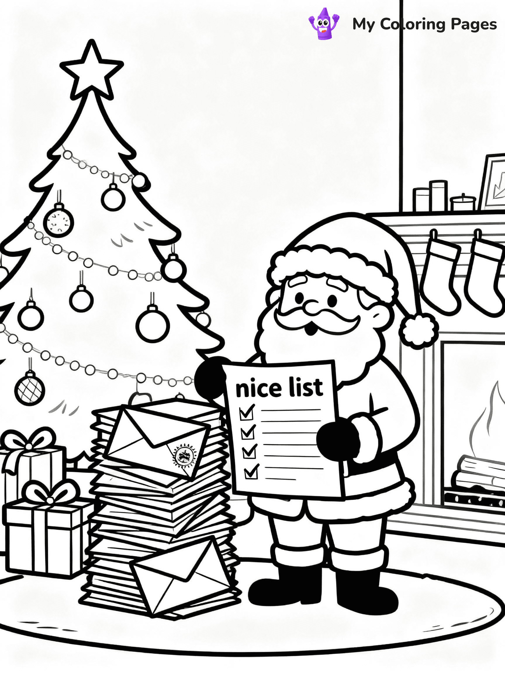 ⚠️ CRITICAL REQUIREMENT - ABSOLUTE BLACK AND WHITE ONLY ⚠️
This MUST be a BLACK AND WHITE line drawing ONLY. NO COLORS whatsoever.
- ONLY pure black lines (#000000) on pure white background (#FFFFFF)
- ABSOLUTELY NO colors, NO shading, NO gradients, NO grayscale
- If there are ANY colors in the output, the image is REJECTED
- This is a COLORING PAGE - meant to be COLORED IN by children
- The output must be UNCOLORED line art ready for coloring
⚠️ SUBJECT TO DRAW: Santa checking his nice list beside a stack of letters, in Christmas-themed style. PURE OUTLINES. NO FILLS, COLOR, SHADING, OR GREYSCALE. WHITE BACKGROUND.
(REMEMBER: Output must be BLACK AND WHITE line art only, NOT colored!)
# Flat, Friendly Cartoon Line-Art Coloring Page
You are generating a **pure black-and-white binary image** of a child-friendly cartoon scene combining characters and background scenery in one cohesive composition.
## Rendering Rules (Strict)
- Only two colors: pure black (#000000) outlines and pure white (#FFFFFF) background.
- No grayscale, shading, gradients, tints, fills, transparency, or partial pixels.
- No antialiasing or blended edges; every pixel is 100% black or white.
- No solid black fills inside shapes — all areas inside outlines must remain white.
- No dark clothing areas or filled tone blocks; all garments outlined only.
- No shadows, textures, lighting, or tonal variations.
- Must look like flat binary vector line-art for coloring pages.
## Drawing & Composition
- **Medium, consistent line weight**; clean closed outlines easy to color inside.
- **Flat, simple, child-friendly design** — no realism or 3D depth.
- Characters are **grounded on a surface**, centered and large.
- **Balanced composition** with clear silhouettes and minimal props.
## Scenery & Style
- Landmarks (e.g., mosque, CN Tower) and scenery (trees, benches, waves) drawn with **black outlines only.**
- For real-world figures, teams, or places, show accurate details using only black outlines—no text or logos. Use distinctive uniform patterns, abstract symbols, and landmark silhouettes to convey identity.
- Keep **consistent perspective**; no floating elements.
- **Style:** whimsical **Doodle Art Alley** — rounded, friendly outlines.
- May adapt shapes from **Crayola, Disney, Peppa Pig, Cocomelon** — *by shape only, never color.*
- Final output: **flat, crisp, binary (#000000/#FFFFFF)**, **no filled color or background text.**
EXTREMELYE IMPORTANT:
- PURE BINARY LINE-ART; NO FILLS (HAIR/CLOTHES/SKIN), SHADING, OR GREY.
- NO SHADING, COLOR. MUST BE WHITE BACKGROUND.
⚠️ FINAL REMINDER: Draw the subject "Santa checking his nice list beside a stack of letters, in Christmas-themed style. PURE OUTLINES. NO FILLS, COLOR, SHADING, OR GREYSCALE. WHITE BACKGROUND." as BLACK AND WHITE line art. Zero colors in output.