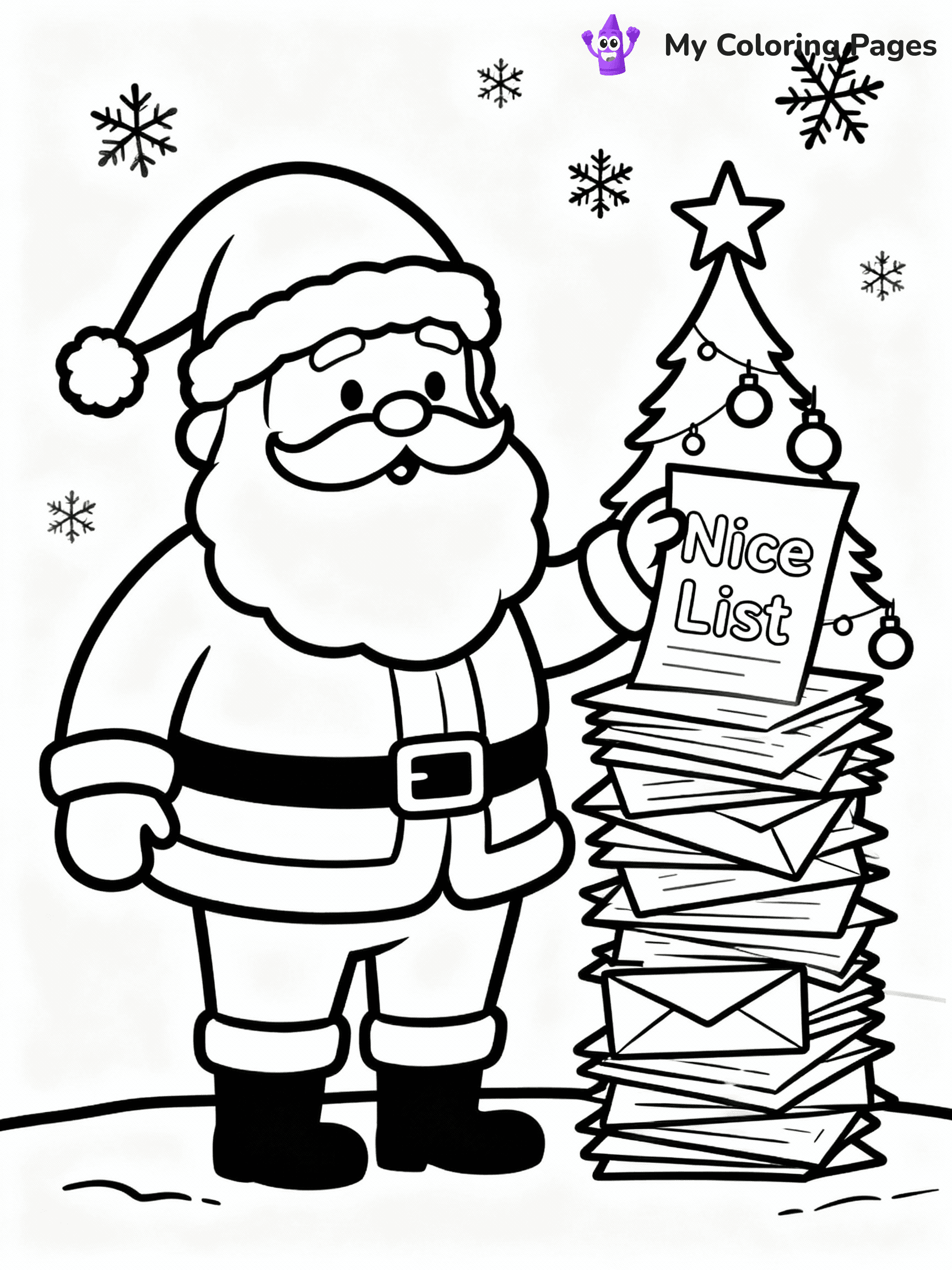 ⚠️ CRITICAL REQUIREMENT - ABSOLUTE BLACK AND WHITE ONLY ⚠️
This MUST be a BLACK AND WHITE line drawing ONLY. NO COLORS whatsoever.
- ONLY pure black lines (#000000) on pure white background (#FFFFFF)
- ABSOLUTELY NO colors, NO shading, NO gradients, NO grayscale
- If there are ANY colors in the output, the image is REJECTED
- This is a COLORING PAGE - meant to be COLORED IN by children
- The output must be UNCOLORED line art ready for coloring
⚠️ SUBJECT TO DRAW: Santa checking his nice list beside a stack of letters, in Christmas-themed style. PURE OUTLINES. NO FILLS, COLOR, SHADING, OR GREYSCALE. WHITE BACKGROUND.
(REMEMBER: Output must be BLACK AND WHITE line art only, NOT colored!)
# Flat, Friendly Cartoon Line-Art Coloring Page
You are generating a **pure black-and-white binary image** of a child-friendly cartoon scene combining characters and background scenery in one cohesive composition.
## Rendering Rules (Strict)
- Only two colors: pure black (#000000) outlines and pure white (#FFFFFF) background.
- No grayscale, shading, gradients, tints, fills, transparency, or partial pixels.
- No antialiasing or blended edges; every pixel is 100% black or white.
- No solid black fills inside shapes — all areas inside outlines must remain white.
- No dark clothing areas or filled tone blocks; all garments outlined only.
- No shadows, textures, lighting, or tonal variations.
- Must look like flat binary vector line-art for coloring pages.
## Drawing & Composition
- **Medium, consistent line weight**; clean closed outlines easy to color inside.
- **Flat, simple, child-friendly design** — no realism or 3D depth.
- Characters are **grounded on a surface**, centered and large.
- **Balanced composition** with clear silhouettes and minimal props.
## Scenery & Style
- Landmarks (e.g., mosque, CN Tower) and scenery (trees, benches, waves) drawn with **black outlines only.**
- For real-world figures, teams, or places, show accurate details using only black outlines—no text or logos. Use distinctive uniform patterns, abstract symbols, and landmark silhouettes to convey identity.
- Keep **consistent perspective**; no floating elements.
- **Style:** whimsical **Doodle Art Alley** — rounded, friendly outlines.
- May adapt shapes from **Crayola, Disney, Peppa Pig, Cocomelon** — *by shape only, never color.*
- Final output: **flat, crisp, binary (#000000/#FFFFFF)**, **no filled color or background text.**
EXTREMELYE IMPORTANT:
- PURE BINARY LINE-ART; NO FILLS (HAIR/CLOTHES/SKIN), SHADING, OR GREY.
- NO SHADING, COLOR. MUST BE WHITE BACKGROUND.
⚠️ FINAL REMINDER: Draw the subject "Santa checking his nice list beside a stack of letters, in Christmas-themed style. PURE OUTLINES. NO FILLS, COLOR, SHADING, OR GREYSCALE. WHITE BACKGROUND." as BLACK AND WHITE line art. Zero colors in output.