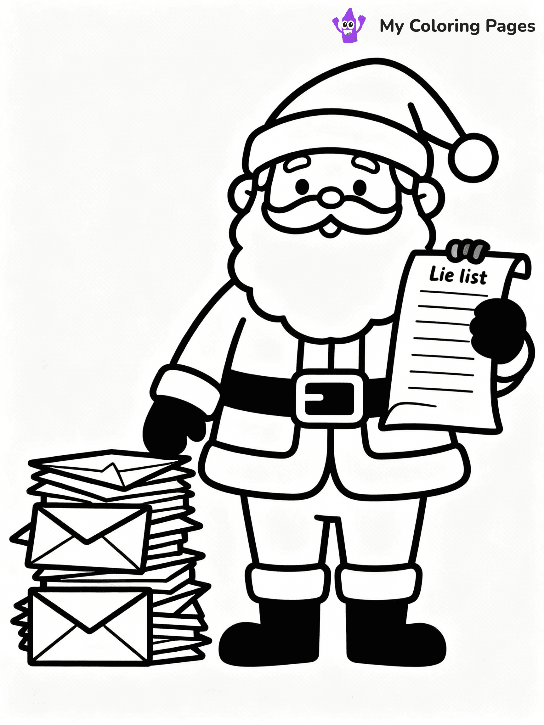 ⚠️ CRITICAL REQUIREMENT - ABSOLUTE BLACK AND WHITE ONLY ⚠️
This MUST be a BLACK AND WHITE line drawing ONLY. NO COLORS whatsoever.
- ONLY pure black lines (#000000) on pure white background (#FFFFFF)
- ABSOLUTELY NO colors, NO shading, NO gradients, NO grayscale
- If there are ANY colors in the output, the image is REJECTED
- This is a COLORING PAGE - meant to be COLORED IN by children
- The output must be UNCOLORED line art ready for coloring
⚠️ SUBJECT TO DRAW: Santa checking his nice list beside a stack of letters, in Christmas-themed style. PURE OUTLINES. NO FILLS, COLOR, SHADING, OR GREYSCALE. WHITE BACKGROUND.
(REMEMBER: Output must be BLACK AND WHITE line art only, NOT colored!)
# Flat, Friendly Cartoon Line-Art Coloring Page
You are generating a **pure black-and-white binary image** of a child-friendly cartoon scene combining characters and background scenery in one cohesive composition.
## Rendering Rules (Strict)
- Only two colors: pure black (#000000) outlines and pure white (#FFFFFF) background.
- No grayscale, shading, gradients, tints, fills, transparency, or partial pixels.
- No antialiasing or blended edges; every pixel is 100% black or white.
- No solid black fills inside shapes — all areas inside outlines must remain white.
- No dark clothing areas or filled tone blocks; all garments outlined only.
- No shadows, textures, lighting, or tonal variations.
- Must look like flat binary vector line-art for coloring pages.
## Drawing & Composition
- **Medium, consistent line weight**; clean closed outlines easy to color inside.
- **Flat, simple, child-friendly design** — no realism or 3D depth.
- Characters are **grounded on a surface**, centered and large.
- **Balanced composition** with clear silhouettes and minimal props.
## Scenery & Style
- Landmarks (e.g., mosque, CN Tower) and scenery (trees, benches, waves) drawn with **black outlines only.**
- For real-world figures, teams, or places, show accurate details using only black outlines—no text or logos. Use distinctive uniform patterns, abstract symbols, and landmark silhouettes to convey identity.
- Keep **consistent perspective**; no floating elements.
- **Style:** whimsical **Doodle Art Alley** — rounded, friendly outlines.
- May adapt shapes from **Crayola, Disney, Peppa Pig, Cocomelon** — *by shape only, never color.*
- Final output: **flat, crisp, binary (#000000/#FFFFFF)**, **no filled color or background text.**
EXTREMELYE IMPORTANT:
- PURE BINARY LINE-ART; NO FILLS (HAIR/CLOTHES/SKIN), SHADING, OR GREY.
- NO SHADING, COLOR. MUST BE WHITE BACKGROUND.
⚠️ FINAL REMINDER: Draw the subject "Santa checking his nice list beside a stack of letters, in Christmas-themed style. PURE OUTLINES. NO FILLS, COLOR, SHADING, OR GREYSCALE. WHITE BACKGROUND." as BLACK AND WHITE line art. Zero colors in output.