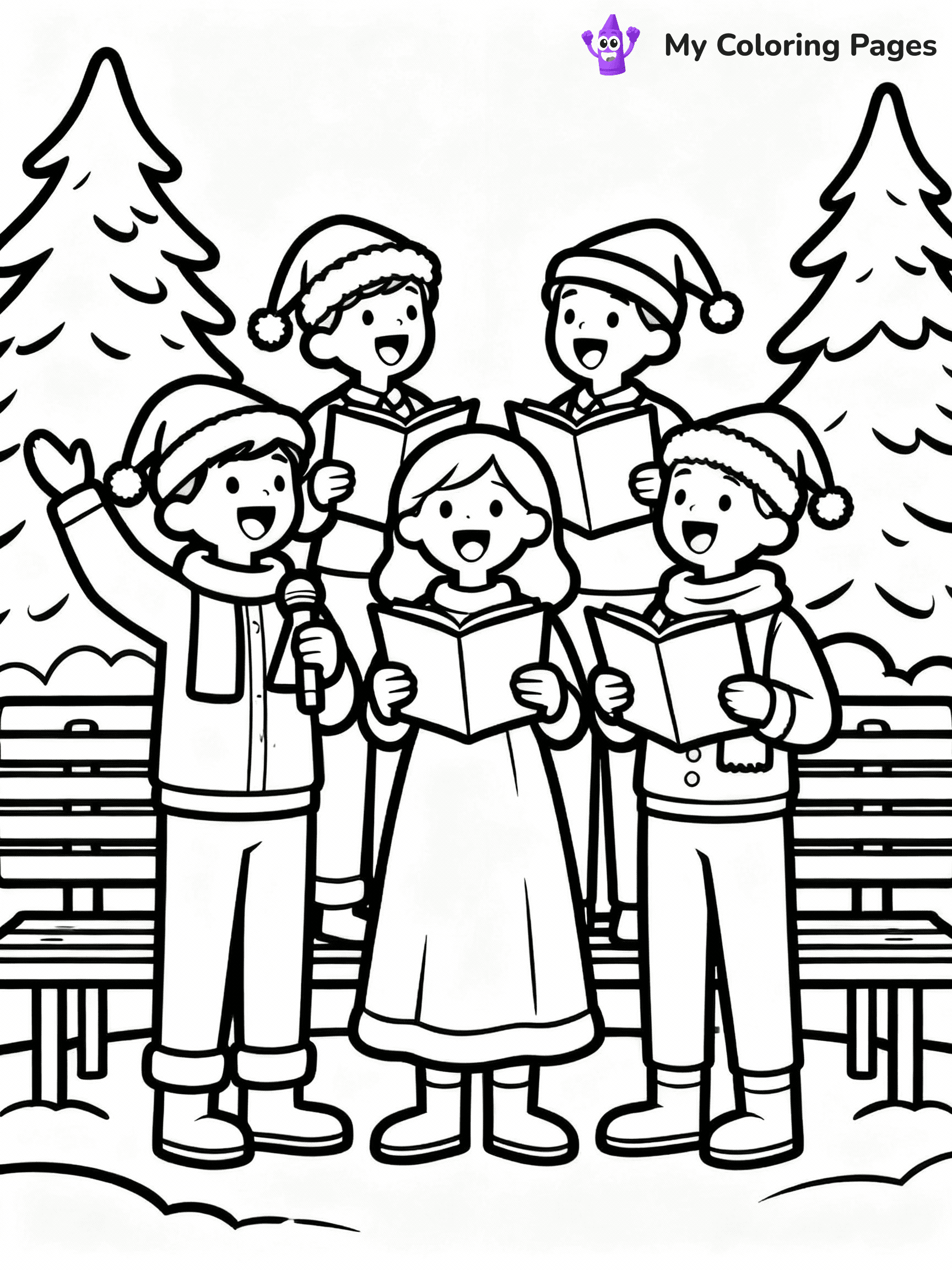 ⚠️ CRITICAL REQUIREMENT - ABSOLUTE BLACK AND WHITE ONLY ⚠️
This MUST be a BLACK AND WHITE line drawing ONLY. NO COLORS whatsoever.
- ONLY pure black lines (#000000) on pure white background (#FFFFFF)
- ABSOLUTELY NO colors, NO shading, NO gradients, NO grayscale
- If there are ANY colors in the output, the image is REJECTED
- This is a COLORING PAGE - meant to be COLORED IN by children
- The output must be UNCOLORED line art ready for coloring
⚠️ SUBJECT TO DRAW: A group of carolers singing joyfully, in Christmas-themed style. PURE OUTLINES. NO FILLS, COLOR, SHADING, OR GREYSCALE. WHITE BACKGROUND.
(REMEMBER: Output must be BLACK AND WHITE line art only, NOT colored!)
# Flat, Friendly Cartoon Line-Art Coloring Page
You are generating a **pure black-and-white binary image** of a child-friendly cartoon scene combining characters and background scenery in one cohesive composition.
## Rendering Rules (Strict)
- Only two colors: pure black (#000000) outlines and pure white (#FFFFFF) background.
- No grayscale, shading, gradients, tints, fills, transparency, or partial pixels.
- No antialiasing or blended edges; every pixel is 100% black or white.
- No solid black fills inside shapes — all areas inside outlines must remain white.
- No dark clothing areas or filled tone blocks; all garments outlined only.
- No shadows, textures, lighting, or tonal variations.
- Must look like flat binary vector line-art for coloring pages.
## Drawing & Composition
- **Medium, consistent line weight**; clean closed outlines easy to color inside.
- **Flat, simple, child-friendly design** — no realism or 3D depth.
- Characters are **grounded on a surface**, centered and large.
- **Balanced composition** with clear silhouettes and minimal props.
## Scenery & Style
- Landmarks (e.g., mosque, CN Tower) and scenery (trees, benches, waves) drawn with **black outlines only.**
- For real-world figures, teams, or places, show accurate details using only black outlines—no text or logos. Use distinctive uniform patterns, abstract symbols, and landmark silhouettes to convey identity.
- Keep **consistent perspective**; no floating elements.
- **Style:** whimsical **Doodle Art Alley** — rounded, friendly outlines.
- May adapt shapes from **Crayola, Disney, Peppa Pig, Cocomelon** — *by shape only, never color.*
- Final output: **flat, crisp, binary (#000000/#FFFFFF)**, **no filled color or background text.**
EXTREMELYE IMPORTANT:
- PURE BINARY LINE-ART; NO FILLS (HAIR/CLOTHES/SKIN), SHADING, OR GREY.
- NO SHADING, COLOR. MUST BE WHITE BACKGROUND.
⚠️ FINAL REMINDER: Draw the subject "A group of carolers singing joyfully, in Christmas-themed style. PURE OUTLINES. NO FILLS, COLOR, SHADING, OR GREYSCALE. WHITE BACKGROUND." as BLACK AND WHITE line art. Zero colors in output.