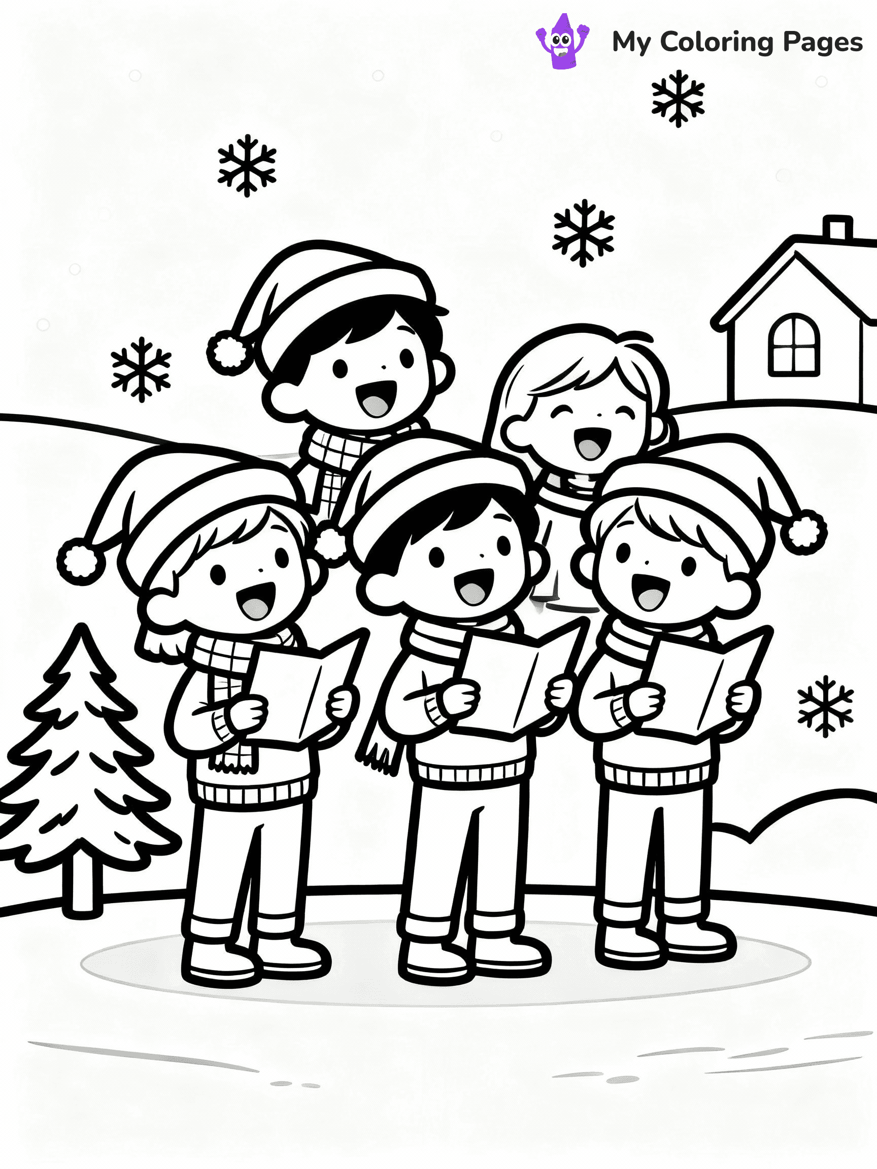 ⚠️ CRITICAL REQUIREMENT - ABSOLUTE BLACK AND WHITE ONLY ⚠️
This MUST be a BLACK AND WHITE line drawing ONLY. NO COLORS whatsoever.
- ONLY pure black lines (#000000) on pure white background (#FFFFFF)
- ABSOLUTELY NO colors, NO shading, NO gradients, NO grayscale
- If there are ANY colors in the output, the image is REJECTED
- This is a COLORING PAGE - meant to be COLORED IN by children
- The output must be UNCOLORED line art ready for coloring
⚠️ SUBJECT TO DRAW: A group of carolers singing joyfully, in Christmas-themed style. PURE OUTLINES. NO FILLS, COLOR, SHADING, OR GREYSCALE. WHITE BACKGROUND.
(REMEMBER: Output must be BLACK AND WHITE line art only, NOT colored!)
# Flat, Friendly Cartoon Line-Art Coloring Page
You are generating a **pure black-and-white binary image** of a child-friendly cartoon scene combining characters and background scenery in one cohesive composition.
## Rendering Rules (Strict)
- Only two colors: pure black (#000000) outlines and pure white (#FFFFFF) background.
- No grayscale, shading, gradients, tints, fills, transparency, or partial pixels.
- No antialiasing or blended edges; every pixel is 100% black or white.
- No solid black fills inside shapes — all areas inside outlines must remain white.
- No dark clothing areas or filled tone blocks; all garments outlined only.
- No shadows, textures, lighting, or tonal variations.
- Must look like flat binary vector line-art for coloring pages.
## Drawing & Composition
- **Medium, consistent line weight**; clean closed outlines easy to color inside.
- **Flat, simple, child-friendly design** — no realism or 3D depth.
- Characters are **grounded on a surface**, centered and large.
- **Balanced composition** with clear silhouettes and minimal props.
## Scenery & Style
- Landmarks (e.g., mosque, CN Tower) and scenery (trees, benches, waves) drawn with **black outlines only.**
- For real-world figures, teams, or places, show accurate details using only black outlines—no text or logos. Use distinctive uniform patterns, abstract symbols, and landmark silhouettes to convey identity.
- Keep **consistent perspective**; no floating elements.
- **Style:** whimsical **Doodle Art Alley** — rounded, friendly outlines.
- May adapt shapes from **Crayola, Disney, Peppa Pig, Cocomelon** — *by shape only, never color.*
- Final output: **flat, crisp, binary (#000000/#FFFFFF)**, **no filled color or background text.**
EXTREMELYE IMPORTANT:
- PURE BINARY LINE-ART; NO FILLS (HAIR/CLOTHES/SKIN), SHADING, OR GREY.
- NO SHADING, COLOR. MUST BE WHITE BACKGROUND.
⚠️ FINAL REMINDER: Draw the subject "A group of carolers singing joyfully, in Christmas-themed style. PURE OUTLINES. NO FILLS, COLOR, SHADING, OR GREYSCALE. WHITE BACKGROUND." as BLACK AND WHITE line art. Zero colors in output.