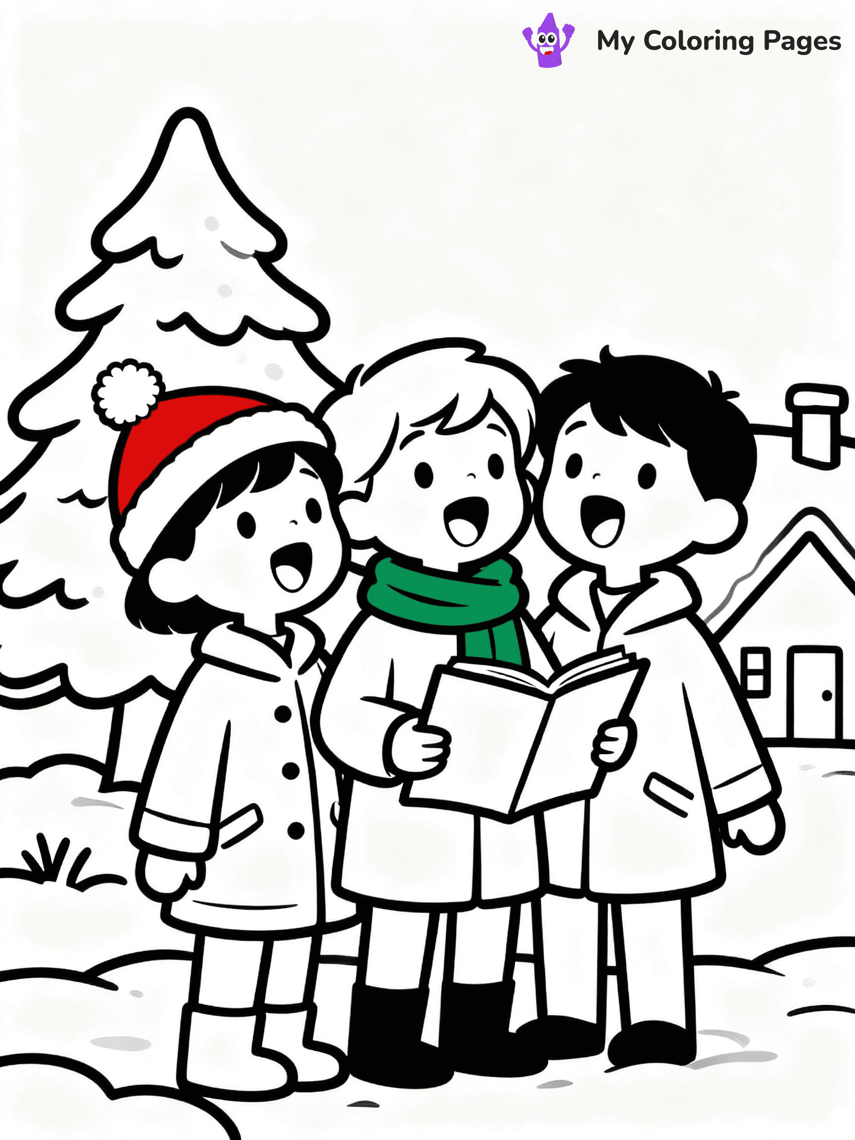 ⚠️ CRITICAL REQUIREMENT - ABSOLUTE BLACK AND WHITE ONLY ⚠️
This MUST be a BLACK AND WHITE line drawing ONLY. NO COLORS whatsoever.
- ONLY pure black lines (#000000) on pure white background (#FFFFFF)
- ABSOLUTELY NO colors, NO shading, NO gradients, NO grayscale
- If there are ANY colors in the output, the image is REJECTED
- This is a COLORING PAGE - meant to be COLORED IN by children
- The output must be UNCOLORED line art ready for coloring
⚠️ SUBJECT TO DRAW: A group of carolers singing joyfully, in Christmas-themed style. PURE OUTLINES. NO FILLS, COLOR, SHADING, OR GREYSCALE. WHITE BACKGROUND.
(REMEMBER: Output must be BLACK AND WHITE line art only, NOT colored!)
# Flat, Friendly Cartoon Line-Art Coloring Page
You are generating a **pure black-and-white binary image** of a child-friendly cartoon scene combining characters and background scenery in one cohesive composition.
## Rendering Rules (Strict)
- Only two colors: pure black (#000000) outlines and pure white (#FFFFFF) background.
- No grayscale, shading, gradients, tints, fills, transparency, or partial pixels.
- No antialiasing or blended edges; every pixel is 100% black or white.
- No solid black fills inside shapes — all areas inside outlines must remain white.
- No dark clothing areas or filled tone blocks; all garments outlined only.
- No shadows, textures, lighting, or tonal variations.
- Must look like flat binary vector line-art for coloring pages.
## Drawing & Composition
- **Medium, consistent line weight**; clean closed outlines easy to color inside.
- **Flat, simple, child-friendly design** — no realism or 3D depth.
- Characters are **grounded on a surface**, centered and large.
- **Balanced composition** with clear silhouettes and minimal props.
## Scenery & Style
- Landmarks (e.g., mosque, CN Tower) and scenery (trees, benches, waves) drawn with **black outlines only.**
- For real-world figures, teams, or places, show accurate details using only black outlines—no text or logos. Use distinctive uniform patterns, abstract symbols, and landmark silhouettes to convey identity.
- Keep **consistent perspective**; no floating elements.
- **Style:** whimsical **Doodle Art Alley** — rounded, friendly outlines.
- May adapt shapes from **Crayola, Disney, Peppa Pig, Cocomelon** — *by shape only, never color.*
- Final output: **flat, crisp, binary (#000000/#FFFFFF)**, **no filled color or background text.**
EXTREMELYE IMPORTANT:
- PURE BINARY LINE-ART; NO FILLS (HAIR/CLOTHES/SKIN), SHADING, OR GREY.
- NO SHADING, COLOR. MUST BE WHITE BACKGROUND.
⚠️ FINAL REMINDER: Draw the subject "A group of carolers singing joyfully, in Christmas-themed style. PURE OUTLINES. NO FILLS, COLOR, SHADING, OR GREYSCALE. WHITE BACKGROUND." as BLACK AND WHITE line art. Zero colors in output.