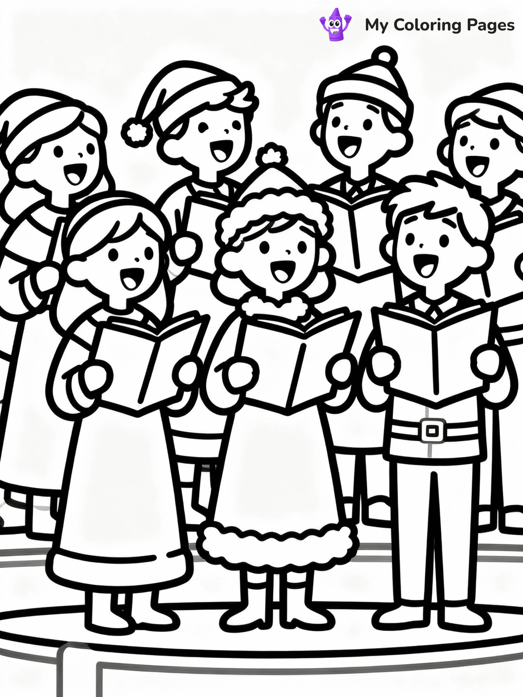 ⚠️ CRITICAL REQUIREMENT - ABSOLUTE BLACK AND WHITE ONLY ⚠️
This MUST be a BLACK AND WHITE line drawing ONLY. NO COLORS whatsoever.
- ONLY pure black lines (#000000) on pure white background (#FFFFFF)
- ABSOLUTELY NO colors, NO shading, NO gradients, NO grayscale
- If there are ANY colors in the output, the image is REJECTED
- This is a COLORING PAGE - meant to be COLORED IN by children
- The output must be UNCOLORED line art ready for coloring
⚠️ SUBJECT TO DRAW: A group of carolers singing joyfully, in Christmas-themed style. PURE OUTLINES. NO FILLS, COLOR, SHADING, OR GREYSCALE. WHITE BACKGROUND.
(REMEMBER: Output must be BLACK AND WHITE line art only, NOT colored!)
# Flat, Friendly Cartoon Line-Art Coloring Page
You are generating a **pure black-and-white binary image** of a child-friendly cartoon scene combining characters and background scenery in one cohesive composition.
## Rendering Rules (Strict)
- Only two colors: pure black (#000000) outlines and pure white (#FFFFFF) background.
- No grayscale, shading, gradients, tints, fills, transparency, or partial pixels.
- No antialiasing or blended edges; every pixel is 100% black or white.
- No solid black fills inside shapes — all areas inside outlines must remain white.
- No dark clothing areas or filled tone blocks; all garments outlined only.
- No shadows, textures, lighting, or tonal variations.
- Must look like flat binary vector line-art for coloring pages.
## Drawing & Composition
- **Medium, consistent line weight**; clean closed outlines easy to color inside.
- **Flat, simple, child-friendly design** — no realism or 3D depth.
- Characters are **grounded on a surface**, centered and large.
- **Balanced composition** with clear silhouettes and minimal props.
## Scenery & Style
- Landmarks (e.g., mosque, CN Tower) and scenery (trees, benches, waves) drawn with **black outlines only.**
- For real-world figures, teams, or places, show accurate details using only black outlines—no text or logos. Use distinctive uniform patterns, abstract symbols, and landmark silhouettes to convey identity.
- Keep **consistent perspective**; no floating elements.
- **Style:** whimsical **Doodle Art Alley** — rounded, friendly outlines.
- May adapt shapes from **Crayola, Disney, Peppa Pig, Cocomelon** — *by shape only, never color.*
- Final output: **flat, crisp, binary (#000000/#FFFFFF)**, **no filled color or background text.**
EXTREMELYE IMPORTANT:
- PURE BINARY LINE-ART; NO FILLS (HAIR/CLOTHES/SKIN), SHADING, OR GREY.
- NO SHADING, COLOR. MUST BE WHITE BACKGROUND.
⚠️ FINAL REMINDER: Draw the subject "A group of carolers singing joyfully, in Christmas-themed style. PURE OUTLINES. NO FILLS, COLOR, SHADING, OR GREYSCALE. WHITE BACKGROUND." as BLACK AND WHITE line art. Zero colors in output.