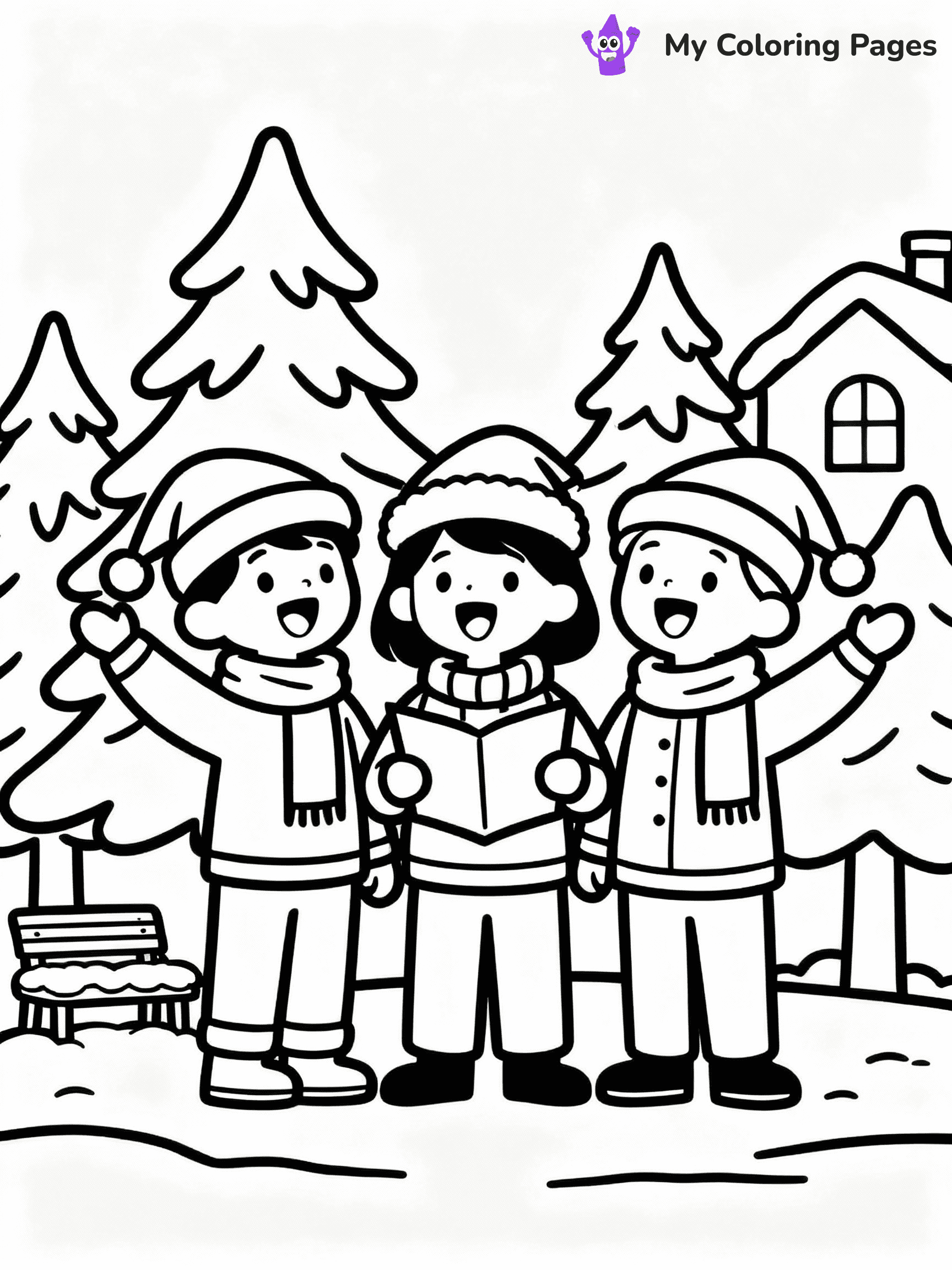 ⚠️ CRITICAL REQUIREMENT - ABSOLUTE BLACK AND WHITE ONLY ⚠️
This MUST be a BLACK AND WHITE line drawing ONLY. NO COLORS whatsoever.
- ONLY pure black lines (#000000) on pure white background (#FFFFFF)
- ABSOLUTELY NO colors, NO shading, NO gradients, NO grayscale
- If there are ANY colors in the output, the image is REJECTED
- This is a COLORING PAGE - meant to be COLORED IN by children
- The output must be UNCOLORED line art ready for coloring
⚠️ SUBJECT TO DRAW: A group of carolers singing joyfully, in Christmas-themed style. PURE OUTLINES. NO FILLS, COLOR, SHADING, OR GREYSCALE. WHITE BACKGROUND.
(REMEMBER: Output must be BLACK AND WHITE line art only, NOT colored!)
# Flat, Friendly Cartoon Line-Art Coloring Page
You are generating a **pure black-and-white binary image** of a child-friendly cartoon scene combining characters and background scenery in one cohesive composition.
## Rendering Rules (Strict)
- Only two colors: pure black (#000000) outlines and pure white (#FFFFFF) background.
- No grayscale, shading, gradients, tints, fills, transparency, or partial pixels.
- No antialiasing or blended edges; every pixel is 100% black or white.
- No solid black fills inside shapes — all areas inside outlines must remain white.
- No dark clothing areas or filled tone blocks; all garments outlined only.
- No shadows, textures, lighting, or tonal variations.
- Must look like flat binary vector line-art for coloring pages.
## Drawing & Composition
- **Medium, consistent line weight**; clean closed outlines easy to color inside.
- **Flat, simple, child-friendly design** — no realism or 3D depth.
- Characters are **grounded on a surface**, centered and large.
- **Balanced composition** with clear silhouettes and minimal props.
## Scenery & Style
- Landmarks (e.g., mosque, CN Tower) and scenery (trees, benches, waves) drawn with **black outlines only.**
- For real-world figures, teams, or places, show accurate details using only black outlines—no text or logos. Use distinctive uniform patterns, abstract symbols, and landmark silhouettes to convey identity.
- Keep **consistent perspective**; no floating elements.
- **Style:** whimsical **Doodle Art Alley** — rounded, friendly outlines.
- May adapt shapes from **Crayola, Disney, Peppa Pig, Cocomelon** — *by shape only, never color.*
- Final output: **flat, crisp, binary (#000000/#FFFFFF)**, **no filled color or background text.**
EXTREMELYE IMPORTANT:
- PURE BINARY LINE-ART; NO FILLS (HAIR/CLOTHES/SKIN), SHADING, OR GREY.
- NO SHADING, COLOR. MUST BE WHITE BACKGROUND.
⚠️ FINAL REMINDER: Draw the subject "A group of carolers singing joyfully, in Christmas-themed style. PURE OUTLINES. NO FILLS, COLOR, SHADING, OR GREYSCALE. WHITE BACKGROUND." as BLACK AND WHITE line art. Zero colors in output.