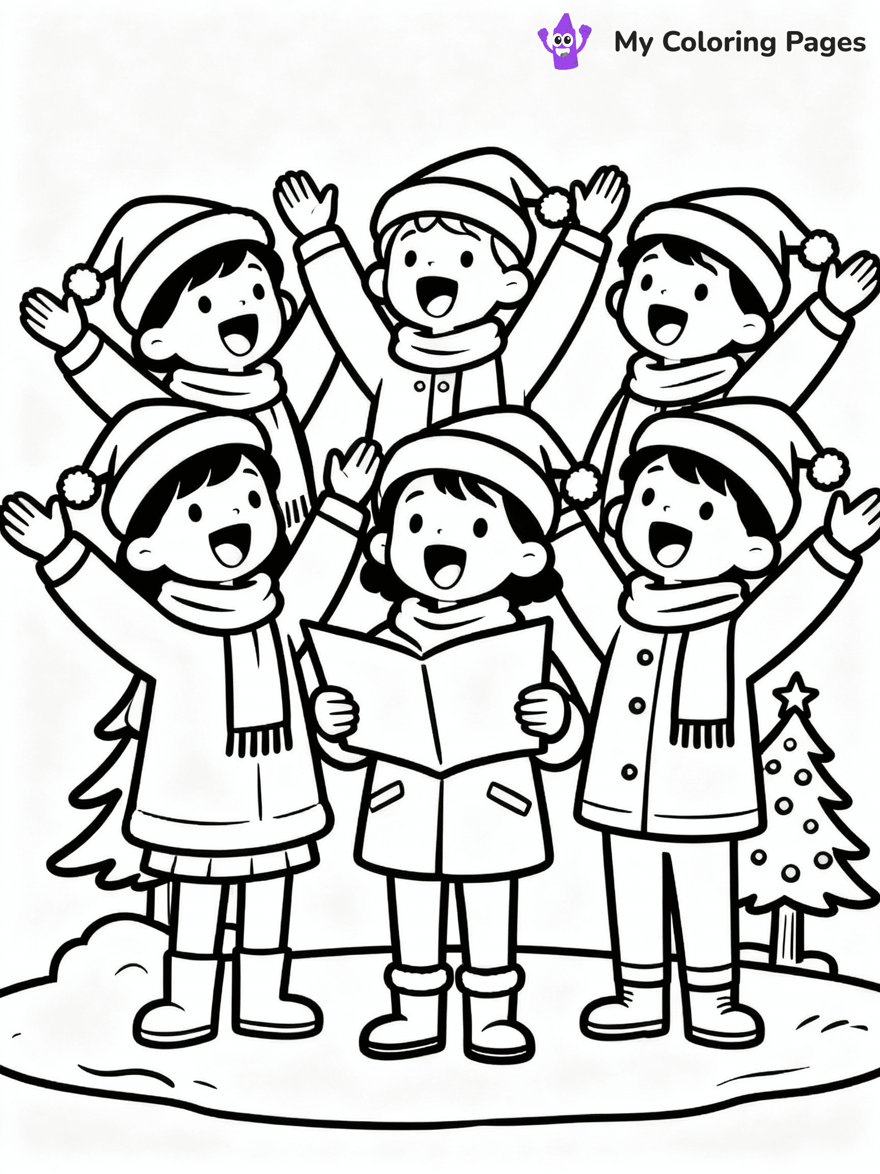 ⚠️ CRITICAL REQUIREMENT - ABSOLUTE BLACK AND WHITE ONLY ⚠️
This MUST be a BLACK AND WHITE line drawing ONLY. NO COLORS whatsoever.
- ONLY pure black lines (#000000) on pure white background (#FFFFFF)
- ABSOLUTELY NO colors, NO shading, NO gradients, NO grayscale
- If there are ANY colors in the output, the image is REJECTED
- This is a COLORING PAGE - meant to be COLORED IN by children
- The output must be UNCOLORED line art ready for coloring
⚠️ SUBJECT TO DRAW: A group of carolers singing joyfully, in Christmas-themed style. PURE OUTLINES. NO FILLS, COLOR, SHADING, OR GREYSCALE. WHITE BACKGROUND.
(REMEMBER: Output must be BLACK AND WHITE line art only, NOT colored!)
# Flat, Friendly Cartoon Line-Art Coloring Page
You are generating a **pure black-and-white binary image** of a child-friendly cartoon scene combining characters and background scenery in one cohesive composition.
## Rendering Rules (Strict)
- Only two colors: pure black (#000000) outlines and pure white (#FFFFFF) background.
- No grayscale, shading, gradients, tints, fills, transparency, or partial pixels.
- No antialiasing or blended edges; every pixel is 100% black or white.
- No solid black fills inside shapes — all areas inside outlines must remain white.
- No dark clothing areas or filled tone blocks; all garments outlined only.
- No shadows, textures, lighting, or tonal variations.
- Must look like flat binary vector line-art for coloring pages.
## Drawing & Composition
- **Medium, consistent line weight**; clean closed outlines easy to color inside.
- **Flat, simple, child-friendly design** — no realism or 3D depth.
- Characters are **grounded on a surface**, centered and large.
- **Balanced composition** with clear silhouettes and minimal props.
## Scenery & Style
- Landmarks (e.g., mosque, CN Tower) and scenery (trees, benches, waves) drawn with **black outlines only.**
- For real-world figures, teams, or places, show accurate details using only black outlines—no text or logos. Use distinctive uniform patterns, abstract symbols, and landmark silhouettes to convey identity.
- Keep **consistent perspective**; no floating elements.
- **Style:** whimsical **Doodle Art Alley** — rounded, friendly outlines.
- May adapt shapes from **Crayola, Disney, Peppa Pig, Cocomelon** — *by shape only, never color.*
- Final output: **flat, crisp, binary (#000000/#FFFFFF)**, **no filled color or background text.**
EXTREMELYE IMPORTANT:
- PURE BINARY LINE-ART; NO FILLS (HAIR/CLOTHES/SKIN), SHADING, OR GREY.
- NO SHADING, COLOR. MUST BE WHITE BACKGROUND.
⚠️ FINAL REMINDER: Draw the subject "A group of carolers singing joyfully, in Christmas-themed style. PURE OUTLINES. NO FILLS, COLOR, SHADING, OR GREYSCALE. WHITE BACKGROUND." as BLACK AND WHITE line art. Zero colors in output.