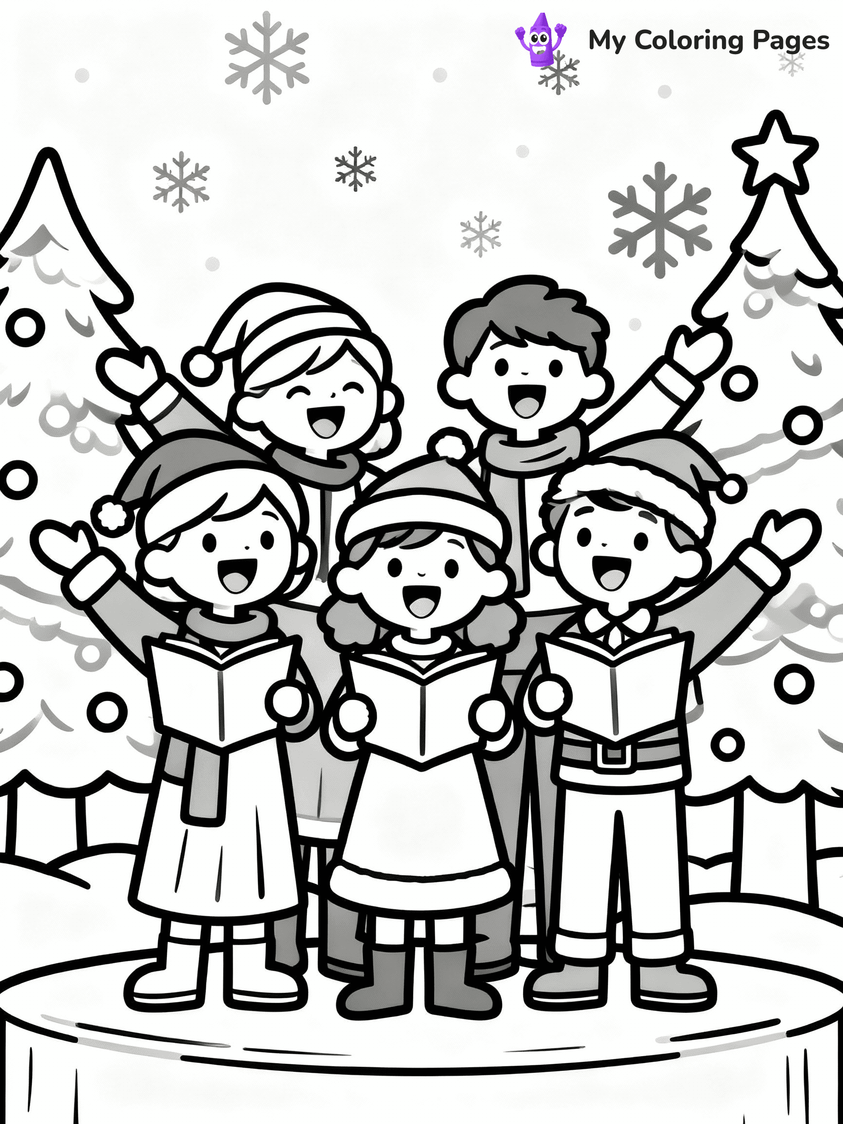 ⚠️ CRITICAL REQUIREMENT - ABSOLUTE BLACK AND WHITE ONLY ⚠️
This MUST be a BLACK AND WHITE line drawing ONLY. NO COLORS whatsoever.
- ONLY pure black lines (#000000) on pure white background (#FFFFFF)
- ABSOLUTELY NO colors, NO shading, NO gradients, NO grayscale
- If there are ANY colors in the output, the image is REJECTED
- This is a COLORING PAGE - meant to be COLORED IN by children
- The output must be UNCOLORED line art ready for coloring
⚠️ SUBJECT TO DRAW: A group of carolers singing joyfully, in Christmas-themed style. PURE OUTLINES. NO FILLS, COLOR, SHADING, OR GREYSCALE. WHITE BACKGROUND.
(REMEMBER: Output must be BLACK AND WHITE line art only, NOT colored!)
# Flat, Friendly Cartoon Line-Art Coloring Page
You are generating a **pure black-and-white binary image** of a child-friendly cartoon scene combining characters and background scenery in one cohesive composition.
## Rendering Rules (Strict)
- Only two colors: pure black (#000000) outlines and pure white (#FFFFFF) background.
- No grayscale, shading, gradients, tints, fills, transparency, or partial pixels.
- No antialiasing or blended edges; every pixel is 100% black or white.
- No solid black fills inside shapes — all areas inside outlines must remain white.
- No dark clothing areas or filled tone blocks; all garments outlined only.
- No shadows, textures, lighting, or tonal variations.
- Must look like flat binary vector line-art for coloring pages.
## Drawing & Composition
- **Medium, consistent line weight**; clean closed outlines easy to color inside.
- **Flat, simple, child-friendly design** — no realism or 3D depth.
- Characters are **grounded on a surface**, centered and large.
- **Balanced composition** with clear silhouettes and minimal props.
## Scenery & Style
- Landmarks (e.g., mosque, CN Tower) and scenery (trees, benches, waves) drawn with **black outlines only.**
- For real-world figures, teams, or places, show accurate details using only black outlines—no text or logos. Use distinctive uniform patterns, abstract symbols, and landmark silhouettes to convey identity.
- Keep **consistent perspective**; no floating elements.
- **Style:** whimsical **Doodle Art Alley** — rounded, friendly outlines.
- May adapt shapes from **Crayola, Disney, Peppa Pig, Cocomelon** — *by shape only, never color.*
- Final output: **flat, crisp, binary (#000000/#FFFFFF)**, **no filled color or background text.**
EXTREMELYE IMPORTANT:
- PURE BINARY LINE-ART; NO FILLS (HAIR/CLOTHES/SKIN), SHADING, OR GREY.
- NO SHADING, COLOR. MUST BE WHITE BACKGROUND.
⚠️ FINAL REMINDER: Draw the subject "A group of carolers singing joyfully, in Christmas-themed style. PURE OUTLINES. NO FILLS, COLOR, SHADING, OR GREYSCALE. WHITE BACKGROUND." as BLACK AND WHITE line art. Zero colors in output.