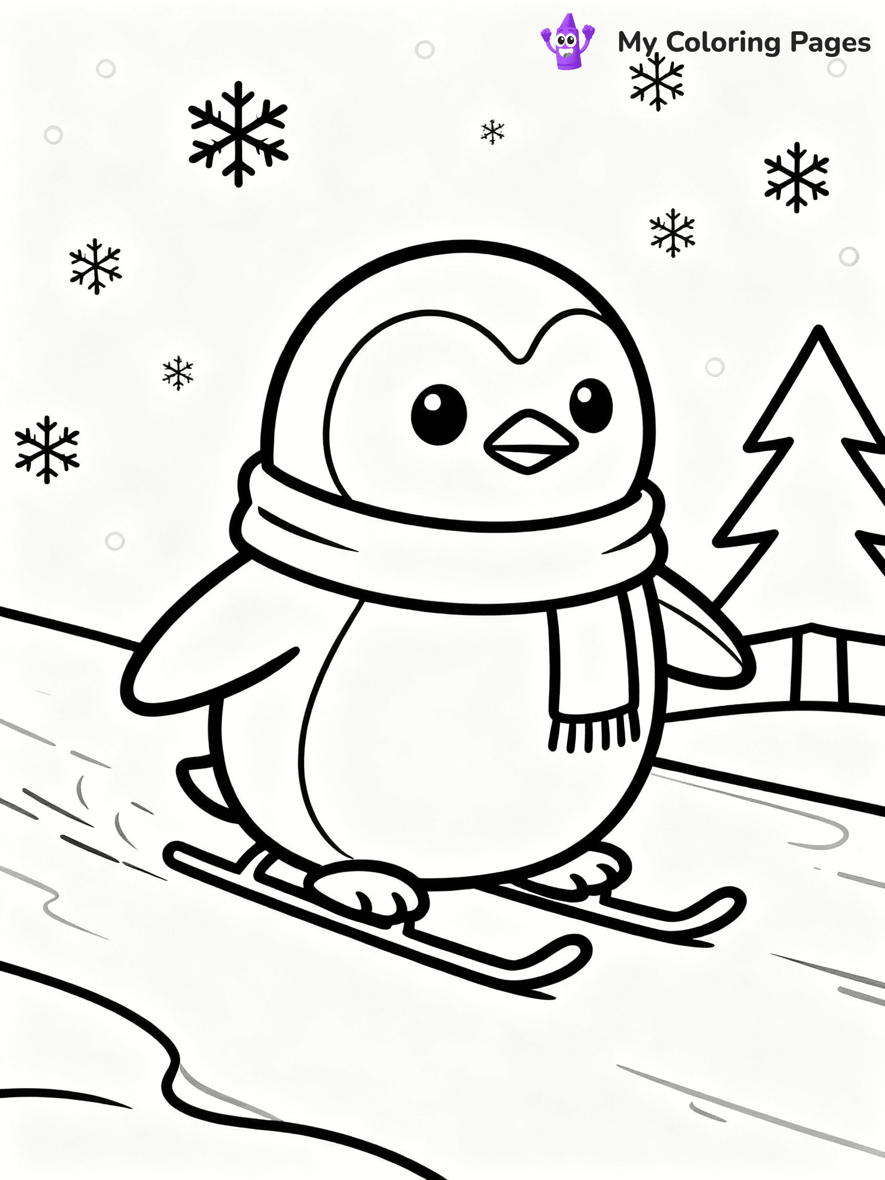 ⚠️ CRITICAL REQUIREMENT - ABSOLUTE BLACK AND WHITE ONLY ⚠️
This MUST be a BLACK AND WHITE line drawing ONLY. NO COLORS whatsoever.
- ONLY pure black lines (#000000) on pure white background (#FFFFFF)
- ABSOLUTELY NO colors, NO shading, NO gradients, NO grayscale
- If there are ANY colors in the output, the image is REJECTED
- This is a COLORING PAGE - meant to be COLORED IN by children
- The output must be UNCOLORED line art ready for coloring
⚠️ SUBJECT TO DRAW: A cute penguin wearing a scarf and sliding on ice, in Christmas-themed style. PURE OUTLINES. NO FILLS, COLOR, SHADING, OR GREYSCALE. WHITE BACKGROUND.
(REMEMBER: Output must be BLACK AND WHITE line art only, NOT colored!)
# Flat, Friendly Cartoon Line-Art Coloring Page
You are generating a **pure black-and-white binary image** of a child-friendly cartoon scene combining characters and background scenery in one cohesive composition.
## Rendering Rules (Strict)
- Only two colors: pure black (#000000) outlines and pure white (#FFFFFF) background.
- No grayscale, shading, gradients, tints, fills, transparency, or partial pixels.
- No antialiasing or blended edges; every pixel is 100% black or white.
- No solid black fills inside shapes — all areas inside outlines must remain white.
- No dark clothing areas or filled tone blocks; all garments outlined only.
- No shadows, textures, lighting, or tonal variations.
- Must look like flat binary vector line-art for coloring pages.
## Drawing & Composition
- **Medium, consistent line weight**; clean closed outlines easy to color inside.
- **Flat, simple, child-friendly design** — no realism or 3D depth.
- Characters are **grounded on a surface**, centered and large.
- **Balanced composition** with clear silhouettes and minimal props.
## Scenery & Style
- Landmarks (e.g., mosque, CN Tower) and scenery (trees, benches, waves) drawn with **black outlines only.**
- For real-world figures, teams, or places, show accurate details using only black outlines—no text or logos. Use distinctive uniform patterns, abstract symbols, and landmark silhouettes to convey identity.
- Keep **consistent perspective**; no floating elements.
- **Style:** whimsical **Doodle Art Alley** — rounded, friendly outlines.
- May adapt shapes from **Crayola, Disney, Peppa Pig, Cocomelon** — *by shape only, never color.*
- Final output: **flat, crisp, binary (#000000/#FFFFFF)**, **no filled color or background text.**
EXTREMELYE IMPORTANT:
- PURE BINARY LINE-ART; NO FILLS (HAIR/CLOTHES/SKIN), SHADING, OR GREY.
- NO SHADING, COLOR. MUST BE WHITE BACKGROUND.
⚠️ FINAL REMINDER: Draw the subject "A cute penguin wearing a scarf and sliding on ice, in Christmas-themed style. PURE OUTLINES. NO FILLS, COLOR, SHADING, OR GREYSCALE. WHITE BACKGROUND." as BLACK AND WHITE line art. Zero colors in output.