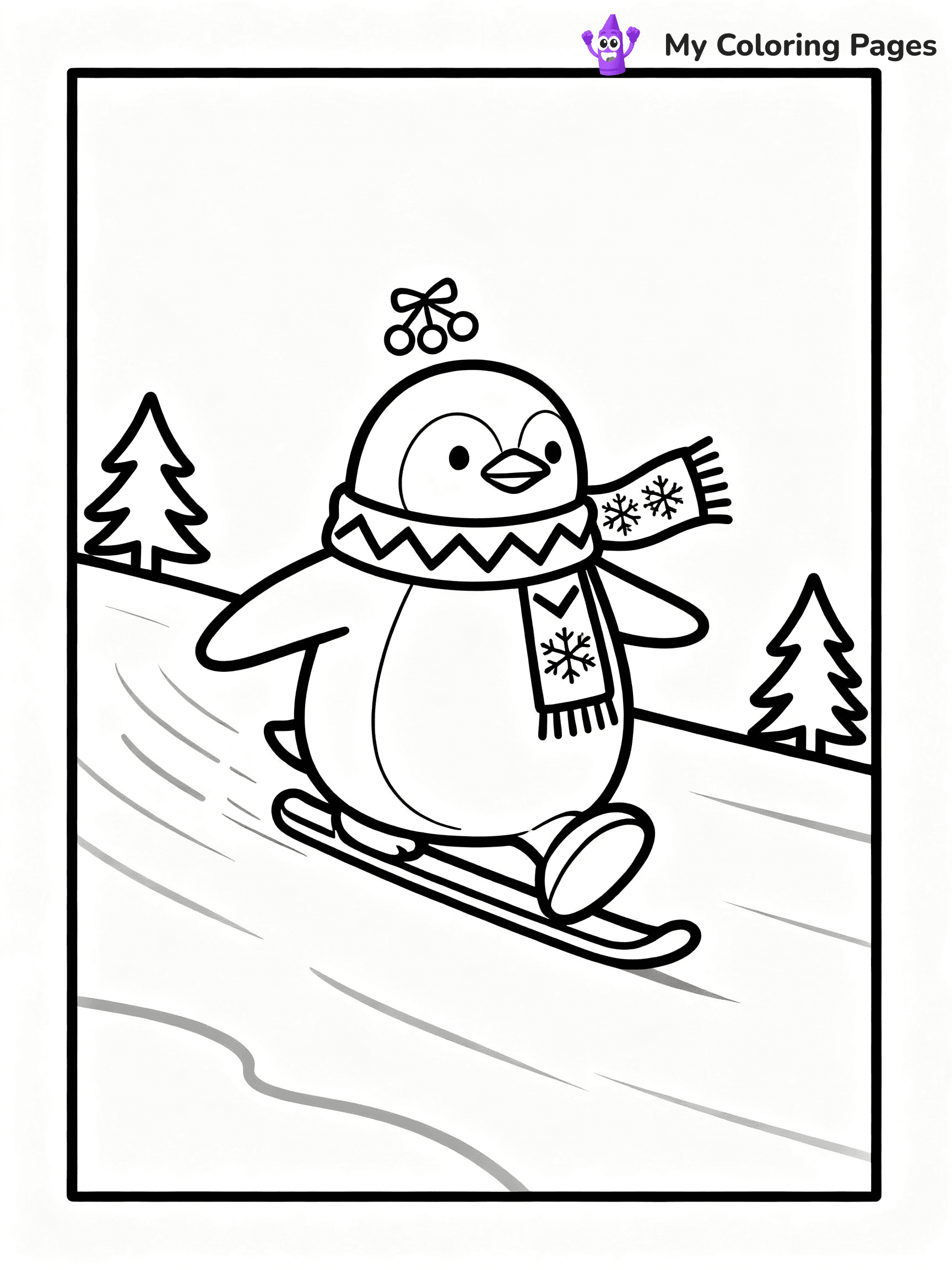 ⚠️ CRITICAL REQUIREMENT - ABSOLUTE BLACK AND WHITE ONLY ⚠️
This MUST be a BLACK AND WHITE line drawing ONLY. NO COLORS whatsoever.
- ONLY pure black lines (#000000) on pure white background (#FFFFFF)
- ABSOLUTELY NO colors, NO shading, NO gradients, NO grayscale
- If there are ANY colors in the output, the image is REJECTED
- This is a COLORING PAGE - meant to be COLORED IN by children
- The output must be UNCOLORED line art ready for coloring
⚠️ SUBJECT TO DRAW: A cute penguin wearing a scarf and sliding on ice, in Christmas-themed style. PURE OUTLINES. NO FILLS, COLOR, SHADING, OR GREYSCALE. WHITE BACKGROUND.
(REMEMBER: Output must be BLACK AND WHITE line art only, NOT colored!)
# Flat, Friendly Cartoon Line-Art Coloring Page
You are generating a **pure black-and-white binary image** of a child-friendly cartoon scene combining characters and background scenery in one cohesive composition.
## Rendering Rules (Strict)
- Only two colors: pure black (#000000) outlines and pure white (#FFFFFF) background.
- No grayscale, shading, gradients, tints, fills, transparency, or partial pixels.
- No antialiasing or blended edges; every pixel is 100% black or white.
- No solid black fills inside shapes — all areas inside outlines must remain white.
- No dark clothing areas or filled tone blocks; all garments outlined only.
- No shadows, textures, lighting, or tonal variations.
- Must look like flat binary vector line-art for coloring pages.
## Drawing & Composition
- **Medium, consistent line weight**; clean closed outlines easy to color inside.
- **Flat, simple, child-friendly design** — no realism or 3D depth.
- Characters are **grounded on a surface**, centered and large.
- **Balanced composition** with clear silhouettes and minimal props.
## Scenery & Style
- Landmarks (e.g., mosque, CN Tower) and scenery (trees, benches, waves) drawn with **black outlines only.**
- For real-world figures, teams, or places, show accurate details using only black outlines—no text or logos. Use distinctive uniform patterns, abstract symbols, and landmark silhouettes to convey identity.
- Keep **consistent perspective**; no floating elements.
- **Style:** whimsical **Doodle Art Alley** — rounded, friendly outlines.
- May adapt shapes from **Crayola, Disney, Peppa Pig, Cocomelon** — *by shape only, never color.*
- Final output: **flat, crisp, binary (#000000/#FFFFFF)**, **no filled color or background text.**
EXTREMELYE IMPORTANT:
- PURE BINARY LINE-ART; NO FILLS (HAIR/CLOTHES/SKIN), SHADING, OR GREY.
- NO SHADING, COLOR. MUST BE WHITE BACKGROUND.
⚠️ FINAL REMINDER: Draw the subject "A cute penguin wearing a scarf and sliding on ice, in Christmas-themed style. PURE OUTLINES. NO FILLS, COLOR, SHADING, OR GREYSCALE. WHITE BACKGROUND." as BLACK AND WHITE line art. Zero colors in output.