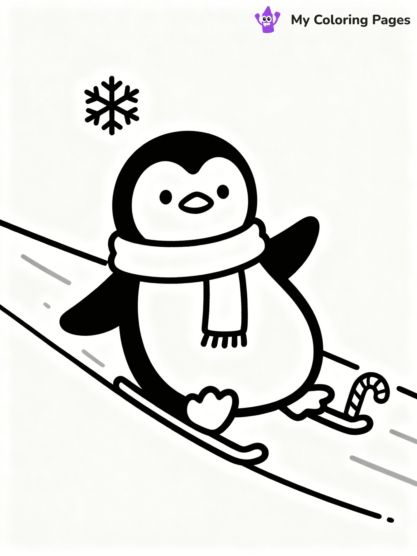 ⚠️ CRITICAL REQUIREMENT - ABSOLUTE BLACK AND WHITE ONLY ⚠️
This MUST be a BLACK AND WHITE line drawing ONLY. NO COLORS whatsoever.
- ONLY pure black lines (#000000) on pure white background (#FFFFFF)
- ABSOLUTELY NO colors, NO shading, NO gradients, NO grayscale
- If there are ANY colors in the output, the image is REJECTED
- This is a COLORING PAGE - meant to be COLORED IN by children
- The output must be UNCOLORED line art ready for coloring
⚠️ SUBJECT TO DRAW: A cute penguin wearing a scarf and sliding on ice, in Christmas-themed style. PURE OUTLINES. NO FILLS, COLOR, SHADING, OR GREYSCALE. WHITE BACKGROUND.
(REMEMBER: Output must be BLACK AND WHITE line art only, NOT colored!)
# Flat, Friendly Cartoon Line-Art Coloring Page
You are generating a **pure black-and-white binary image** of a child-friendly cartoon scene combining characters and background scenery in one cohesive composition.
## Rendering Rules (Strict)
- Only two colors: pure black (#000000) outlines and pure white (#FFFFFF) background.
- No grayscale, shading, gradients, tints, fills, transparency, or partial pixels.
- No antialiasing or blended edges; every pixel is 100% black or white.
- No solid black fills inside shapes — all areas inside outlines must remain white.
- No dark clothing areas or filled tone blocks; all garments outlined only.
- No shadows, textures, lighting, or tonal variations.
- Must look like flat binary vector line-art for coloring pages.
## Drawing & Composition
- **Medium, consistent line weight**; clean closed outlines easy to color inside.
- **Flat, simple, child-friendly design** — no realism or 3D depth.
- Characters are **grounded on a surface**, centered and large.
- **Balanced composition** with clear silhouettes and minimal props.
## Scenery & Style
- Landmarks (e.g., mosque, CN Tower) and scenery (trees, benches, waves) drawn with **black outlines only.**
- For real-world figures, teams, or places, show accurate details using only black outlines—no text or logos. Use distinctive uniform patterns, abstract symbols, and landmark silhouettes to convey identity.
- Keep **consistent perspective**; no floating elements.
- **Style:** whimsical **Doodle Art Alley** — rounded, friendly outlines.
- May adapt shapes from **Crayola, Disney, Peppa Pig, Cocomelon** — *by shape only, never color.*
- Final output: **flat, crisp, binary (#000000/#FFFFFF)**, **no filled color or background text.**
EXTREMELYE IMPORTANT:
- PURE BINARY LINE-ART; NO FILLS (HAIR/CLOTHES/SKIN), SHADING, OR GREY.
- NO SHADING, COLOR. MUST BE WHITE BACKGROUND.
⚠️ FINAL REMINDER: Draw the subject "A cute penguin wearing a scarf and sliding on ice, in Christmas-themed style. PURE OUTLINES. NO FILLS, COLOR, SHADING, OR GREYSCALE. WHITE BACKGROUND." as BLACK AND WHITE line art. Zero colors in output.