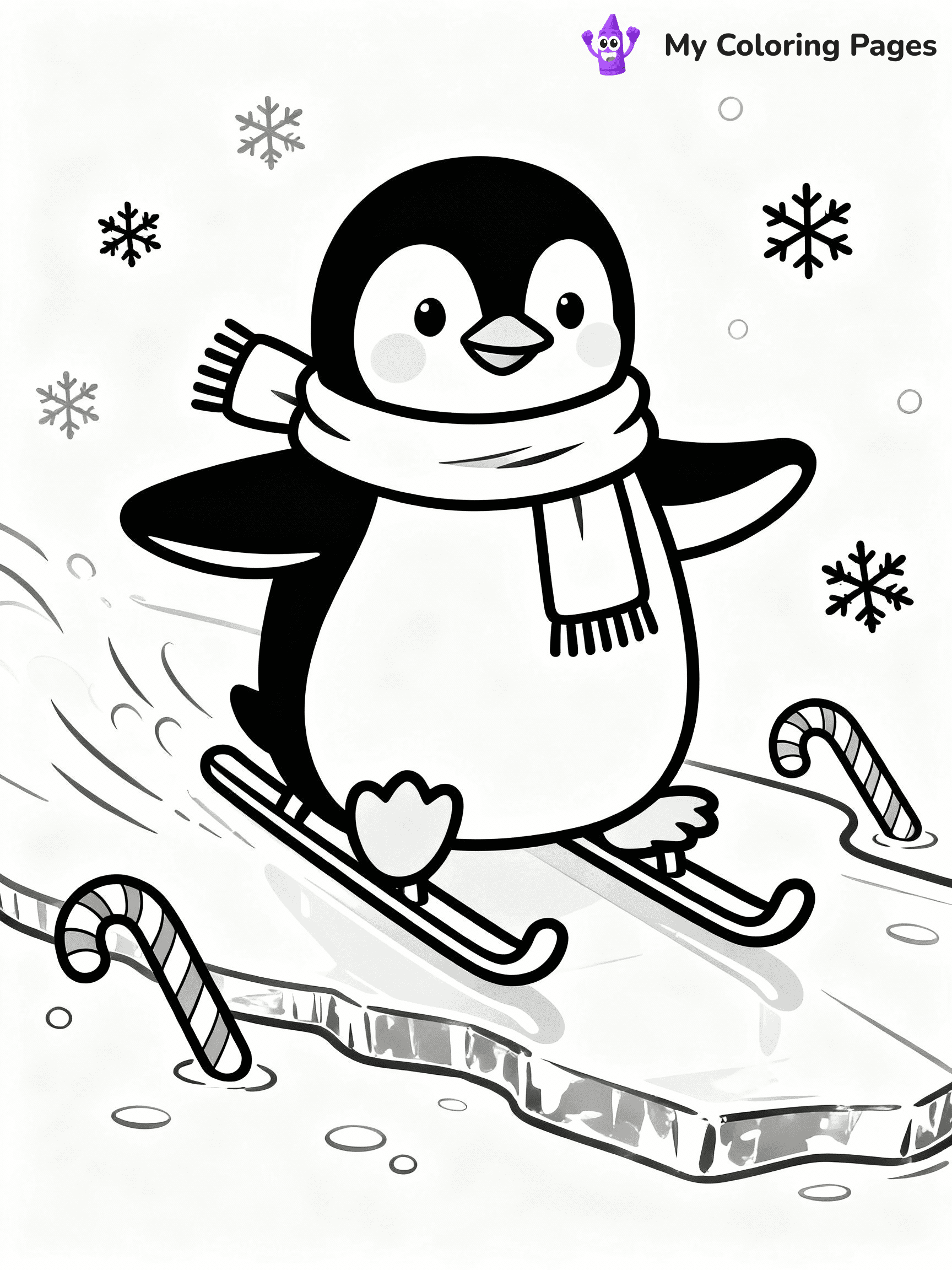 ⚠️ CRITICAL REQUIREMENT - ABSOLUTE BLACK AND WHITE ONLY ⚠️
This MUST be a BLACK AND WHITE line drawing ONLY. NO COLORS whatsoever.
- ONLY pure black lines (#000000) on pure white background (#FFFFFF)
- ABSOLUTELY NO colors, NO shading, NO gradients, NO grayscale
- If there are ANY colors in the output, the image is REJECTED
- This is a COLORING PAGE - meant to be COLORED IN by children
- The output must be UNCOLORED line art ready for coloring
⚠️ SUBJECT TO DRAW: A cute penguin wearing a scarf and sliding on ice, in Christmas-themed style. PURE OUTLINES. NO FILLS, COLOR, SHADING, OR GREYSCALE. WHITE BACKGROUND.
(REMEMBER: Output must be BLACK AND WHITE line art only, NOT colored!)
# Flat, Friendly Cartoon Line-Art Coloring Page
You are generating a **pure black-and-white binary image** of a child-friendly cartoon scene combining characters and background scenery in one cohesive composition.
## Rendering Rules (Strict)
- Only two colors: pure black (#000000) outlines and pure white (#FFFFFF) background.
- No grayscale, shading, gradients, tints, fills, transparency, or partial pixels.
- No antialiasing or blended edges; every pixel is 100% black or white.
- No solid black fills inside shapes — all areas inside outlines must remain white.
- No dark clothing areas or filled tone blocks; all garments outlined only.
- No shadows, textures, lighting, or tonal variations.
- Must look like flat binary vector line-art for coloring pages.
## Drawing & Composition
- **Medium, consistent line weight**; clean closed outlines easy to color inside.
- **Flat, simple, child-friendly design** — no realism or 3D depth.
- Characters are **grounded on a surface**, centered and large.
- **Balanced composition** with clear silhouettes and minimal props.
## Scenery & Style
- Landmarks (e.g., mosque, CN Tower) and scenery (trees, benches, waves) drawn with **black outlines only.**
- For real-world figures, teams, or places, show accurate details using only black outlines—no text or logos. Use distinctive uniform patterns, abstract symbols, and landmark silhouettes to convey identity.
- Keep **consistent perspective**; no floating elements.
- **Style:** whimsical **Doodle Art Alley** — rounded, friendly outlines.
- May adapt shapes from **Crayola, Disney, Peppa Pig, Cocomelon** — *by shape only, never color.*
- Final output: **flat, crisp, binary (#000000/#FFFFFF)**, **no filled color or background text.**
EXTREMELYE IMPORTANT:
- PURE BINARY LINE-ART; NO FILLS (HAIR/CLOTHES/SKIN), SHADING, OR GREY.
- NO SHADING, COLOR. MUST BE WHITE BACKGROUND.
⚠️ FINAL REMINDER: Draw the subject "A cute penguin wearing a scarf and sliding on ice, in Christmas-themed style. PURE OUTLINES. NO FILLS, COLOR, SHADING, OR GREYSCALE. WHITE BACKGROUND." as BLACK AND WHITE line art. Zero colors in output.