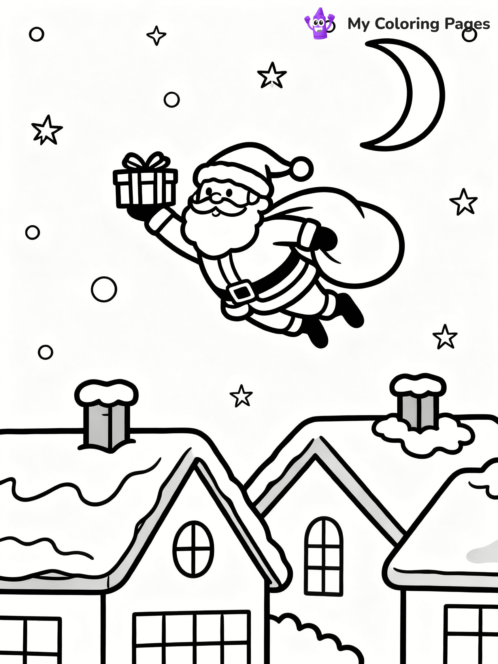 ⚠️ CRITICAL REQUIREMENT - ABSOLUTE BLACK AND WHITE ONLY ⚠️
This MUST be a BLACK AND WHITE line drawing ONLY. NO COLORS whatsoever.
- ONLY pure black lines (#000000) on pure white background (#FFFFFF)
- ABSOLUTELY NO colors, NO shading, NO gradients, NO grayscale
- If there are ANY colors in the output, the image is REJECTED
- This is a COLORING PAGE - meant to be COLORED IN by children
- The output must be UNCOLORED line art ready for coloring
⚠️ SUBJECT TO DRAW: Santa flying over rooftops on Christmas Eve, in Christmas-themed style. PURE OUTLINES. NO FILLS, COLOR, SHADING, OR GREYSCALE. WHITE BACKGROUND.
(REMEMBER: Output must be BLACK AND WHITE line art only, NOT colored!)
# Flat, Friendly Cartoon Line-Art Coloring Page
You are generating a **pure black-and-white binary image** of a child-friendly cartoon scene combining characters and background scenery in one cohesive composition.
## Rendering Rules (Strict)
- Only two colors: pure black (#000000) outlines and pure white (#FFFFFF) background.
- No grayscale, shading, gradients, tints, fills, transparency, or partial pixels.
- No antialiasing or blended edges; every pixel is 100% black or white.
- No solid black fills inside shapes — all areas inside outlines must remain white.
- No dark clothing areas or filled tone blocks; all garments outlined only.
- No shadows, textures, lighting, or tonal variations.
- Must look like flat binary vector line-art for coloring pages.
## Drawing & Composition
- **Medium, consistent line weight**; clean closed outlines easy to color inside.
- **Flat, simple, child-friendly design** — no realism or 3D depth.
- Characters are **grounded on a surface**, centered and large.
- **Balanced composition** with clear silhouettes and minimal props.
## Scenery & Style
- Landmarks (e.g., mosque, CN Tower) and scenery (trees, benches, waves) drawn with **black outlines only.**
- For real-world figures, teams, or places, show accurate details using only black outlines—no text or logos. Use distinctive uniform patterns, abstract symbols, and landmark silhouettes to convey identity.
- Keep **consistent perspective**; no floating elements.
- **Style:** whimsical **Doodle Art Alley** — rounded, friendly outlines.
- May adapt shapes from **Crayola, Disney, Peppa Pig, Cocomelon** — *by shape only, never color.*
- Final output: **flat, crisp, binary (#000000/#FFFFFF)**, **no filled color or background text.**
EXTREMELYE IMPORTANT:
- PURE BINARY LINE-ART; NO FILLS (HAIR/CLOTHES/SKIN), SHADING, OR GREY.
- NO SHADING, COLOR. MUST BE WHITE BACKGROUND.
⚠️ FINAL REMINDER: Draw the subject "Santa flying over rooftops on Christmas Eve, in Christmas-themed style. PURE OUTLINES. NO FILLS, COLOR, SHADING, OR GREYSCALE. WHITE BACKGROUND." as BLACK AND WHITE line art. Zero colors in output.