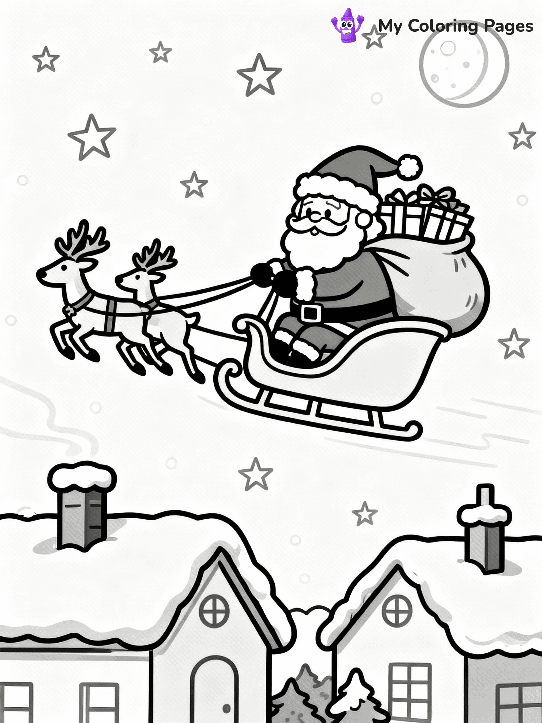 ⚠️ CRITICAL REQUIREMENT - ABSOLUTE BLACK AND WHITE ONLY ⚠️
This MUST be a BLACK AND WHITE line drawing ONLY. NO COLORS whatsoever.
- ONLY pure black lines (#000000) on pure white background (#FFFFFF)
- ABSOLUTELY NO colors, NO shading, NO gradients, NO grayscale
- If there are ANY colors in the output, the image is REJECTED
- This is a COLORING PAGE - meant to be COLORED IN by children
- The output must be UNCOLORED line art ready for coloring
⚠️ SUBJECT TO DRAW: Santa flying over rooftops on Christmas Eve, in Christmas-themed style. PURE OUTLINES. NO FILLS, COLOR, SHADING, OR GREYSCALE. WHITE BACKGROUND.
(REMEMBER: Output must be BLACK AND WHITE line art only, NOT colored!)
# Flat, Friendly Cartoon Line-Art Coloring Page
You are generating a **pure black-and-white binary image** of a child-friendly cartoon scene combining characters and background scenery in one cohesive composition.
## Rendering Rules (Strict)
- Only two colors: pure black (#000000) outlines and pure white (#FFFFFF) background.
- No grayscale, shading, gradients, tints, fills, transparency, or partial pixels.
- No antialiasing or blended edges; every pixel is 100% black or white.
- No solid black fills inside shapes — all areas inside outlines must remain white.
- No dark clothing areas or filled tone blocks; all garments outlined only.
- No shadows, textures, lighting, or tonal variations.
- Must look like flat binary vector line-art for coloring pages.
## Drawing & Composition
- **Medium, consistent line weight**; clean closed outlines easy to color inside.
- **Flat, simple, child-friendly design** — no realism or 3D depth.
- Characters are **grounded on a surface**, centered and large.
- **Balanced composition** with clear silhouettes and minimal props.
## Scenery & Style
- Landmarks (e.g., mosque, CN Tower) and scenery (trees, benches, waves) drawn with **black outlines only.**
- For real-world figures, teams, or places, show accurate details using only black outlines—no text or logos. Use distinctive uniform patterns, abstract symbols, and landmark silhouettes to convey identity.
- Keep **consistent perspective**; no floating elements.
- **Style:** whimsical **Doodle Art Alley** — rounded, friendly outlines.
- May adapt shapes from **Crayola, Disney, Peppa Pig, Cocomelon** — *by shape only, never color.*
- Final output: **flat, crisp, binary (#000000/#FFFFFF)**, **no filled color or background text.**
EXTREMELYE IMPORTANT:
- PURE BINARY LINE-ART; NO FILLS (HAIR/CLOTHES/SKIN), SHADING, OR GREY.
- NO SHADING, COLOR. MUST BE WHITE BACKGROUND.
⚠️ FINAL REMINDER: Draw the subject "Santa flying over rooftops on Christmas Eve, in Christmas-themed style. PURE OUTLINES. NO FILLS, COLOR, SHADING, OR GREYSCALE. WHITE BACKGROUND." as BLACK AND WHITE line art. Zero colors in output.