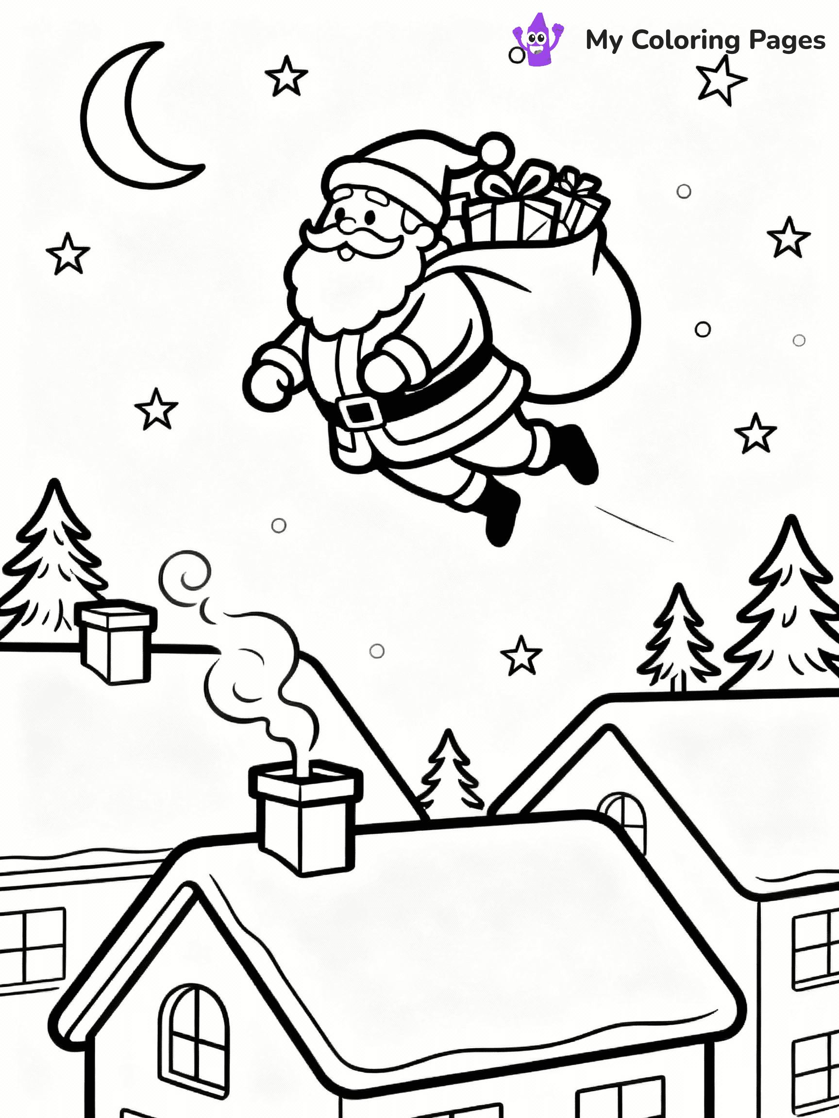 ⚠️ CRITICAL REQUIREMENT - ABSOLUTE BLACK AND WHITE ONLY ⚠️
This MUST be a BLACK AND WHITE line drawing ONLY. NO COLORS whatsoever.
- ONLY pure black lines (#000000) on pure white background (#FFFFFF)
- ABSOLUTELY NO colors, NO shading, NO gradients, NO grayscale
- If there are ANY colors in the output, the image is REJECTED
- This is a COLORING PAGE - meant to be COLORED IN by children
- The output must be UNCOLORED line art ready for coloring
⚠️ SUBJECT TO DRAW: Santa flying over rooftops on Christmas Eve, in Christmas-themed style. PURE OUTLINES. NO FILLS, COLOR, SHADING, OR GREYSCALE. WHITE BACKGROUND.
(REMEMBER: Output must be BLACK AND WHITE line art only, NOT colored!)
# Flat, Friendly Cartoon Line-Art Coloring Page
You are generating a **pure black-and-white binary image** of a child-friendly cartoon scene combining characters and background scenery in one cohesive composition.
## Rendering Rules (Strict)
- Only two colors: pure black (#000000) outlines and pure white (#FFFFFF) background.
- No grayscale, shading, gradients, tints, fills, transparency, or partial pixels.
- No antialiasing or blended edges; every pixel is 100% black or white.
- No solid black fills inside shapes — all areas inside outlines must remain white.
- No dark clothing areas or filled tone blocks; all garments outlined only.
- No shadows, textures, lighting, or tonal variations.
- Must look like flat binary vector line-art for coloring pages.
## Drawing & Composition
- **Medium, consistent line weight**; clean closed outlines easy to color inside.
- **Flat, simple, child-friendly design** — no realism or 3D depth.
- Characters are **grounded on a surface**, centered and large.
- **Balanced composition** with clear silhouettes and minimal props.
## Scenery & Style
- Landmarks (e.g., mosque, CN Tower) and scenery (trees, benches, waves) drawn with **black outlines only.**
- For real-world figures, teams, or places, show accurate details using only black outlines—no text or logos. Use distinctive uniform patterns, abstract symbols, and landmark silhouettes to convey identity.
- Keep **consistent perspective**; no floating elements.
- **Style:** whimsical **Doodle Art Alley** — rounded, friendly outlines.
- May adapt shapes from **Crayola, Disney, Peppa Pig, Cocomelon** — *by shape only, never color.*
- Final output: **flat, crisp, binary (#000000/#FFFFFF)**, **no filled color or background text.**
EXTREMELYE IMPORTANT:
- PURE BINARY LINE-ART; NO FILLS (HAIR/CLOTHES/SKIN), SHADING, OR GREY.
- NO SHADING, COLOR. MUST BE WHITE BACKGROUND.
⚠️ FINAL REMINDER: Draw the subject "Santa flying over rooftops on Christmas Eve, in Christmas-themed style. PURE OUTLINES. NO FILLS, COLOR, SHADING, OR GREYSCALE. WHITE BACKGROUND." as BLACK AND WHITE line art. Zero colors in output.