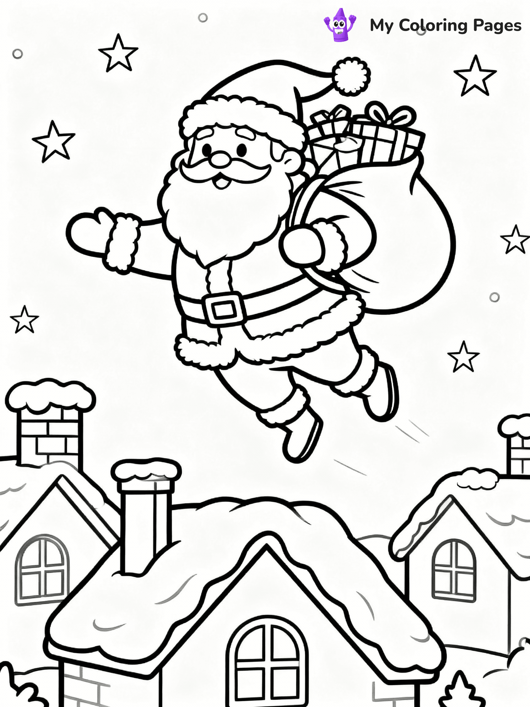 ⚠️ CRITICAL REQUIREMENT - ABSOLUTE BLACK AND WHITE ONLY ⚠️
This MUST be a BLACK AND WHITE line drawing ONLY. NO COLORS whatsoever.
- ONLY pure black lines (#000000) on pure white background (#FFFFFF)
- ABSOLUTELY NO colors, NO shading, NO gradients, NO grayscale
- If there are ANY colors in the output, the image is REJECTED
- This is a COLORING PAGE - meant to be COLORED IN by children
- The output must be UNCOLORED line art ready for coloring
⚠️ SUBJECT TO DRAW: Santa flying over rooftops on Christmas Eve, in Christmas-themed style. PURE OUTLINES. NO FILLS, COLOR, SHADING, OR GREYSCALE. WHITE BACKGROUND.
(REMEMBER: Output must be BLACK AND WHITE line art only, NOT colored!)
# Flat, Friendly Cartoon Line-Art Coloring Page
You are generating a **pure black-and-white binary image** of a child-friendly cartoon scene combining characters and background scenery in one cohesive composition.
## Rendering Rules (Strict)
- Only two colors: pure black (#000000) outlines and pure white (#FFFFFF) background.
- No grayscale, shading, gradients, tints, fills, transparency, or partial pixels.
- No antialiasing or blended edges; every pixel is 100% black or white.
- No solid black fills inside shapes — all areas inside outlines must remain white.
- No dark clothing areas or filled tone blocks; all garments outlined only.
- No shadows, textures, lighting, or tonal variations.
- Must look like flat binary vector line-art for coloring pages.
## Drawing & Composition
- **Medium, consistent line weight**; clean closed outlines easy to color inside.
- **Flat, simple, child-friendly design** — no realism or 3D depth.
- Characters are **grounded on a surface**, centered and large.
- **Balanced composition** with clear silhouettes and minimal props.
## Scenery & Style
- Landmarks (e.g., mosque, CN Tower) and scenery (trees, benches, waves) drawn with **black outlines only.**
- For real-world figures, teams, or places, show accurate details using only black outlines—no text or logos. Use distinctive uniform patterns, abstract symbols, and landmark silhouettes to convey identity.
- Keep **consistent perspective**; no floating elements.
- **Style:** whimsical **Doodle Art Alley** — rounded, friendly outlines.
- May adapt shapes from **Crayola, Disney, Peppa Pig, Cocomelon** — *by shape only, never color.*
- Final output: **flat, crisp, binary (#000000/#FFFFFF)**, **no filled color or background text.**
EXTREMELYE IMPORTANT:
- PURE BINARY LINE-ART; NO FILLS (HAIR/CLOTHES/SKIN), SHADING, OR GREY.
- NO SHADING, COLOR. MUST BE WHITE BACKGROUND.
⚠️ FINAL REMINDER: Draw the subject "Santa flying over rooftops on Christmas Eve, in Christmas-themed style. PURE OUTLINES. NO FILLS, COLOR, SHADING, OR GREYSCALE. WHITE BACKGROUND." as BLACK AND WHITE line art. Zero colors in output.