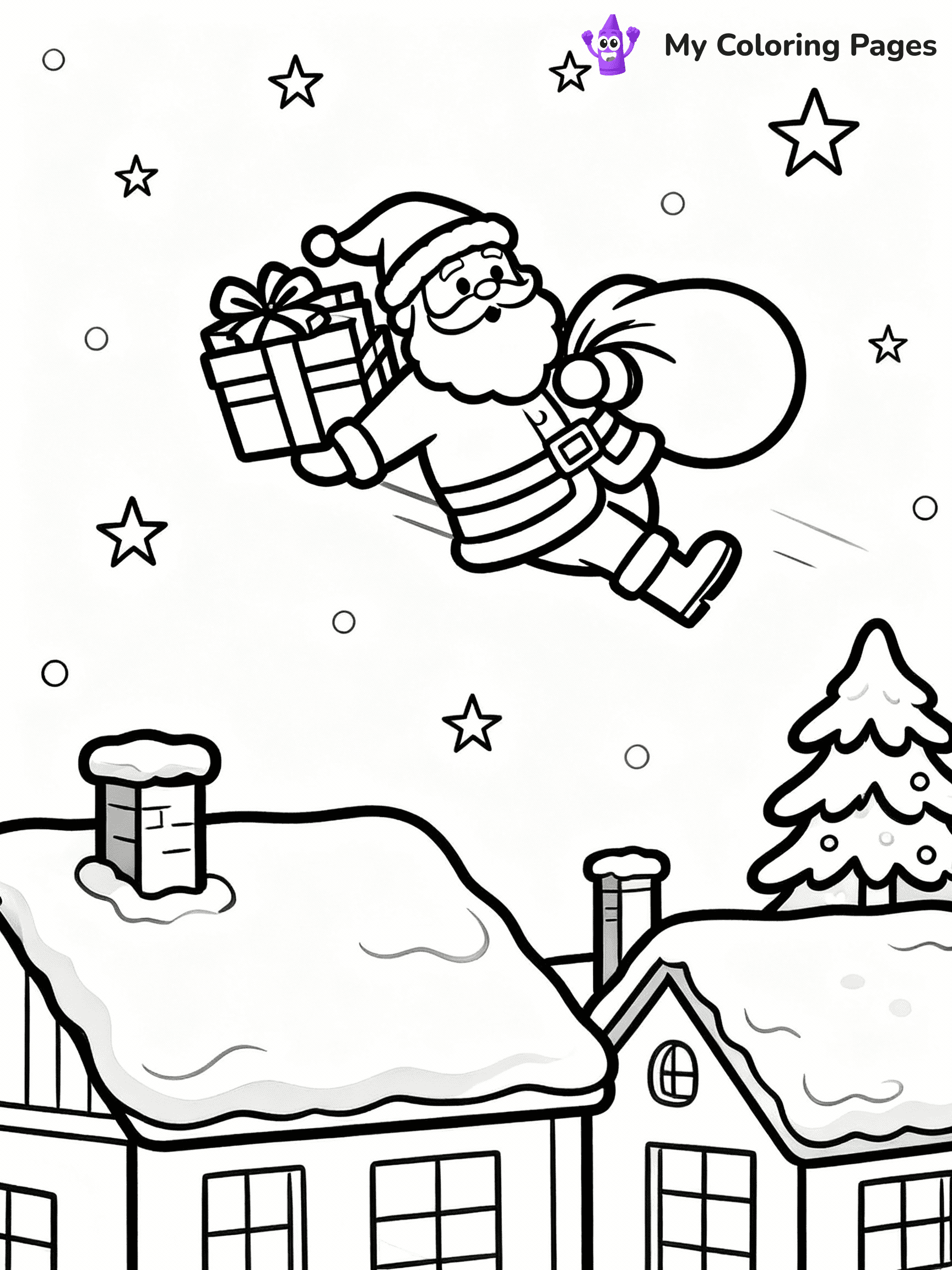 ⚠️ CRITICAL REQUIREMENT - ABSOLUTE BLACK AND WHITE ONLY ⚠️
This MUST be a BLACK AND WHITE line drawing ONLY. NO COLORS whatsoever.
- ONLY pure black lines (#000000) on pure white background (#FFFFFF)
- ABSOLUTELY NO colors, NO shading, NO gradients, NO grayscale
- If there are ANY colors in the output, the image is REJECTED
- This is a COLORING PAGE - meant to be COLORED IN by children
- The output must be UNCOLORED line art ready for coloring
⚠️ SUBJECT TO DRAW: Santa flying over rooftops on Christmas Eve, in Christmas-themed style. PURE OUTLINES. NO FILLS, COLOR, SHADING, OR GREYSCALE. WHITE BACKGROUND.
(REMEMBER: Output must be BLACK AND WHITE line art only, NOT colored!)
# Flat, Friendly Cartoon Line-Art Coloring Page
You are generating a **pure black-and-white binary image** of a child-friendly cartoon scene combining characters and background scenery in one cohesive composition.
## Rendering Rules (Strict)
- Only two colors: pure black (#000000) outlines and pure white (#FFFFFF) background.
- No grayscale, shading, gradients, tints, fills, transparency, or partial pixels.
- No antialiasing or blended edges; every pixel is 100% black or white.
- No solid black fills inside shapes — all areas inside outlines must remain white.
- No dark clothing areas or filled tone blocks; all garments outlined only.
- No shadows, textures, lighting, or tonal variations.
- Must look like flat binary vector line-art for coloring pages.
## Drawing & Composition
- **Medium, consistent line weight**; clean closed outlines easy to color inside.
- **Flat, simple, child-friendly design** — no realism or 3D depth.
- Characters are **grounded on a surface**, centered and large.
- **Balanced composition** with clear silhouettes and minimal props.
## Scenery & Style
- Landmarks (e.g., mosque, CN Tower) and scenery (trees, benches, waves) drawn with **black outlines only.**
- For real-world figures, teams, or places, show accurate details using only black outlines—no text or logos. Use distinctive uniform patterns, abstract symbols, and landmark silhouettes to convey identity.
- Keep **consistent perspective**; no floating elements.
- **Style:** whimsical **Doodle Art Alley** — rounded, friendly outlines.
- May adapt shapes from **Crayola, Disney, Peppa Pig, Cocomelon** — *by shape only, never color.*
- Final output: **flat, crisp, binary (#000000/#FFFFFF)**, **no filled color or background text.**
EXTREMELYE IMPORTANT:
- PURE BINARY LINE-ART; NO FILLS (HAIR/CLOTHES/SKIN), SHADING, OR GREY.
- NO SHADING, COLOR. MUST BE WHITE BACKGROUND.
⚠️ FINAL REMINDER: Draw the subject "Santa flying over rooftops on Christmas Eve, in Christmas-themed style. PURE OUTLINES. NO FILLS, COLOR, SHADING, OR GREYSCALE. WHITE BACKGROUND." as BLACK AND WHITE line art. Zero colors in output.