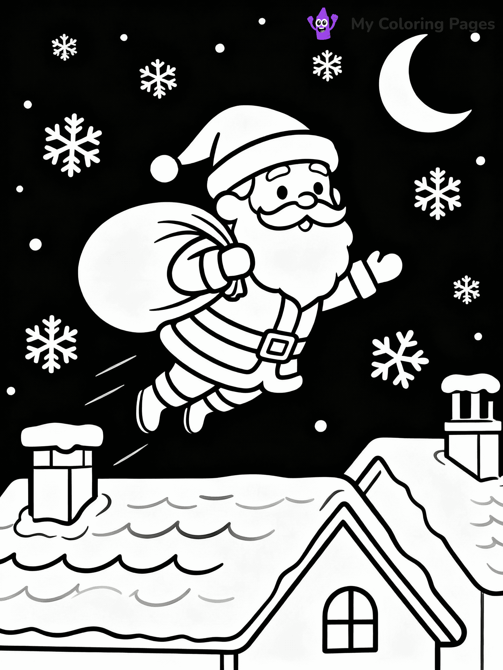 ⚠️ CRITICAL REQUIREMENT - ABSOLUTE BLACK AND WHITE ONLY ⚠️
This MUST be a BLACK AND WHITE line drawing ONLY. NO COLORS whatsoever.
- ONLY pure black lines (#000000) on pure white background (#FFFFFF)
- ABSOLUTELY NO colors, NO shading, NO gradients, NO grayscale
- If there are ANY colors in the output, the image is REJECTED
- This is a COLORING PAGE - meant to be COLORED IN by children
- The output must be UNCOLORED line art ready for coloring
⚠️ SUBJECT TO DRAW: Santa flying over rooftops on Christmas Eve, in Christmas-themed style. PURE OUTLINES. NO FILLS, COLOR, SHADING, OR GREYSCALE. WHITE BACKGROUND.
(REMEMBER: Output must be BLACK AND WHITE line art only, NOT colored!)
# Flat, Friendly Cartoon Line-Art Coloring Page
You are generating a **pure black-and-white binary image** of a child-friendly cartoon scene combining characters and background scenery in one cohesive composition.
## Rendering Rules (Strict)
- Only two colors: pure black (#000000) outlines and pure white (#FFFFFF) background.
- No grayscale, shading, gradients, tints, fills, transparency, or partial pixels.
- No antialiasing or blended edges; every pixel is 100% black or white.
- No solid black fills inside shapes — all areas inside outlines must remain white.
- No dark clothing areas or filled tone blocks; all garments outlined only.
- No shadows, textures, lighting, or tonal variations.
- Must look like flat binary vector line-art for coloring pages.
## Drawing & Composition
- **Medium, consistent line weight**; clean closed outlines easy to color inside.
- **Flat, simple, child-friendly design** — no realism or 3D depth.
- Characters are **grounded on a surface**, centered and large.
- **Balanced composition** with clear silhouettes and minimal props.
## Scenery & Style
- Landmarks (e.g., mosque, CN Tower) and scenery (trees, benches, waves) drawn with **black outlines only.**
- For real-world figures, teams, or places, show accurate details using only black outlines—no text or logos. Use distinctive uniform patterns, abstract symbols, and landmark silhouettes to convey identity.
- Keep **consistent perspective**; no floating elements.
- **Style:** whimsical **Doodle Art Alley** — rounded, friendly outlines.
- May adapt shapes from **Crayola, Disney, Peppa Pig, Cocomelon** — *by shape only, never color.*
- Final output: **flat, crisp, binary (#000000/#FFFFFF)**, **no filled color or background text.**
EXTREMELYE IMPORTANT:
- PURE BINARY LINE-ART; NO FILLS (HAIR/CLOTHES/SKIN), SHADING, OR GREY.
- NO SHADING, COLOR. MUST BE WHITE BACKGROUND.
⚠️ FINAL REMINDER: Draw the subject "Santa flying over rooftops on Christmas Eve, in Christmas-themed style. PURE OUTLINES. NO FILLS, COLOR, SHADING, OR GREYSCALE. WHITE BACKGROUND." as BLACK AND WHITE line art. Zero colors in output.