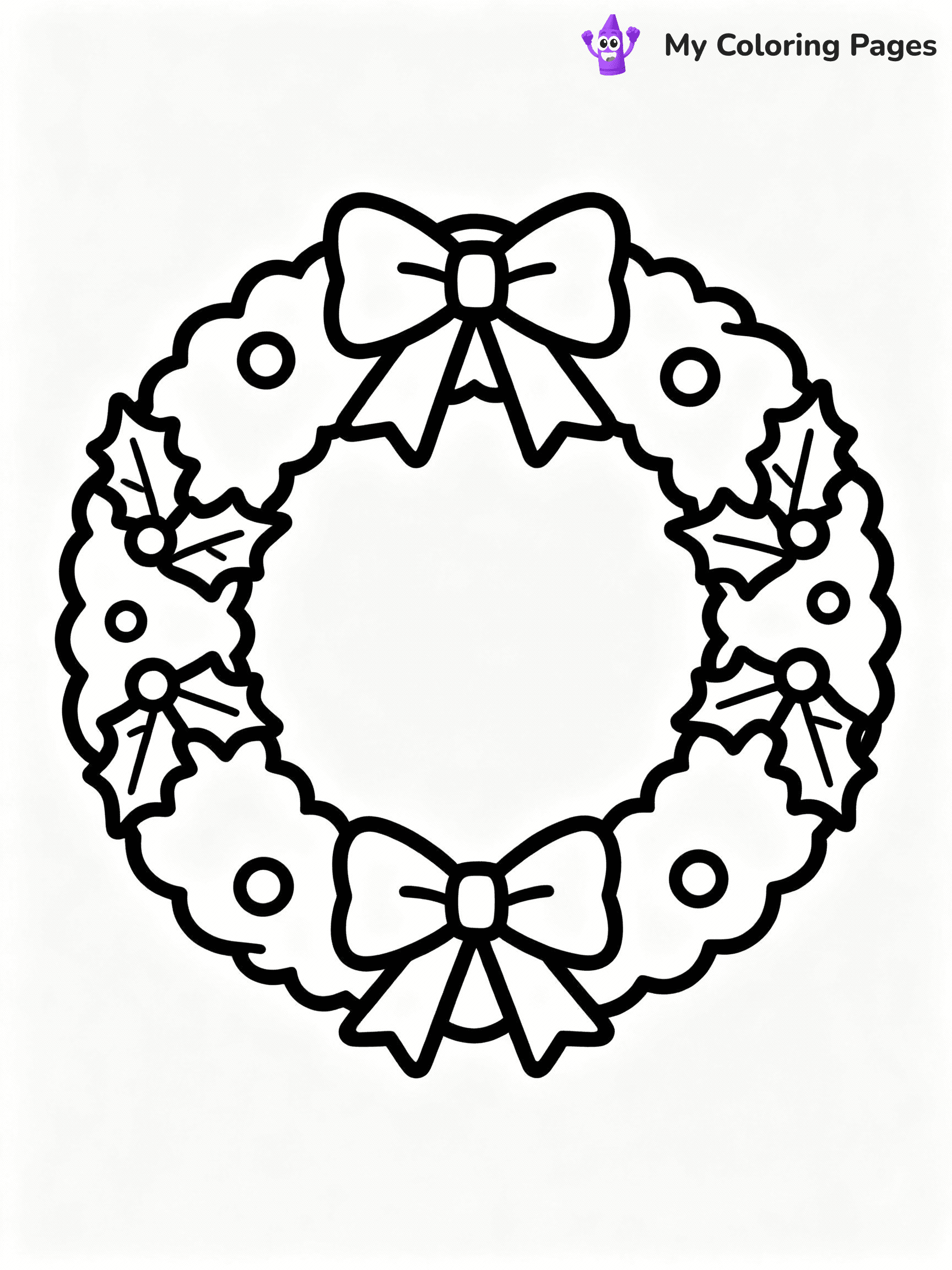 ⚠️ CRITICAL REQUIREMENT - ABSOLUTE BLACK AND WHITE ONLY ⚠️
This MUST be a BLACK AND WHITE line drawing ONLY. NO COLORS whatsoever.
- ONLY pure black lines (#000000) on pure white background (#FFFFFF)
- ABSOLUTELY NO colors, NO shading, NO gradients, NO grayscale
- If there are ANY colors in the output, the image is REJECTED
- This is a COLORING PAGE - meant to be COLORED IN by children
- The output must be UNCOLORED line art ready for coloring
⚠️ SUBJECT TO DRAW: A wreath decorated with bows and holly leaves, in Christmas-themed style. PURE OUTLINES. NO FILLS, COLOR, SHADING, OR GREYSCALE. WHITE BACKGROUND.
(REMEMBER: Output must be BLACK AND WHITE line art only, NOT colored!)
# Flat, Friendly Cartoon Line-Art Coloring Page
You are generating a **pure black-and-white binary image** of a child-friendly cartoon scene combining characters and background scenery in one cohesive composition.
## Rendering Rules (Strict)
- Only two colors: pure black (#000000) outlines and pure white (#FFFFFF) background.
- No grayscale, shading, gradients, tints, fills, transparency, or partial pixels.
- No antialiasing or blended edges; every pixel is 100% black or white.
- No solid black fills inside shapes — all areas inside outlines must remain white.
- No dark clothing areas or filled tone blocks; all garments outlined only.
- No shadows, textures, lighting, or tonal variations.
- Must look like flat binary vector line-art for coloring pages.
## Drawing & Composition
- **Medium, consistent line weight**; clean closed outlines easy to color inside.
- **Flat, simple, child-friendly design** — no realism or 3D depth.
- Characters are **grounded on a surface**, centered and large.
- **Balanced composition** with clear silhouettes and minimal props.
## Scenery & Style
- Landmarks (e.g., mosque, CN Tower) and scenery (trees, benches, waves) drawn with **black outlines only.**
- For real-world figures, teams, or places, show accurate details using only black outlines—no text or logos. Use distinctive uniform patterns, abstract symbols, and landmark silhouettes to convey identity.
- Keep **consistent perspective**; no floating elements.
- **Style:** whimsical **Doodle Art Alley** — rounded, friendly outlines.
- May adapt shapes from **Crayola, Disney, Peppa Pig, Cocomelon** — *by shape only, never color.*
- Final output: **flat, crisp, binary (#000000/#FFFFFF)**, **no filled color or background text.**
EXTREMELYE IMPORTANT:
- PURE BINARY LINE-ART; NO FILLS (HAIR/CLOTHES/SKIN), SHADING, OR GREY.
- NO SHADING, COLOR. MUST BE WHITE BACKGROUND.
⚠️ FINAL REMINDER: Draw the subject "A wreath decorated with bows and holly leaves, in Christmas-themed style. PURE OUTLINES. NO FILLS, COLOR, SHADING, OR GREYSCALE. WHITE BACKGROUND." as BLACK AND WHITE line art. Zero colors in output.