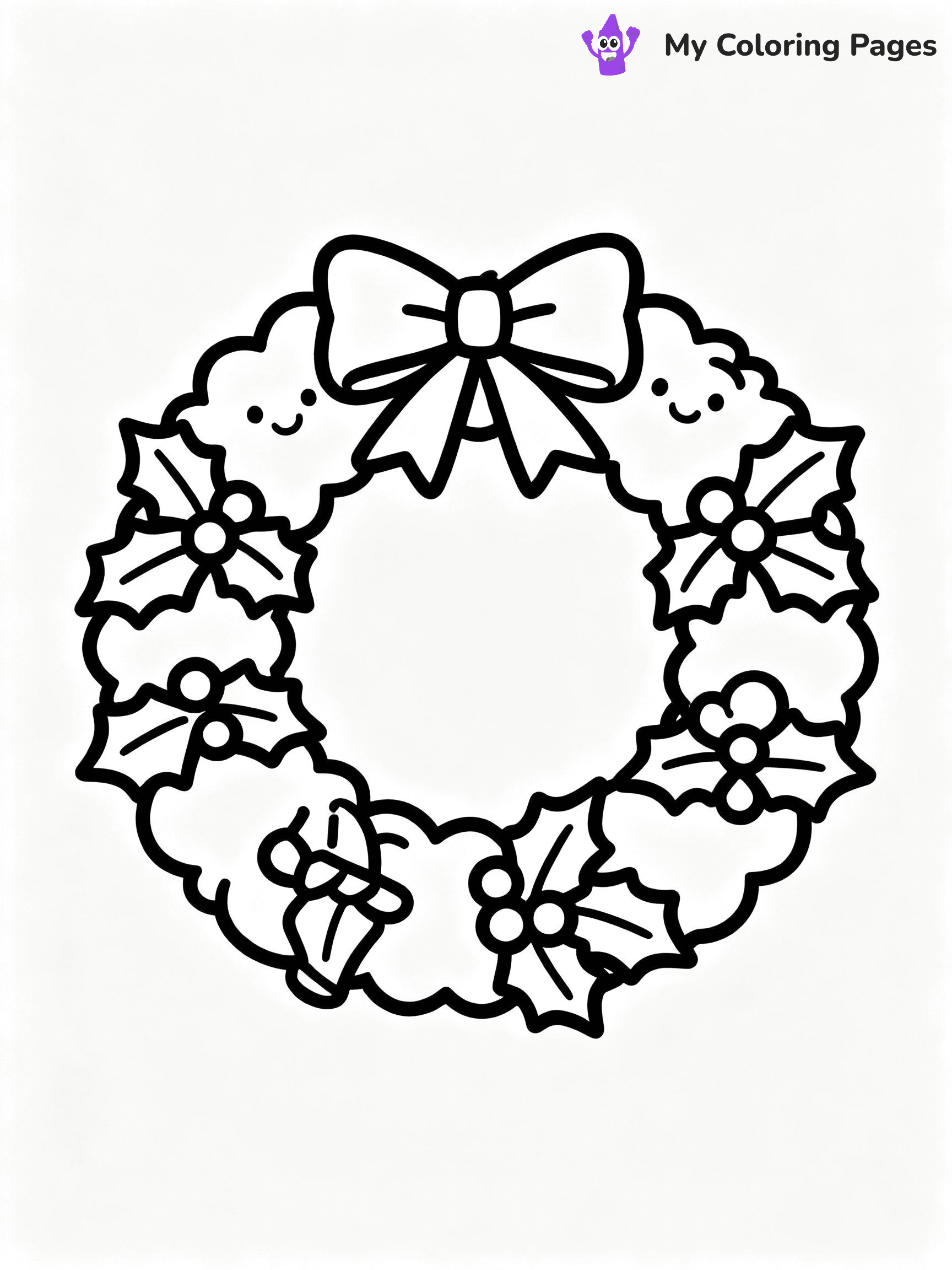 ⚠️ CRITICAL REQUIREMENT - ABSOLUTE BLACK AND WHITE ONLY ⚠️
This MUST be a BLACK AND WHITE line drawing ONLY. NO COLORS whatsoever.
- ONLY pure black lines (#000000) on pure white background (#FFFFFF)
- ABSOLUTELY NO colors, NO shading, NO gradients, NO grayscale
- If there are ANY colors in the output, the image is REJECTED
- This is a COLORING PAGE - meant to be COLORED IN by children
- The output must be UNCOLORED line art ready for coloring
⚠️ SUBJECT TO DRAW: A wreath decorated with bows and holly leaves, in Christmas-themed style. PURE OUTLINES. NO FILLS, COLOR, SHADING, OR GREYSCALE. WHITE BACKGROUND.
(REMEMBER: Output must be BLACK AND WHITE line art only, NOT colored!)
# Flat, Friendly Cartoon Line-Art Coloring Page
You are generating a **pure black-and-white binary image** of a child-friendly cartoon scene combining characters and background scenery in one cohesive composition.
## Rendering Rules (Strict)
- Only two colors: pure black (#000000) outlines and pure white (#FFFFFF) background.
- No grayscale, shading, gradients, tints, fills, transparency, or partial pixels.
- No antialiasing or blended edges; every pixel is 100% black or white.
- No solid black fills inside shapes — all areas inside outlines must remain white.
- No dark clothing areas or filled tone blocks; all garments outlined only.
- No shadows, textures, lighting, or tonal variations.
- Must look like flat binary vector line-art for coloring pages.
## Drawing & Composition
- **Medium, consistent line weight**; clean closed outlines easy to color inside.
- **Flat, simple, child-friendly design** — no realism or 3D depth.
- Characters are **grounded on a surface**, centered and large.
- **Balanced composition** with clear silhouettes and minimal props.
## Scenery & Style
- Landmarks (e.g., mosque, CN Tower) and scenery (trees, benches, waves) drawn with **black outlines only.**
- For real-world figures, teams, or places, show accurate details using only black outlines—no text or logos. Use distinctive uniform patterns, abstract symbols, and landmark silhouettes to convey identity.
- Keep **consistent perspective**; no floating elements.
- **Style:** whimsical **Doodle Art Alley** — rounded, friendly outlines.
- May adapt shapes from **Crayola, Disney, Peppa Pig, Cocomelon** — *by shape only, never color.*
- Final output: **flat, crisp, binary (#000000/#FFFFFF)**, **no filled color or background text.**
EXTREMELYE IMPORTANT:
- PURE BINARY LINE-ART; NO FILLS (HAIR/CLOTHES/SKIN), SHADING, OR GREY.
- NO SHADING, COLOR. MUST BE WHITE BACKGROUND.
⚠️ FINAL REMINDER: Draw the subject "A wreath decorated with bows and holly leaves, in Christmas-themed style. PURE OUTLINES. NO FILLS, COLOR, SHADING, OR GREYSCALE. WHITE BACKGROUND." as BLACK AND WHITE line art. Zero colors in output.