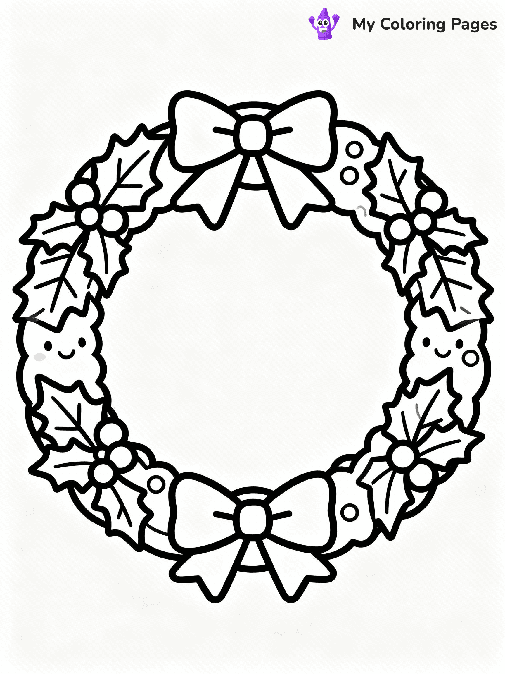 ⚠️ CRITICAL REQUIREMENT - ABSOLUTE BLACK AND WHITE ONLY ⚠️
This MUST be a BLACK AND WHITE line drawing ONLY. NO COLORS whatsoever.
- ONLY pure black lines (#000000) on pure white background (#FFFFFF)
- ABSOLUTELY NO colors, NO shading, NO gradients, NO grayscale
- If there are ANY colors in the output, the image is REJECTED
- This is a COLORING PAGE - meant to be COLORED IN by children
- The output must be UNCOLORED line art ready for coloring
⚠️ SUBJECT TO DRAW: A wreath decorated with bows and holly leaves, in Christmas-themed style. PURE OUTLINES. NO FILLS, COLOR, SHADING, OR GREYSCALE. WHITE BACKGROUND.
(REMEMBER: Output must be BLACK AND WHITE line art only, NOT colored!)
# Flat, Friendly Cartoon Line-Art Coloring Page
You are generating a **pure black-and-white binary image** of a child-friendly cartoon scene combining characters and background scenery in one cohesive composition.
## Rendering Rules (Strict)
- Only two colors: pure black (#000000) outlines and pure white (#FFFFFF) background.
- No grayscale, shading, gradients, tints, fills, transparency, or partial pixels.
- No antialiasing or blended edges; every pixel is 100% black or white.
- No solid black fills inside shapes — all areas inside outlines must remain white.
- No dark clothing areas or filled tone blocks; all garments outlined only.
- No shadows, textures, lighting, or tonal variations.
- Must look like flat binary vector line-art for coloring pages.
## Drawing & Composition
- **Medium, consistent line weight**; clean closed outlines easy to color inside.
- **Flat, simple, child-friendly design** — no realism or 3D depth.
- Characters are **grounded on a surface**, centered and large.
- **Balanced composition** with clear silhouettes and minimal props.
## Scenery & Style
- Landmarks (e.g., mosque, CN Tower) and scenery (trees, benches, waves) drawn with **black outlines only.**
- For real-world figures, teams, or places, show accurate details using only black outlines—no text or logos. Use distinctive uniform patterns, abstract symbols, and landmark silhouettes to convey identity.
- Keep **consistent perspective**; no floating elements.
- **Style:** whimsical **Doodle Art Alley** — rounded, friendly outlines.
- May adapt shapes from **Crayola, Disney, Peppa Pig, Cocomelon** — *by shape only, never color.*
- Final output: **flat, crisp, binary (#000000/#FFFFFF)**, **no filled color or background text.**
EXTREMELYE IMPORTANT:
- PURE BINARY LINE-ART; NO FILLS (HAIR/CLOTHES/SKIN), SHADING, OR GREY.
- NO SHADING, COLOR. MUST BE WHITE BACKGROUND.
⚠️ FINAL REMINDER: Draw the subject "A wreath decorated with bows and holly leaves, in Christmas-themed style. PURE OUTLINES. NO FILLS, COLOR, SHADING, OR GREYSCALE. WHITE BACKGROUND." as BLACK AND WHITE line art. Zero colors in output.