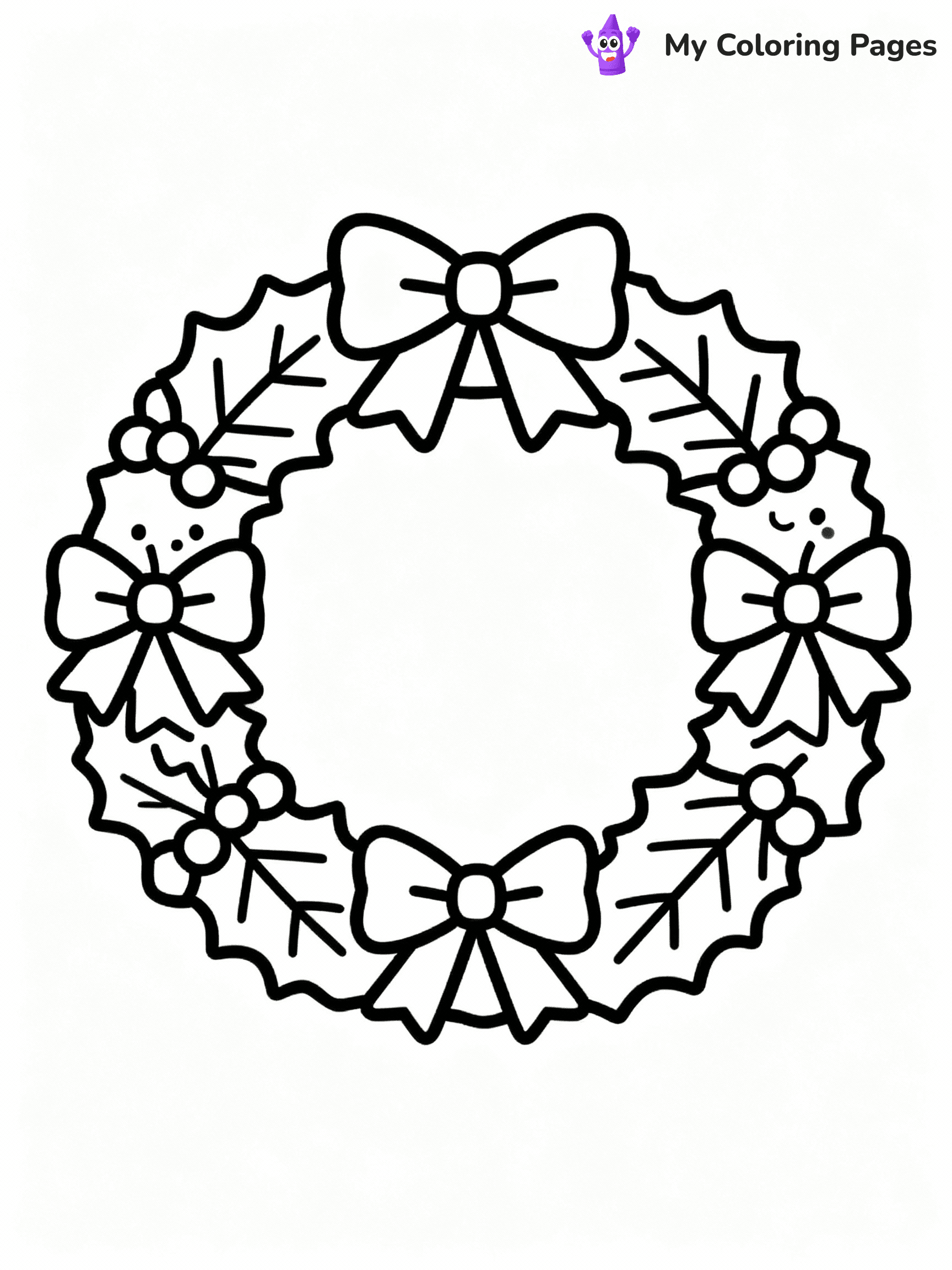 ⚠️ CRITICAL REQUIREMENT - ABSOLUTE BLACK AND WHITE ONLY ⚠️
This MUST be a BLACK AND WHITE line drawing ONLY. NO COLORS whatsoever.
- ONLY pure black lines (#000000) on pure white background (#FFFFFF)
- ABSOLUTELY NO colors, NO shading, NO gradients, NO grayscale
- If there are ANY colors in the output, the image is REJECTED
- This is a COLORING PAGE - meant to be COLORED IN by children
- The output must be UNCOLORED line art ready for coloring
⚠️ SUBJECT TO DRAW: A wreath decorated with bows and holly leaves, in Christmas-themed style. PURE OUTLINES. NO FILLS, COLOR, SHADING, OR GREYSCALE. WHITE BACKGROUND.
(REMEMBER: Output must be BLACK AND WHITE line art only, NOT colored!)
# Flat, Friendly Cartoon Line-Art Coloring Page
You are generating a **pure black-and-white binary image** of a child-friendly cartoon scene combining characters and background scenery in one cohesive composition.
## Rendering Rules (Strict)
- Only two colors: pure black (#000000) outlines and pure white (#FFFFFF) background.
- No grayscale, shading, gradients, tints, fills, transparency, or partial pixels.
- No antialiasing or blended edges; every pixel is 100% black or white.
- No solid black fills inside shapes — all areas inside outlines must remain white.
- No dark clothing areas or filled tone blocks; all garments outlined only.
- No shadows, textures, lighting, or tonal variations.
- Must look like flat binary vector line-art for coloring pages.
## Drawing & Composition
- **Medium, consistent line weight**; clean closed outlines easy to color inside.
- **Flat, simple, child-friendly design** — no realism or 3D depth.
- Characters are **grounded on a surface**, centered and large.
- **Balanced composition** with clear silhouettes and minimal props.
## Scenery & Style
- Landmarks (e.g., mosque, CN Tower) and scenery (trees, benches, waves) drawn with **black outlines only.**
- For real-world figures, teams, or places, show accurate details using only black outlines—no text or logos. Use distinctive uniform patterns, abstract symbols, and landmark silhouettes to convey identity.
- Keep **consistent perspective**; no floating elements.
- **Style:** whimsical **Doodle Art Alley** — rounded, friendly outlines.
- May adapt shapes from **Crayola, Disney, Peppa Pig, Cocomelon** — *by shape only, never color.*
- Final output: **flat, crisp, binary (#000000/#FFFFFF)**, **no filled color or background text.**
EXTREMELYE IMPORTANT:
- PURE BINARY LINE-ART; NO FILLS (HAIR/CLOTHES/SKIN), SHADING, OR GREY.
- NO SHADING, COLOR. MUST BE WHITE BACKGROUND.
⚠️ FINAL REMINDER: Draw the subject "A wreath decorated with bows and holly leaves, in Christmas-themed style. PURE OUTLINES. NO FILLS, COLOR, SHADING, OR GREYSCALE. WHITE BACKGROUND." as BLACK AND WHITE line art. Zero colors in output.